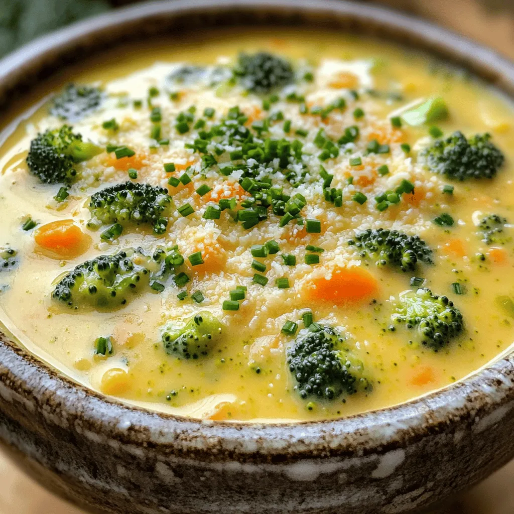 - 1 tablespoon olive oil - 1 small onion, diced - 2 cloves garlic, minced - 4 cups broccoli florets (fresh or frozen) - 4 cups vegetable broth - 2 medium carrots, diced - 1 teaspoon dried thyme - 1 teaspoon mustard powder - 1 cup heavy cream - 2 cups shredded sharp cheddar cheese - Salt and pepper to taste - ¼ cup grated Parmesan cheese (for garnish) - Fresh chives, chopped (for garnish) The first step in making creamy broccoli cheddar soup is gathering the right ingredients. Fresh or frozen broccoli florets work well. I love using sharp cheddar to give the soup a bold flavor. The heavy cream adds richness and creaminess. - If you want a lighter soup, use milk instead of heavy cream. - For a dairy-free version, try coconut milk or almond milk. - You can mix different cheeses, like gouda or mozzarella, for fun flavors. These substitutions allow you to tailor the soup to your taste or dietary needs. Remember, the key is to keep the balance of flavors. - Each serving has about 350 calories. - It provides a good mix of carbs, fats, and protein. - Broccoli is full of vitamins and fiber, making this soup a healthy choice. Broccoli offers benefits like supporting digestion and boosting the immune system. This soup not only comforts you but also nourishes your body. First, I heat the olive oil in a large pot over medium heat. I add the diced onion and sauté it for about five minutes. The onion becomes soft and clear. Then, I toss in the minced garlic and cook for one more minute. The garlic should smell great at this point. Next, I stir in the broccoli florets and diced carrots. I cook them for three to four minutes. They should start to soften but not lose their crunch. After that, I pour in the vegetable broth. I also add the dried thyme and mustard powder. I bring the mix to a simmer and cook for about 15 minutes. The broccoli should be tender but still bright green. For blending, I love using an immersion blender. It makes the soup so smooth without extra dishes. I blend until it reaches my favorite texture—smooth or a bit chunky. If I don’t have an immersion blender, I pour the soup into a countertop blender. I do this in batches, making sure not to fill it too high. Now it’s time for the best part! I return the blended soup to the pot and stir in the heavy cream. I heat it gently over low to medium heat. I want it warm but not boiling. Then, I add the shredded sharp cheddar cheese slowly. I stir until it’s fully melted and mixed in. Finally, I season with salt and pepper to taste. For a nice finish, I garnish each bowl with grated Parmesan cheese and chopped fresh chives. To make your soup shine, sauté the onions well. Heat olive oil in a pot. Add diced onions and cook until they turn soft and clear, about five minutes. This step builds a strong flavor base. When you add garlic, do not cook it too long. One minute is perfect to keep its fresh taste. When adding cream, keep the heat low. This avoids curdling. Stir in the cream gently after blending the soup. Heat it just enough to warm through. If it boils, the cream may separate, which you want to avoid. You can add spices to boost the flavor. Try a pinch of smoked paprika or a dash of cayenne for warmth. A sprinkle of nutmeg adds a nice depth too. Balance flavors with salt and pepper. Taste as you go to find the right balance. Serve this soup with crusty bread or a fresh salad. A simple garden salad pairs well. For a fun twist, use a bread bowl. It's a delicious way to enjoy every bit of the soup. Garnish with grated Parmesan and chopped chives for added color and taste. You can also add a drizzle of olive oil for richness. {{image_2}} You can change the cheese to fit your taste. Cheese blends work great. Try mixing sharp cheddar with Gruyère for a rich flavor. If you want a lighter taste, use mozzarella. For those who prefer vegan options, there are tasty vegan cheeses. Look for brands that melt well. They can replace dairy cheese nicely. Want to make it heartier? Add protein! Chicken or bacon can add great flavor. Cook the chicken in the soup or add crispy bacon on top. You can also add more veggies. Peas, corn, or even spinach can add color and flavor. Just toss them in with the broccoli and carrots. Seasonal changes can spice up this soup. In spring, add fresh peas for a pop of sweetness. They cook fast and add a nice crunch. In fall, try pumpkin or squash. They add creaminess and a touch of sweetness. Just roast them first for extra flavor. These changes keep the soup fresh all year round. To store your creamy broccoli cheddar soup, first let it cool. Then, pour it into an airtight container. This keeps it fresh and tasty. It will stay good in the fridge for about 3 to 4 days. Always check for any changes in smell or color before enjoying it again. If you want to keep the soup longer, freezing is a great option. Start by letting the soup cool completely. Pour it into freezer-safe bags or containers. Leave some space at the top, as the soup will expand. It can last in the freezer for up to 3 months. When you’re ready to eat, thaw it overnight in the fridge. To reheat, warm it gently on the stove, stirring well. You might need to add a splash of broth or cream to restore its creaminess. You can make this soup ahead of time for easy meals. Cook a big batch and store it as I mentioned earlier. Portion it into containers for quick lunches or dinners. You can also freeze individual servings for even more convenience. This way, you’ll always have a warm bowl of comfort ready when you need it! To thicken your broccoli cheddar soup, you can use several common thickening agents. Here are a few options: - Cornstarch: Mix equal parts cornstarch and cold water. Stir this into the soup and let it cook until thickened. - Flour: Make a roux by cooking equal parts flour and butter, then add this to the soup. - Potatoes: Add diced potatoes while cooking. They can break down and thicken the soup naturally. - Cream: A bit more heavy cream will add richness and thickness. Each agent has its own flavor and texture. Experiment to see what you prefer! Yes, you can make this soup in advance, which is great for meal prep. Here are best practices: - Cool before storing: Let the soup cool down before placing it in the fridge. - Use airtight containers: Store it in sealed containers to keep it fresh. - Reheat gently: When ready to serve, reheat slowly over low heat to prevent curdling. Making it ahead saves time and tastes even better after the flavors meld! This soup can be gluten-free, but you must check your ingredients. - Broth: Ensure your vegetable broth is gluten-free. Some brands add gluten. - Thickening agents: Use cornstarch instead of flour to keep it gluten-free. - Cheese: Most cheese is gluten-free, but double-check labels for any additives. With simple swaps, you can enjoy a delicious gluten-free version! This blog post covered how to make a delicious broccoli cheddar soup. We shared the key ingredients, nutritional benefits, and steps for perfect preparation. I offered tips for enhancing flavor and recommended variations to suit your taste. You’ll find storage tips for leftovers and meal prep ideas. Enjoy making this soup at home. It can warm your heart and impress your guests!