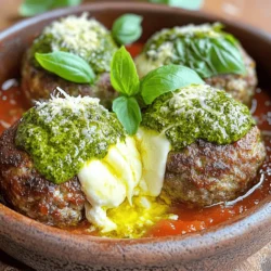 - 1 lb ground beef - 1/2 lb ground pork (optional, substitute with more beef if desired) - 1 cup breadcrumbs - 1/4 cup grated Parmesan cheese - 1/4 cup fresh basil, chopped - 1 egg - 1 tablespoon garlic, minced - 1/2 teaspoon salt - 1/4 teaspoon black pepper - 1 cup mozzarella cheese, diced into small cubes For these meatballs, I love using a mix of ground beef and pork. The beef adds flavor, while the pork keeps them moist. If you prefer, just use all beef. The cheese is key. I use mozzarella for the gooey center and Parmesan for a savory kick. Fresh basil makes a great addition, giving a nice herbal touch. - 1/2 cup pesto sauce (store-bought or homemade) - 1 jar marinara sauce (for serving) For serving, I like to use pesto sauce. It adds a rich flavor and pairs well with meatballs. You can use store-bought or make your own for a fresh taste. Marinara sauce is also a must for drizzling over the meatballs. It adds a nice, tangy contrast. These ingredients come together to create a dish that everyone will love. To start, gather your ingredients. You will need: - 1 lb ground beef - 1/2 lb ground pork (optional) - 1 cup breadcrumbs - 1/4 cup grated Parmesan cheese - 1/4 cup fresh basil, chopped - 1 egg - 1 tablespoon garlic, minced - 1/2 teaspoon salt - 1/4 teaspoon black pepper In a large bowl, combine the ground beef and pork, if using. Add in the breadcrumbs, Parmesan cheese, and chopped basil. Crack the egg into the bowl, then add the minced garlic, salt, and black pepper. Mix everything well with your hands or a spoon until it is fully combined. This mixture will be the base for your meatballs. Next, it’s time to form the meatballs. Take a portion of the meat mixture, about the size of a golf ball. Flatten it slightly in your palm. Now, it’s time to add the cheese. Place a cube of mozzarella cheese in the center. Carefully fold the meat around the cheese, sealing it tightly. Make sure no cheese is showing. This step is key, as you want the cheese to melt inside the meatball. Repeat this process until you have formed all the meatballs. Now, let’s cook the meatballs. Preheat your oven to 400°F (200°C). Line a baking sheet with parchment paper. Place the meatballs on the sheet, giving them enough space. Bake the meatballs in the preheated oven for 20-25 minutes. You want them to be browned and cooked through. In the last 5 minutes of cooking, take the meatballs out. Spoon a little pesto sauce over each one. This adds great flavor. Return the meatballs to the oven for the final baking time. While the meatballs cook, heat marinara sauce in a saucepan over medium heat until it is warm. Serve the meatballs topped with marinara sauce and some fresh basil if you like. To bake meatballs evenly, use a parchment-lined baking sheet. This helps with even browning and clean-up. Space the meatballs apart so heat can circulate around them. This way, they cook well on all sides. To ensure the meatballs are cooked through, use a meat thermometer. The internal temperature should reach 160°F (71°C). If you don’t have a thermometer, cut one in half. The center should no longer be pink, and the juices should run clear. For a fresh taste, I recommend making your own pesto. Use fresh basil, garlic, and nuts. This adds flavor and a personal touch. If you choose store-bought pesto, look for brands with minimal additives. You can also enhance flavor by adding herbs. Try adding oregano or thyme to the meat mixture. A pinch of crushed red pepper can add heat, too. These tweaks offer variety and keep each batch unique. {{image_2}} You can switch up the meat in these meatballs. Use turkey or chicken instead of beef and pork. This makes the dish lighter and gives it a different flavor. If you want a vegan option, try plant-based ground meat. There are many good brands available today. You can also use lentils or mushrooms to add a rich taste. You don’t have to stick with just one type of marinara sauce. Experiment with different styles! You might enjoy a spicy marinara or a creamy vodka sauce instead. When it comes to serving, think beyond the plate. You can serve these meatballs over pasta for a hearty meal. Or place them in a sub roll for a tasty meatball sandwich. Both options bring out the flavors beautifully! To keep your pesto mozzarella stuffed meatballs fresh, start by letting them cool. Place them in an airtight container. They will stay good in the fridge for up to three days. Make sure to label the container with the date. If you want to store them for longer, freezing is a great option. For freezing, use a freezer-safe bag. Lay the meatballs flat in the bag. Try to remove as much air as possible before sealing. This helps prevent freezer burn. You can freeze them for up to three months. When you’re ready to eat, simply thaw them overnight in the fridge. When it’s time to enjoy your meatballs again, reheating them correctly is key to keeping them tasty. If you want to keep them moist, the oven is your best bet. Preheat the oven to 350°F (175°C). Place the meatballs in a baking dish and cover them with foil. Heat for about 15-20 minutes. For a quicker option, you can use the microwave. Place the meatballs on a microwave-safe plate. Cover them with a damp paper towel to keep them moist. Heat in 30-second intervals until they are warm throughout. Just be careful not to overheat, as that can dry them out. Enjoy your leftovers! You can tell the meatballs are done when they reach an internal temperature of 165°F (74°C). To check, use a meat thermometer. The meat should be browned outside and firm to the touch. If you cut one open, the inside should not be pink, and the cheese should be melted. This ensures a tasty and safe meal. Yes, you can make these meatballs ahead of time. Once formed, place them on a baking sheet and freeze them. After they are frozen solid, transfer them to a freezer bag. When you’re ready, bake them straight from the freezer. Just add a few extra minutes to the cooking time. Serve these meatballs with marinara sauce for a classic taste. They pair well with spaghetti, zoodles, or even on a sub for a meatball sandwich. You can also add a fresh salad or garlic bread on the side. For a fun twist, try them with rice or quinoa. Pesto mozzarella stuffed meatballs are a fun and tasty dish. We looked at key ingredients like ground meats and cheeses. You learned how to prepare, form, and bake the meatballs perfectly. I shared tips for flavor and storage, plus variations for different tastes. In the end, this recipe is versatile and easy to customize. Whether you make them ahead or serve right away, these meatballs will impress. Enjoy making this dish for family or friends!