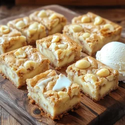 - 1 cup (2 sticks) unsalted butter, melted - 1 cup brown sugar, packed - 1/2 cup granulated sugar - 2 large eggs - 2 teaspoons vanilla extract - 2 cups all-purpose flour - 1 teaspoon baking powder - 1/2 teaspoon salt - 1 cup white chocolate chips - 1/2 cup macadamia nuts, chopped For this recipe, I recommend using high-quality ingredients. Fresh unsalted butter gives the best flavor. If you want a bit more sweetness, feel free to swap in light brown sugar for dark brown sugar. You can also use granulated sugar from any grocery store. If you can’t find macadamia nuts, try using chopped walnuts or pecans. Both add a nice crunch. For a different twist, consider using dark chocolate chips instead of white chocolate. You can find all these ingredients at your local grocery store or online. Look for high-quality white chocolate and baking supplies to enhance the taste of your blondies. Trust me, it makes a difference! 1. Preheat Your Oven: Start by setting your oven to 350°F (175°C). This is the perfect temperature for our blondies. 2. Prepare Your Baking Pan: Take a 9x9-inch baking pan. Grease it well and line it with parchment paper. Leave some paper hanging over the sides. This helps you lift the blondies out easily later. 3. Mix the Wet Ingredients: In a large bowl, add the melted butter, brown sugar, and granulated sugar. Mix them together until they are smooth and creamy. 4. Add the Eggs and Vanilla: Crack two large eggs into the bowl. Mix well after adding each egg. Then stir in two teaspoons of vanilla extract for flavor. 5. Combine Dry Ingredients: In another bowl, whisk together the flour, baking powder, and salt. This step helps to blend the dry ingredients well. 6. Mix Wet and Dry Ingredients: Gradually add the dry mixtures to the wet ones. Stir gently until just combined. Be careful not to overmix. This keeps your blondies chewy. 7. Fold in Chocolate and Nuts: Now, add one cup of white chocolate chips and half a cup of chopped macadamia nuts. Fold them gently into the batter until they are evenly mixed. 1. Pour and Spread Batter: Pour the batter into the prepared pan. Use a spatula to spread it out evenly. 2. Bake the Blondies: Place the pan in your preheated oven. Bake for 25-30 minutes. Check for doneness by inserting a toothpick in the center. It should come out with moist crumbs, not wet batter. 3. Cool the Blondies: Remove the pan from the oven. Let the blondies cool in the pan for about 15 minutes. Then, use the parchment paper to lift them out onto a wire rack. 4. Cut and Serve: Once they are completely cool, cut the blondies into squares or rectangles. Enjoy them plain or serve with a scoop of vanilla ice cream for a special treat. - How to prevent overmixing Mix your wet and dry ingredients just until they come together. Overmixing makes blondies tough. Use a spatula to gently fold in the flour. - Best practices for achieving a chewy texture Using brown sugar adds moisture and chewiness. Don’t bake them too long, or they will dry out. Aim for a soft, slightly underbaked center. - Adjustments for altitude or baking in different climates At higher altitudes, reduce your baking powder by 1/4 teaspoon. You may need to add more flour or bake a bit longer in humid weather. - Ideal pairings for flavors Serve these blondies with vanilla ice cream or a drizzle of caramel sauce. A hot cup of coffee or tea enhances the sweet flavors. - Presentation ideas for serving Cut the blondies into neat squares. Place them on a fancy plate or tiered stand for a lovely display. - Adding garnishes for visual appeal Top with extra white chocolate chips or crushed macadamia nuts. A sprinkle of sea salt adds a nice contrast. {{image_2}} You can make your blondies unique by changing the nuts. Try using walnuts, pecans, or even hazelnuts. Each nut brings its own special taste. Another fun twist is to swap the white chocolate for dark or milk chocolate. Dark chocolate gives a rich, bold flavor. Milk chocolate adds sweetness and creaminess. For an extra kick, add flavors like coconut or almond extract. Just a teaspoon can change the whole dessert. Coconut gives a tropical touch, while almond boosts the nuttiness. If you're looking for gluten-free blondies, use gluten-free flour instead of all-purpose flour. This simple swap keeps the taste while making it safe for gluten-sensitive eaters. For a vegan version, replace the eggs with flaxseed meal or applesauce. Use coconut oil or a vegan butter in place of regular butter. These changes make your treat plant-based and delicious. Want to cut down on sugar? Use less granulated sugar or try a sugar substitute like coconut sugar or agave. You can still enjoy a sweet treat without too much sugar. - Use an airtight container to store your blondies. This keeps them soft and moist. - You can also wrap them tightly in plastic wrap. This method works well too. - To keep blondies fresh longer, place a piece of bread in the container. The bread helps absorb moisture and prevents drying. - To freeze blondies, cut them into squares. Wrap each piece in plastic wrap. - Place the wrapped blondies in a freezer-safe bag or container. Label it with the date. - To thaw, take out a piece and leave it at room temperature. It takes about an hour to soften. - Stored at room temperature, blondies last for about 5 days. - If refrigerated, they can stay fresh for up to 10 days. - Check for a dry or hard texture. This means they are getting old. - Look for mold or an off smell. If you see either, toss them out. How to know when blondies are done baking? To check if blondies are done, use a toothpick. Insert it into the center. If it comes out with moist crumbs, they are ready. If it has wet batter, bake longer. Keep an eye on your blondies. Do not overbake them; you want a soft texture. Can I make these blondies ahead of time? Yes, you can make these blondies ahead of time. They store well at room temperature for up to three days. You can also freeze them. Wrap them tightly in plastic wrap, then place them in a freezer-safe container. They last for up to three months in the freezer. What can I substitute for macadamia nuts? If you cannot find macadamia nuts, use other nuts. Walnuts or pecans work well. You could also skip the nuts entirely if you prefer a nut-free treat. This makes it easier for those with nut allergies. What to do if blondies are too dry or too gooey? If your blondies are too dry, they may have been overbaked. Next time, check for doneness sooner. If they are too gooey, they may need more baking time. Return them to the oven for a few more minutes. Why did my blondies not rise? Blondies may not rise if you skip the baking powder. Make sure to measure it correctly. Also, mix the ingredients well, but do not overmix. Gentle mixing helps keep blondies light and fluffy. How to fix a burnt top or edges? If the top or edges are burnt, remove the blondies from the pan. Trim the burnt edges with a sharp knife. You can also cover the top with frosting or whipped cream to hide any imperfections. Enjoy them anyway; they will still taste great! In this blog post, we explored making blondies from scratch. I shared detailed ingredients, including where to find them. You learned step-by-step instructions for mixing and baking. Tips helped you avoid common mistakes, while variations showed how to personalize your recipe. We also covered storage and answered common questions. Baking is fun and rewarding. With these guides, you can create delightful blondies. Experiment with flavors and enjoy your treats! Your kitchen is now a place for delicious creativity. Happy baking!