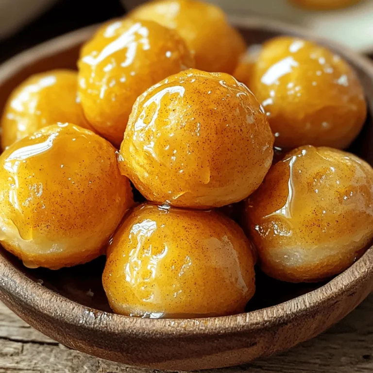 - 1 cup all-purpose flour - 1/2 cup granulated sugar - 2 tsp baking powder - 1/2 tsp ground cinnamon - 1/4 tsp ground nutmeg - 1/4 tsp salt - 1/2 cup milk - 1 large egg - 2 tbsp unsalted butter, melted - 1 tsp vanilla extract - 1 cup maple syrup - 1/2 tsp ground ginger - 1/4 tsp cayenne pepper (optional) You can swap all-purpose flour for whole wheat flour or almond flour. For milk, use almond milk or oat milk for a dairy-free treat. If you want a vegan version, use flaxseed meal mixed with water instead of the egg. Always use fresh spices for the best flavor. Old spices lose their taste. Choose high-quality maple syrup. Real maple syrup makes a big difference in taste. Look for pure syrup, not imitation. 1. Preheat your oven to 350°F (175°C) and grease a mini muffin tin. This step helps the donut holes come out easily after baking. 2. Mix dry ingredients: In a large bowl, whisk together 1 cup of flour, 1/2 cup of sugar, 2 teaspoons of baking powder, 1/2 teaspoon of cinnamon, 1/4 teaspoon of nutmeg, and 1/4 teaspoon of salt. This mix brings all the flavors together. 3. Combine wet ingredients: In another bowl, whisk 1/2 cup of milk, 1 large egg, 2 tablespoons of melted butter, and 1 teaspoon of vanilla extract. Make sure this mixture is smooth and well blended. 1. Properly fill muffin cups: Spoon the batter into the prepared muffin tin, filling each cup about 3/4 full. This allows room for the donut holes to rise while baking. 2. Baking instructions and timing: Bake in the preheated oven for 10-12 minutes. Check with a toothpick; it should come out clean when done. The tops should look lightly golden. 1. Simmering methods for the glaze: While the donut holes bake, prepare the glaze. In a small saucepan, combine 1 cup of maple syrup, 1/2 teaspoon of ground ginger, and 1/4 teaspoon of cayenne pepper (if you want a little heat). Stir the mix well. 2. Tips for achieving the perfect glaze consistency: Bring the mixture to a gentle boil over medium heat. Reduce the heat and let it simmer for about 5 minutes. This thickens the glaze nicely. Stir occasionally to avoid sticking. With these steps, you will create delicious spiced maple glazed donut holes that are a hit! To make great donut holes, follow these tips. First, avoid common baking mistakes. Use fresh ingredients for the best taste. Check your baking powder to ensure it is active. If it’s old, your donut holes may not rise well. Next, focus on your mixing technique to avoid overmixing. Combine wet and dry ingredients gently. Mix until just combined; lumps are okay. Overmixing can make the donut holes tough. When serving, presentation matters. Place the donut holes in a wooden bowl or on a pretty platter. Drizzle extra maple glaze on top for a stunning look. A light dusting of cinnamon adds flair and flavor. Pair these treats with drinks for a delightful experience. They go well with coffee or tea. You can also serve them with hot chocolate for a cozy treat. To make your donut holes even better, try adding spices. Ground ginger gives a warm kick. A pinch of cayenne pepper adds a spicy touch. Adjust the sweetness by adding more or less maple syrup in the glaze. This way, you can tailor the flavor to your liking. {{image_2}} You can easily change the flavors of your donut holes. Adding chocolate chips brings a sweet twist. Just fold in a half cup of chips before baking. You can also try nuts like walnuts or pecans for a crunchy bite. Chop them roughly to mix well. Experimenting with spices can make each batch unique. Try adding cardamom or allspice for a warm taste. A pinch of orange zest can brighten the flavor. These small changes can create a new favorite. If you need gluten-free options, substitute regular flour with almond or coconut flour. Just remember, you may need to adjust the liquid. For a vegan version, swap the egg for a flax egg or applesauce. Use almond or soy milk instead of regular milk. These changes let everyone enjoy the treat, no matter their diet. Always check your ingredient labels to ensure they meet your needs. Seasonal flavors can make your donut holes special. For autumn, add pumpkin spice. Use one teaspoon of pumpkin spice in the batter. You can also mix in some pumpkin puree for more moisture. When winter comes, maple syrup can pair with peppermint extract for a festive touch. Try different syrups like pecan or agave for a new twist. Each season offers a chance to create delicious variations. To keep your spiced maple glazed donut holes fresh, use an airtight container. Glass or plastic containers work well. Store them at room temperature for up to three days. If you want them to last longer, refrigerate them. In the fridge, they stay good for about a week. When you're ready to enjoy your leftover donut holes, reheating them is key. Place them in a microwave-safe dish. Heat them for about 10-15 seconds. This keeps them moist and warm. To keep the glaze intact, wrap them in a damp paper towel. This prevents the glaze from getting too sticky or melting away. You can freeze your donut holes for longer storage. Freeze them before glazing for the best results. Place them in a single layer on a baking sheet. Once they are frozen solid, transfer them to a freezer bag. They can stay frozen for up to three months. When you want to serve them, thaw in the fridge overnight. For a fresh taste, glaze them after thawing. Enjoy them warm for the best flavor! Spiced maple glazed donut holes last about three days when stored properly. Keep them in an airtight container at room temperature. They may get a bit soft after a day, but the flavor stays great! Yes, you can make these donut holes in advance. Bake them and let them cool completely. Store them in an airtight container. When you’re ready to serve, just glaze them and enjoy. You can find spiced maple glazed donut holes at local bakeries or specialty shops. Some coffee shops may also offer them. If you want a fresh batch, making them at home is the best option! You can serve donut holes with a cup of coffee or tea. They also pair well with milk or a sweet dipping sauce. For a fun twist, try serving them with chocolate or berry sauce! Yes! You can use honey or agave syrup as a substitute for maple syrup. However, this will change the flavor slightly. Maple syrup gives a unique taste that makes these donut holes special. You now have all the tools to make delicious spiced maple glazed donut holes. We've covered key ingredients, steps to prepare the batter, and tips for perfecting your bake. Remember to use fresh spices and high-quality maple syrup for the best flavor. Don’t hesitate to experiment with different flavors or dietary needs. Enjoy sharing or storing your tasty creations. With practice, you'll make these treats even better!