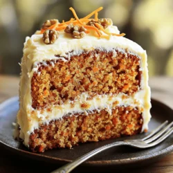 - 2 cups all-purpose flour - 2 cups granulated sugar - 1 cup vegetable oil - 3 cups grated carrots The main ingredients create a rich and moist cake. The flour gives structure, while the sugar adds sweetness. Vegetable oil keeps the cake soft. Grated carrots bring natural sweetness and moisture. - Baking soda and powder - Ground spices: cinnamon and nutmeg - Optional mix-ins: walnuts and raisins Baking soda and powder help the cake rise. Cinnamon and nutmeg add warm flavor. You can mix in walnuts and raisins for texture and taste. They also enhance the overall flavor profile. - 8 oz cream cheese - 1/2 cup unsalted butter - 4 cups powdered sugar - Vanilla extract and milk For the frosting, cream cheese and butter create a smooth base. Powdered sugar sweetens and thickens the mix. Vanilla extract adds depth, and milk adjusts the texture. This frosting complements the cake perfectly. First, preheat your oven to 350°F (175°C). While the oven warms up, grease and flour two 9-inch round cake pans. This step keeps the cake from sticking. Next, take a large bowl and combine the dry ingredients. Whisk together 2 cups of all-purpose flour, 2 cups of granulated sugar, 1 teaspoon of baking soda, 1 teaspoon of baking powder, 1 teaspoon of ground cinnamon, 1/2 teaspoon of ground nutmeg, and 1/2 teaspoon of salt. Mix well for even flavor. In a separate bowl, whisk together 1 cup of vegetable oil and 4 large eggs. Beat them until they blend well. Gradually add this oil and egg mixture to the dry ingredients. Stir until just combined. Be careful not to overmix. Now, fold in 3 cups of grated carrots, 1 cup of crushed pineapple (drained), and optional ingredients like 1/2 cup of chopped walnuts or 1/2 cup of raisins. These add great taste and texture. Pour the batter evenly into your prepared cake pans. Bake in the preheated oven for about 25 to 30 minutes. A toothpick inserted in the center should come out clean when done. After baking, let the cakes cool in the pans for 10 minutes. Then, transfer them to a wire rack to cool completely. This cooling step is crucial for the frosting to stick later. To make a moist carrot cake, fresh ingredients are key. When you use fresh carrots, they add natural moisture. Old or dried-out carrots can make your cake dry. Always choose firm, vibrant carrots for the best results. Next, measure your flour correctly. Too much flour will lead to a dense cake. I recommend spooning the flour into your measuring cup and leveling it off. This way, you won’t pack it down and end up with a dry cake. For a smooth cream cheese frosting, ensure your cream cheese and butter are at room temperature. This helps them blend well. If the frosting is too thick, add a splash of milk. Mix until it reaches your desired consistency. When it comes to decorating, let your creativity shine! You can sprinkle chopped walnuts or grated carrots on top. This adds a nice touch and makes the cake look appealing. To slice and serve your cake, use a sharp knife. Clean the knife between slices for neat cuts. I suggest serving the cake at room temperature for the best flavor. Pair your carrot cake with a warm cup of tea or coffee. The flavors complement each other beautifully. You can also serve it with a scoop of vanilla ice cream for a delightful treat. {{image_2}} You can easily make this carrot cake healthier. Start by swapping all-purpose flour for whole wheat flour. This change adds more fiber and nutrients without losing flavor. Another smart swap is using unsweetened applesauce instead of some oil. It keeps the cake moist but cuts down on fat. You can replace half of the oil with applesauce. This small change makes a big difference! Want to mix things up? Add some shredded coconut to the batter. It gives the cake a nice chew and a tropical taste. You can also add a bit of orange zest. Just a teaspoon can brighten up the flavor. It adds freshness and pairs well with the carrots. Don’t forget to experiment with spices! You can try adding ginger or cloves for a warm kick. This gives your cake a unique twist. If you need gluten-free options, you can use a gluten-free flour blend. Make sure to check the blend for the best results. It keeps the texture light and fluffy. For vegan adaptations, replace the eggs with ground flaxseed mixed with water. Use plant-based butter and cream cheese for frosting. This way, everyone can enjoy this tasty treat! To keep your carrot cake fresh, allow it to cool completely. Once cool, wrap it in plastic wrap. This helps lock in moisture and flavor. If you have cream cheese frosting, store the cake in the fridge. Cover it with foil or place it in an airtight container. At room temperature, the cake stays fresh for about three days. If you want to keep it longer, freezing is a great option. Wrap the cake tightly in plastic wrap and then in foil. This keeps it safe from freezer burn and preserves its taste. When you reheat the cake, add a little moisture. Place a damp paper towel over the cake. Heat it in the microwave for about 10-15 seconds. If the cake was frozen, let it thaw in the fridge overnight before reheating. After freezing, the frosting may lose its texture. Consider making a fresh batch of frosting to ensure a creamy finish. You can use several egg alternatives. For each egg, try: - 1/4 cup unsweetened applesauce - 1/4 cup mashed banana - 1 tablespoon ground flaxseed mixed with 2.5 tablespoons water These options help bind the cake and keep it moist. Using applesauce adds a slight sweetness. Flaxseed provides healthy fats and fiber. Yes, you can use various nuts. Some great options are: - Pecans - Almonds - Hazelnuts Each nut gives a unique taste and crunch. Make sure to chop them into small pieces. This helps distribute the flavor evenly throughout the cake. To restore moisture, you can: - Brush the cake layers with simple syrup - Serve with a dollop of cream cheese frosting Simple syrup is made by mixing equal parts sugar and water. Heat until the sugar dissolves. Brush it over the cooled cake layers for added moisture. To frost a layered cake evenly, follow these steps: 1. Place one cake layer on a plate. 2. Spread a thin layer of frosting on top. 3. Add the second layer and frost the top and sides. Use a spatula for smooth edges. If you want a clean look, chill the frosted cake for a bit before adding more frosting. You can find the complete recipe for Classic Cream Cheese Frosted Carrot Cake [here](#). It includes detailed instructions and tips for perfect results. You now have the tools to make a classic carrot cake with cream cheese frosting. We covered key ingredients, step-by-step instructions, and helpful tips. Don't forget to explore variations that suit your taste or dietary needs. Whether you're baking for a special occasion or just a treat, this cake will impress. Try out what you've learned, and enjoy every delicious bite!