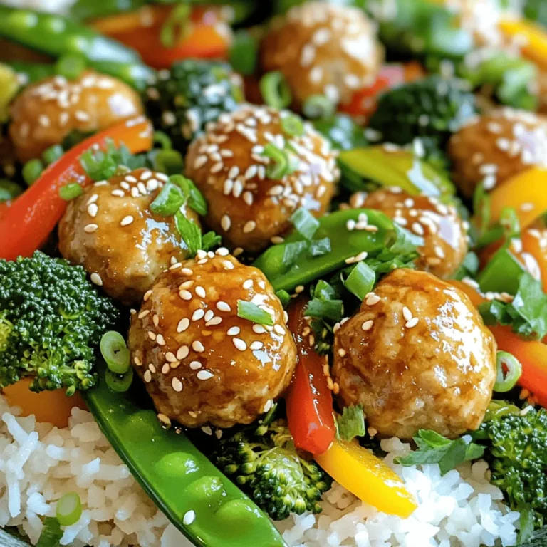 To make this tasty dish, gather these main ingredients: - 1 pound ground chicken or turkey - 1/4 cup breadcrumbs - 1/4 cup green onions, finely chopped - 1 tablespoon ginger, minced - 2 cloves garlic, minced - 1 egg - Salt and pepper to taste - 2 tablespoons vegetable oil - 2 cups mixed stir-fry vegetables (like bell peppers, broccoli, and snow peas) - 1/4 cup soy sauce - 3 tablespoons honey - 2 tablespoons rice vinegar - 1 tablespoon sesame oil - 1 teaspoon cornstarch (optional for thickening) - 1 tablespoon sesame seeds for garnish You can change the flavor or add more fun with these optional ingredients: - Extra herbs like cilantro or basil - Different proteins like beef or tofu - Your favorite vegetables, such as carrots or snap peas - Nuts or seeds for crunch, like cashews or peanuts Make sure you have these tools ready: - A large mixing bowl - A skillet or wok for cooking - A spatula or wooden spoon for stirring - Measuring cups and spoons for accuracy - A whisk for mixing sauces These ingredients and tools will help you create a delicious Teriyaki Meatball Stir-Fry that is quick and fun to make! To start, gather your ingredients. You need ground chicken or turkey, breadcrumbs, green onions, ginger, garlic, an egg, salt, and pepper. In a large bowl, mix the ground meat with breadcrumbs. Then, add the chopped green onions, minced ginger, minced garlic, egg, and a pinch of salt and pepper. Use your hands to mix everything well. Make sure the mixture is sticky and holds together. This is key for tasty meatballs. Next, preheat a large skillet or wok over medium heat. Add two tablespoons of vegetable oil. You want the oil hot enough to sizzle when you add the meatballs. Now, shape the mixture into small meatballs, about one inch in size. Carefully place them in the hot oil. Cook for 5 to 7 minutes, turning them often. You want them browned on all sides and cooked through. Once done, take them out and set aside. In the same skillet, toss in your mixed stir-fry vegetables. You can use bell peppers, broccoli, and snow peas. Stir-fry for about 3 to 4 minutes until they are tender but still crisp. While the veggies cook, whisk together soy sauce, honey, rice vinegar, sesame oil, and cornstarch in a small bowl. This mix will be your teriyaki sauce. After the veggies are ready, return the meatballs to the skillet. Pour the sauce over the meatballs and vegetables. Stir well to coat everything. Cook for another 2 to 3 minutes until the sauce is hot and slightly thickened. Finally, remove from heat and sprinkle sesame seeds on top before serving. Enjoy your dish! - Use cold ground chicken or turkey. Cold meat holds its shape better. - Mix gently. Over-mixing makes tough meatballs. - Form meatballs the size of a golf ball. This helps them cook evenly. - Brown all sides. This adds flavor and keeps them juicy. - Use a meat thermometer. Aim for 165°F for safe cooking. - Preheat your skillet or wok. A hot pan cooks food quickly. - Don’t crowd the pan. This helps food brown instead of steam. - Stir constantly. This keeps food moving and cooks it evenly. - Choose fresh, crunchy vegetables. They add color and texture. - Add sauce last. It coats everything without burning. - For a thicker sauce, mix cornstarch with water. Add it to the sauce. - For a thinner sauce, add a splash of water or broth. - Simmer the sauce longer. This helps it reduce and thicken naturally. - Taste as you go. Adjust sweetness or saltiness to your liking. - Drizzle extra sesame oil for depth. It enhances flavor and aroma. {{image_2}} You can change the protein in this dish. Ground beef or pork works well. You can also try plant-based options like lentils or chickpeas. Each choice gives a new flavor. Make sure to adjust cooking times accordingly. For example, beef may need a bit longer to cook. Feel free to mix different veggies in your stir-fry. Carrots, zucchini, or mushrooms add great taste. You can also use frozen mixed vegetables if you are in a hurry. The key is to choose colorful veggies. They make your dish look fun and bright. If you want to switch up the sauce, you can. A sweet chili sauce gives a nice kick. You could also try a peanut sauce for a nutty flavor. For a lighter option, mix soy sauce with lime juice and honey. Each sauce brings its own twist to the dish. Experiment and find your favorite! After you enjoy your teriyaki meatball stir-fry, let it cool. Place leftovers in an airtight container. Store them in the fridge for up to three days. This way, the flavors stay fresh and tasty. To reheat, use the microwave or stove. If using the microwave, put the leftovers in a bowl. Heat for 1-2 minutes, stirring halfway through. If using the stove, add a splash of water to a pan. Heat on low until warm, stirring gently. This keeps the meatballs juicy. You can freeze this dish for later meals. Let it cool completely and place it in a freezer-safe container. It can last up to three months in the freezer. To thaw, move the container to the fridge overnight. Then, reheat as described above for a quick, tasty meal. Yes, you can use beef or pork instead of chicken or turkey. Each meat gives a unique flavor. Beef has a rich taste, while pork can be sweet. Just make sure to adjust your cooking time based on the meat you choose. Ground meats should be cooked until they reach an internal temperature of 165°F for safety. For stir-fries, I love using bell peppers, broccoli, and snow peas. These veggies add color and crunch. You can also try carrots, bok choy, or snap peas. Just make sure to cut them into similar sizes for even cooking. This way, they cook at the same time and stay crisp. You can store teriyaki meatball stir-fry in the fridge for up to 3 days. Keep it in an airtight container to maintain freshness. If you want to keep it longer, consider freezing it. In the freezer, it can last for up to 2 months. Just remember to thaw it in the fridge before reheating. In this blog post, we explored how to make teriyaki meatball stir-fry, from essential ingredients to step-by-step instructions. You learned how to prepare the meatballs, cook them, and stir-fry your favorite veggies. I shared tips for perfect results and ways to customize the dish. Remember to store leftovers properly to enjoy later. This dish is full of flavor and easy to make. Try it out and enjoy your tasty creation!