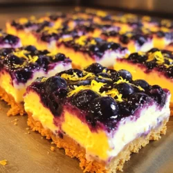 For the crust, you will need: - 1 ½ cups graham cracker crumbs - ½ cup unsalted butter, melted - 2 tablespoons granulated sugar For the filling, gather these ingredients: - 16 oz cream cheese, softened - ¾ cup granulated sugar - 2 large eggs - Zest of 2 lemons - ⅓ cup freshly squeezed lemon juice - 1 teaspoon vanilla extract - Pinch of salt For that special touch, don't forget: - 1 cup fresh blueberries These ingredients work together to create a tasty balance. The tart lemon and sweet blueberries shine bright. Each bite brings a burst of flavor. You can use fresh blueberries for the best taste, but frozen can work too. Just remember, frozen ones may make the filling a bit watery. First, preheat your oven to 350°F (175°C). This step warms the oven for even baking. Next, grab an 8x8-inch baking dish and line it with parchment paper. Leave some paper hanging over the edges. This makes it easier to lift out the bars later. In a medium bowl, combine 1 ½ cups of graham cracker crumbs, ½ cup of melted unsalted butter, and 2 tablespoons of granulated sugar. Mix well until everything is blended. Press this mixture firmly into the bottom of your prepared baking dish. Make sure it is even. Bake the crust for 10 minutes. After baking, set it aside to cool. In a large mixing bowl, beat 16 oz of softened cream cheese with an electric mixer. Mix until it is creamy and smooth. Gradually add in ¾ cup of granulated sugar. Keep mixing until it is well combined. Next, add 2 large eggs, one at a time. Mix well after each egg. Then, mix in the zest of 2 lemons, ⅓ cup of freshly squeezed lemon juice, 1 teaspoon of vanilla extract, and a pinch of salt. Make sure everything is smooth. Now, gently fold in 1 cup of fresh blueberries. Be careful not to crush them. This helps keep your bars colorful and tasty. Pour the cheesecake filling over the cooled crust. Spread it evenly across the top. Bake in the preheated oven for 25 to 30 minutes. You want the filling to be set but still a bit wobbly in the center. This shows it is perfectly baked. Once baked, remove the cheesecake from the oven. Let it cool at room temperature for about 30 minutes. This step is important. It helps the bars set properly. After cooling, refrigerate for at least 3 hours. This allows the bars to chill and firm up for the best texture. After chilling, lift the cheesecake out of the baking dish using the parchment overhang. Cut the cheesecake into squares. Serve the bars chilled. For a special touch, you can garnish them with extra blueberries or a lemon slice. These simple additions make your dessert more appealing. - Overmixing the filling: When you mix the cream cheese, do it just enough. If you overmix, the bars may crack. Aim for smoothness without excess air. - Not cooling before slicing: This step is crucial. If you cut the bars too soon, they will not hold their shape. Let them cool at room temp for 30 minutes, then chill for at least 3 hours. - Electric mixer: This helps you achieve a creamy filling quickly. It’s much easier than mixing by hand. - 8x8-inch baking dish: Use this size for even baking. A larger dish might spread the bars too thin. - Parchment paper: This makes it easy to lift the bars out after baking. Just leave some paper hanging over the edges. - Alternatives for cream cheese: You can use Greek yogurt for a lighter option. Softened ricotta also works well for a different flavor. - Sugar substitutes and gluten-free options: Consider using coconut sugar or honey as a sweetener. For gluten-free, use gluten-free graham crackers. {{image_2}} You can mix things up with different fruits. Try adding strawberries or raspberries. These fruits will give your bars a new twist. The tartness pairs well with the creamy filling. Another option is to use different citrus fruits. Lime or orange can bring a fresh zing. The flavors will change, but the bars remain delicious. If you want a vegan version, swap the cream cheese for a plant-based one. Use a mix of almond milk and cornstarch to replace eggs. For a low-carb or keto-friendly option, use a sugar substitute. You can also use almond flour for the crust. These changes keep the bars tasty while fitting your diet. Serving your cheesecake bars with sauces can enhance their look. Try a drizzle of berry sauce or chocolate. Fresh fruit on top will add color and flavor. For a creative touch, use mint leaves or edible flowers as garnishes. These little details make your dessert stand out and look professional. To keep your lemon blueberry cheesecake bars fresh, store them in the fridge. Use an airtight container for best results. If you stack the bars, place parchment paper between layers to avoid sticking. You can also freeze these bars. Wrap them tightly in plastic wrap and then in foil. This method prevents freezer burn. In the fridge, these bars stay fresh for about 5-7 days. If you freeze them, they can last up to 2-3 months. For the best flavor, enjoy them within a month after freezing. You generally do not need to reheat cheesecake bars. If you prefer them warm, you can let them sit at room temperature for about 10-15 minutes. This softens them slightly, making them more enjoyable to eat. Yes, you can use frozen blueberries. They are convenient and work well in the recipe. However, frozen blueberries may change the texture. They can make the filling a bit more watery. To minimize this, you can thaw and drain them before adding. This keeps the bars from being too soggy. To reduce sweetness, cut back on the sugar. You can use ½ cup of sugar instead of ¾ cup. Another option is to add more lemon juice. The tartness from the lemon can balance the sweetness. You can also add a pinch of salt to enhance flavors. To cut cheesecake bars neatly, use a sharp knife. Dip the knife in hot water and wipe it dry before cutting. This helps create clean slices. Clean the knife between cuts to avoid messy edges. Cutting while the bars are cold also helps maintain shape. Yes, you can make cheesecake bars ahead of time. Prepare and bake the bars, then chill them. They can sit in the fridge for up to three days. This makes them a great option for parties or gatherings. Just be sure to keep them covered to stay fresh. The cheesecake is done when the edges are set but the center is still slightly wobbly. This usually takes about 25-30 minutes in the oven. You can also check for a slight jiggle in the middle. Once cooled, it will firm up in the fridge. This cheesecake bar recipe shows you how to make a delicious treat. We covered ingredients, step-by-step instructions, and tips for success. You learned how to avoid common mistakes and how to store your bars properly. These bars can fit many diets and preferences. With variations in flavors and serving ideas, there’s something for everyone. Enjoy making and sharing these tasty cheesecake bars with family and friends. Your kitchen skills will shine, and they will love the result!