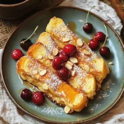 - 8 slices of brioche or challah bread - 2 cups almond milk (or any milk of your choice) - 4 large eggs - 1 teaspoon vanilla extract - 1 teaspoon almond extract - 2 tablespoons maple syrup - 1 cup fresh or frozen cherries, pitted and halved - 1/2 cup sliced almonds - 1 tablespoon ground cinnamon - 1/4 teaspoon salt - Powdered sugar for dusting (optional) Gathering these ingredients is simple. I love using brioche or challah bread for this recipe. They soak up the mix well and taste amazing. If you prefer a different milk, feel free to swap it out. Almond milk adds a nice flavor. The eggs are key for binding all the flavors. Vanilla and almond extracts give a sweet aroma. Maple syrup adds a touch of natural sweetness. The cherries, fresh or frozen, provide a tart burst that pairs perfectly with the sweet notes. Sliced almonds bring a nice crunch, while cinnamon adds warmth and spice. A dash of salt rounds out the flavor. If you like, dusting with powdered sugar at the end makes it look fancy! Prepare these ingredients for a fun cooking adventure, and you'll be on your way to creating a delightful Cherry Almond Overnight French Toast. Whisking the Egg Mixture Start by grabbing a large mixing bowl. In this bowl, add the almond milk, eggs, vanilla extract, almond extract, maple syrup, ground cinnamon, and salt. Use a whisk to mix everything together. Make sure it is smooth and well combined. This mixture is key to the flavor. Layering the Bread and Filling Next, grease a large baking dish, about 9x13 inches. Place half of the bread slices in a single layer at the bottom. Pour half of the egg mixture over these slices. Ensure each piece gets soaked well. Now, scatter half of the cherries and half of the sliced almonds over the bread. Then, add the remaining bread slices on top. Pour the rest of the egg mixture over this layer. Press down gently to soak any dry parts. Finally, sprinkle the remaining cherries and sliced almonds on top. Cover the dish tightly with plastic wrap and refrigerate it overnight or for at least 4 hours. Preheating the Oven The next morning, it’s time to bake! Preheat your oven to 350°F (175°C). This step is crucial for even baking. Baking Times and Indicators Remove the plastic wrap from the dish. Bake the French toast for about 35 to 40 minutes. You’ll know it’s done when the center is set and the top turns golden brown. Cooling and Serving Tips After baking, allow the dish to cool for a few minutes. This makes it easier to cut into squares. If you like, dust some powdered sugar on top to make it look pretty. Serve warm, and enjoy your delicious Cherry Almond Overnight French Toast! Ensuring Even Soaking To make great French toast, soak the bread evenly. Pour half of the egg mixture over the first layer of bread. Use a spatula to press down gently. This helps the bread absorb the liquid. Repeat this step with the second layer of bread. Make sure every slice gets soaked well. Avoiding Soggy Bread No one likes soggy bread! To avoid this, use a good bread choice. Brioche or challah works best. These breads hold their shape well. Be sure not to soak the bread for too long before cooking. If you have time, refrigerate overnight. This allows the flavors to blend without making the bread mushy. Garnishing with Powdered Sugar A light dust of powdered sugar adds a sweet touch. After baking, let the French toast cool for a few minutes. Then, use a fine sieve to sprinkle the sugar on top. This adds a beautiful finish to your dish. Drizzling Additional Maple Syrup Maple syrup makes everything better! Serve your French toast warm. Drizzle some extra syrup right before serving. You can also place a small pitcher of syrup on the table. This way, everyone can add their own. The sweet flavor pairs perfectly with cherries and almonds. {{image_2}} Gluten-Free Options You can easily make this recipe gluten-free. Use gluten-free bread instead of brioche or challah. Look for soft, thick slices. This keeps the texture similar to the original. Ensure all other ingredients are gluten-free too, like the almond milk and maple syrup. Vegan Substitutes For a vegan version, swap the eggs with flax eggs. Mix 1 tablespoon of ground flaxseed with 2.5 tablespoons of water per egg. Let it sit for a few minutes to thicken. Use plant-based milk, like almond or soy milk. This keeps the recipe creamy without dairy. Adding Spices or Extracts You can spice things up by adding nutmeg or cardamom. Just a pinch can boost the flavor. You can also use more vanilla or almond extract for a richer taste. Experiment to find your perfect mix! Incorporating Other Fruits Feel free to add different fruits! Sliced bananas or berries work great. You can mix in peaches or apples too. Just remember to adjust the sugar if needed. The fruits will add fresh flavors and colors to your dish. Refrigeration Guidelines Store leftover Cherry Almond Overnight French Toast in an airtight container. It stays fresh in the fridge for up to three days. Keep it covered to avoid drying out. Freezing Instructions You can freeze leftover French toast for up to two months. Cut it into squares. Wrap each piece tightly in plastic wrap, then place them in a freezer bag. Label the bag with the date. Best Methods for Reheating To reheat, you can use the oven or microwave. For the oven, preheat it to 350°F (175°C). Place the squares on a baking sheet and heat for about 10-15 minutes. In the microwave, heat for 30-60 seconds per piece. Tips for Maintaining Texture To keep the texture nice, avoid overcooking. If using the microwave, cover the dish with a damp paper towel. This helps retain moisture and keeps the French toast soft. Yes, you can make this dish the night before. Just follow the steps to layer the bread and filling. Cover it tightly with plastic wrap and put it in the fridge overnight. This allows the bread to soak up the egg mixture well. In the morning, just bake it. This makes breakfast easy and quick! You can use any milk you like. Dairy milk, oat milk, or coconut milk all work well. Almond milk adds a nice flavor, but feel free to choose what you prefer. Each type of milk can change the taste a little, so it’s fun to try different options! Yes, stale bread is great for this recipe! It soaks up the egg mixture well. Fresh bread can become too soggy. If you have leftover bread, use it! It will still turn out delicious. Just make sure to cut it into thick slices. This post covered all you need for a delicious French toast. We discussed the key ingredients, like brioche bread and juicy cherries. I shared step-by-step methods for preparation and baking. Next, I offered tips to make your toast perfect and variations for every need. Plus, you learned how to store leftovers and reheat them well. Enjoy trying this tasty recipe, and make it your own. Happy cooking!