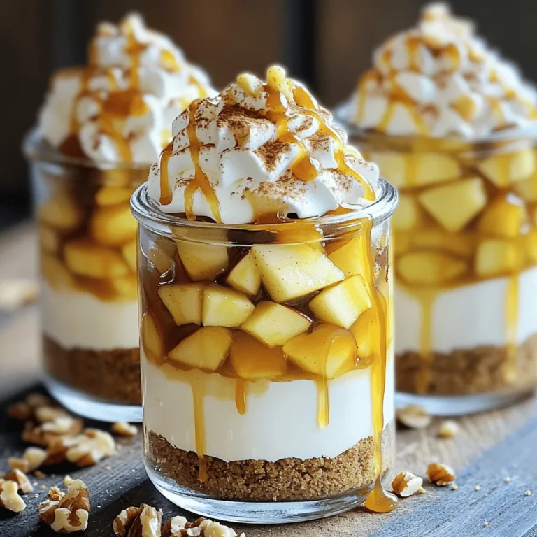 To make your Caramel Apple Cheesecake Parfaits, gather these simple items: - 2 cups cream cheese, softened - 1 cup powdered sugar - 1 teaspoon vanilla extract - 1 cup heavy cream - 2 large apples, peeled, cored, and diced - 1 tablespoon lemon juice - 1 teaspoon ground cinnamon - 1 cup graham cracker crumbs - 1 cup caramel sauce - Whipped cream (for topping) - Chopped nuts (optional, for garnish) When measuring ingredients, use dry measuring cups for solids like graham crumbs. For liquids, use a clear liquid measuring cup. Always level off dry ingredients with a straight edge. This keeps your recipe accurate and tasty. For sticky items like cream cheese, spray the measuring cup with cooking spray first. It helps the cheese slide right out! If you need to make a change, here are some easy swaps: - Cream cheese: Use Greek yogurt for a lighter option. - Powdered sugar: You can blend granulated sugar until fine if needed. - Heavy cream: Substitute with coconut cream for a dairy-free version. - Apples: Any sweet apples work well, like Fuji or Honeycrisp. - Caramel sauce: Use store-bought or homemade; both are delightful. These swaps keep your parfaits delicious while fitting your needs! First, gather your mixing bowl and beaters. You will need 2 cups of softened cream cheese. Add 1 cup of powdered sugar and 1 teaspoon of vanilla extract. Beat this mixture until it is smooth and creamy. In another bowl, pour in 1 cup of heavy cream. Whip it until soft peaks form. Now, carefully fold the whipped cream into the cream cheese mixture. Be gentle so you don’t deflate the whipped cream. Set this aside for later. Next, take a skillet and place it on medium heat. Peel and core 2 large apples, then dice them into small pieces. Add the diced apples and 1 tablespoon of lemon juice to the skillet. Sauté the apples for about 5 minutes until they are tender. After that, sprinkle 1 teaspoon of ground cinnamon over the apples. Stir and cook for another minute. Once done, remove the skillet from the heat and let the apples cool. Now it’s time to build your parfaits. Grab some parfait glasses or jars. Start with a spoonful of graham cracker crumbs at the bottom of each glass. Next, add a layer of the cream cheese mixture. Then, spoon in a layer of the sautéed apples. Drizzle some caramel sauce over the apples. Repeat these layers until the glasses are full. Finish with a layer of cream cheese mixture on top. To top it off, add whipped cream and a drizzle of more caramel sauce. If you like, sprinkle some chopped nuts for extra crunch. Enjoy your delicious creation! To make perfect whipped cream, start with cold heavy cream. Use a chilled bowl and beaters. This helps the cream whip faster. Beat on medium speed until soft peaks form. Soft peaks are when the cream holds a shape but still bends. If you beat too long, the cream turns to butter. So, watch it closely! For a lovely look, use clear parfait glasses. Start with graham cracker crumbs at the bottom. Add a layer of the cream cheese mix next. Then, spoon in the sautéed apples. Drizzle caramel on top of the apples. Repeat these layers until the glasses are full. Finish with cream cheese and a swirl of whipped cream. It looks great and tastes even better! One common mistake is overbeating the cream. This can ruin the texture. Another mistake is not cooling the apples enough before layering. Warm apples can melt the cream cheese mix. Lastly, be careful with the caramel. Too much can make it too sweet. Balance is key for a tasty treat! {{image_2}} You can change the taste of your parfaits. Try adding chocolate chips to the cream cheese mix. This twist adds a sweet touch. You can also mix in some pumpkin spice for a fall feel. A dash of nutmeg can bring warmth too. These changes make the dessert fun and new each time. Toppings can change the look and taste of your parfaits. Use fresh berries like strawberries or blueberries for a fruity twist. Chopped candy bars or toffee bits can add crunch. You can also sprinkle cinnamon on top for extra flavor. These options let you customize each serving to your liking. If you need gluten-free parfaits, use gluten-free graham crackers. They work just as well in the recipe. For a dairy-free version, swap the cream cheese with a nut-based cheese. Coconut cream can replace heavy cream. These swaps let everyone enjoy your delicious dessert without worry. To keep your caramel apple cheesecake parfaits fresh, store them in the fridge. Use airtight containers or cover each parfait glass with plastic wrap. This helps keep them from drying out and losing flavor. When stored correctly, these parfaits last about 2-3 days in the fridge. The apples may lose some crunch, but the flavors will still be great. If you want the best taste and texture, enjoy them within the first two days. You don't need to reheat these parfaits. They taste best cold. If they seem a bit soggy, add a fresh layer of graham cracker crumbs or whipped cream. This will help bring back their delicious textures. Yes, you can make these parfaits ahead of time. I recommend preparing them a few hours before serving. This gives the layers time to set and flavors to mingle. Just keep them in the fridge. They taste even better when chilled. For this recipe, I suggest using tart apples like Granny Smith. They add a nice contrast to the sweet cream cheese and caramel. Honeycrisp apples are another great choice. They are sweet and crisp, which adds texture and flavor. To make a lower-sugar version, you can use sugar substitutes. Try using a sugar-free caramel sauce. You can also swap powdered sugar for a sweetener like stevia or erythritol. This keeps the flavor without all the sugar. Use unsweetened whipped cream to cut down on sugar as well. We covered the key ingredients, cooking steps, and tips for perfect parfaits. You learned how to choose and measure ingredients, make a tasty cream cheese mix, and arrange layers for a great look. I shared some fun variations and important storage tips, too. Remember, avoiding common mistakes can make your parfaits even better. With the right apples and a few tweaks, you can create a treat for everyone. Enjoy making your own parfaits, and let your creativity shine!