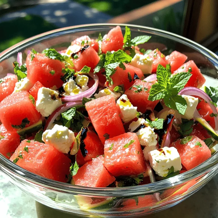 For the best taste, use the freshest ingredients. Here’s what you need: - 4 cups watermelon, cubed - 1 cup feta cheese, crumbled - 1/2 red onion, thinly sliced - 1/4 cup fresh mint leaves, chopped - 1 tablespoon olive oil - 2 tablespoons balsamic glaze - Salt and pepper to taste Choosing ripe watermelon adds a sweet touch. Look for a firm, heavy melon with a deep green color. For feta cheese, choose high-quality, creamy options for the best flavor. Fresh mint brings a bright note, so pick leaves that are vibrant and fragrant. Precise measurements help balance flavors. Use a measuring cup for the watermelon and feta. A kitchen scale can help if you want exact amounts. For the onion and mint, slice and chop carefully to ensure even distribution in the salad. This way, every bite is tasty and well-seasoned. Want to take this salad up a notch? Consider adding: - Chopped cucumber for extra crunch - Sliced avocado for creaminess - Toasted nuts for a nutty flavor These add-ins not only enhance taste but also provide different textures. Feel free to experiment based on what you have on hand! Start by taking 4 cups of watermelon. Cut it into nice cubes. Next, grab 1 cup of feta cheese. Crumble it into small bits. This cheese adds a salty taste that works well with the sweet watermelon. Now, take a large mixing bowl. Add the cubed watermelon and crumbled feta cheese. Then, slice a half of a red onion very thin. Add this to the bowl. Chop 1/4 cup of fresh mint leaves. Toss them in too. These mint leaves add a fresh touch that brightens the dish. Drizzle 1 tablespoon of olive oil over the mix. Gently toss everything together. You want all the flavors to blend but not break the watermelon. Next, add 2 tablespoons of balsamic glaze. Sprinkle some salt and pepper to taste. Toss the salad again to coat it all. Let the salad sit for about 5 minutes. This helps the flavors mix well. Serve it in a beautiful glass bowl for a colorful display. Add more mint leaves on top for a nice look. Enjoy your fresh and tasty watermelon feta salad! To pick a great watermelon, look for a few key signs. First, choose a firm melon with a smooth skin. Check for a yellow spot; that means it ripened on the ground. The weight should feel heavy for its size. This shows it has plenty of water. If possible, tap the melon. A deep sound indicates it is ripe and juicy. The magic in this salad comes from blending flavors. Use olive oil to add richness. Balsamic glaze provides sweetness that pairs well with salty feta. You can add a pinch of salt and pepper for extra flavor. If you want a kick, try a pinch of cayenne pepper. Fresh herbs like basil or parsley can add a nice touch. Always taste as you mix to find the perfect balance. A beautiful salad is a feast for the eyes. Serve it in a clear glass bowl to show off the vibrant colors. Garnish with extra mint leaves for a fresh look. Drizzle more balsamic glaze on top for a glossy finish. You can also use skewers to make fun watermelon and feta bites. This adds a playful twist to your serving style. {{image_2}} You can turn this salad into a full meal by adding protein. Grilled chicken works well. Shrimp or tofu can also be great choices. Simply cook your protein and slice it into pieces. Toss it in with the watermelon and feta. This adds flavor and makes the dish more filling. While feta is a star in this salad, you can try other cheeses too. Goat cheese adds a tangy taste. Mozzarella gives a creamy texture. For a bold flavor, use blue cheese. Each cheese brings its own twist to the dish, so feel free to experiment! You can enhance this salad by using seasonal ingredients. In summer, add fresh berries for sweetness. In fall, try diced apples or pears for crunch. Each season offers new flavors that can make your salad shine. Use what you find at your local market for the best taste. To keep your Fresh Watermelon Feta Salad fresh, use an airtight container. This prevents air and moisture from spoiling it. Layer the salad gently to avoid crushing the ingredients. If you have a lot of salad, divide it into smaller containers. This makes it easier to grab just what you need later. Fresh Watermelon Feta Salad lasts about 2 to 3 days in the fridge. After that, the watermelon can become mushy. The feta cheese may lose its flavor too. Always check for any strange smells or changes in texture. If it looks or smells off, it’s best to throw it away. Reviving your leftover salad is easy. Start by adding a splash of olive oil. This will help restore flavor and moisture. You can also add fresh mint leaves for a burst of taste. If it seems dry, a little balsamic glaze can brighten it up. Toss everything gently, and it will feel fresh again! Yes, you can make this salad ahead of time. However, I recommend making it no more than a few hours before serving. The watermelon can release juice, making the salad soggy. To keep it fresh, store it in the fridge in an airtight container. Just give it a gentle toss before serving to mix the flavors again. You can use many herbs in this salad. Basil adds a sweet touch. Cilantro gives a bright flavor. Dill offers a nice, fresh taste. Each herb brings a unique twist to the dish. Feel free to experiment and find your favorite combination! Yes, this salad is gluten-free and vegetarian. The ingredients, like watermelon, feta, and mint, are all safe for those diets. This makes it a great choice for gatherings. You can serve it to friends and family without worry! This blog post covered how to make a fresh watermelon feta salad. We discussed key ingredients, step-by-step instructions, and tips for a perfect blend of flavors. Variations showed how to customize your salad with proteins and cheese. We also shared storage tips and answered common questions to help you enjoy this dish longer. Eating this salad is refreshing and easy. By following these steps, you can make a delicious meal that brightens any gathering. Enjoy your cooking!