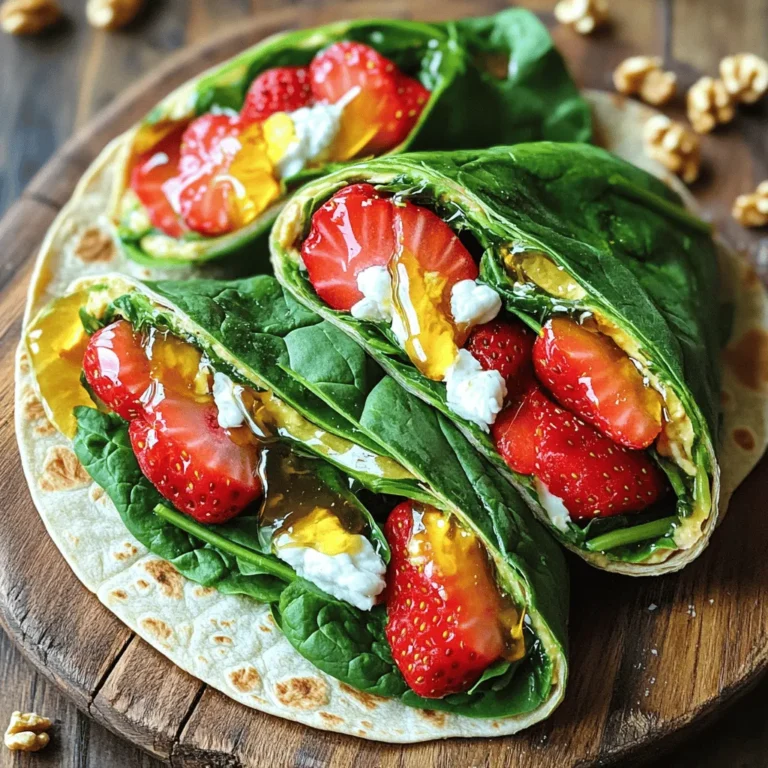 - 4 large whole wheat tortillas - 2 cups fresh baby spinach - 1 cup strawberries, hulled and sliced - 4 oz creamy goat cheese, softened - 1/4 cup walnuts, toasted and roughly chopped - 2 tablespoons honey - Salt and pepper to taste Selecting ripe strawberries: Look for strawberries that are bright red and firm. Avoid any with dark spots or bruises. They should smell sweet, indicating they are ripe and ready to eat. Importance of fresh spinach: Choose spinach leaves that are bright green and crisp. Avoid wilted or yellowing leaves. Fresh spinach adds a nice crunch and vibrant flavor to your wraps. Ideal goat cheese texture: The goat cheese should be creamy and spreadable. It should not be too hard or crumbly. Soft goat cheese will blend well with honey, creating a smooth mixture for your wraps. - Washing and preparing spinach: Rinse the fresh baby spinach under cold water. Shake off any excess water. This step is key to keep your wraps crisp and clean. - Hulling and slicing strawberries: Take the strawberries and remove the green tops with a knife. Slice the strawberries into thin pieces. The sweet, juicy slices add great flavor. - Toasting walnuts: In a dry skillet, toast the walnuts over medium heat for 3-4 minutes. Stir them often until they smell nutty and turn golden. This adds crunch and depth to your wraps. - Spreading the goat cheese mixture: Grab a tortilla and place it on a flat surface. Use a fork to mix the softened goat cheese with honey until smooth. Spread 1/4 of this mixture evenly over the tortilla. - Layering spinach and strawberries: On top of the goat cheese, add 1/2 cup of fresh spinach. Then, layer 1/4 of the sliced strawberries. The colors and textures make this wrap pop! - Rolling technique for tortillas: Begin at one end of the tortilla and roll it tightly. Tuck in the filling as you go to keep everything inside. Repeat this for each tortilla until all are filled. - Slicing and plating wraps: Once rolled, cut each wrap diagonally into 2-3 pieces. This makes them easier to eat and share. - Presentation tips for a beautiful platter: Arrange the sliced wraps in a fan shape on a serving platter. Drizzle a little extra honey on top for sweetness. Add whole strawberries and chopped walnuts for a beautiful touch. To make your wraps shine, add fresh herbs like basil or mint. These herbs boost flavor and freshness. You can also try a pinch of black pepper or a dash of lemon juice. This helps balance sweetness from strawberries and honey with a nice acidity. A touch of salt brings all the flavors together. Avoid overfilling your tortillas. Too much filling makes them hard to roll and eat. Stick to enough filling for a neat wrap. Also, always use fresh ingredients. Wilted spinach or overripe strawberries can ruin the taste. Fresh ingredients make a big difference in flavor and texture. Prep your ingredients efficiently. Wash spinach and slice strawberries first. Toast walnuts while you mix the goat cheese and honey. This makes your prep quick and easy. For the equipment, use a good cutting board and a sharp knife for slicing. A non-stick skillet works best for toasting walnuts. These small steps save time and keep your kitchen tidy. {{image_2}} You can switch up the cheese in your wraps. Try feta or cream cheese for a new taste. These cheeses offer a different texture and flavor. If you have nut allergies, leave out the walnuts. You can add seeds like pumpkin or sunflower seeds instead. They add crunch and healthy fats without the allergy risk. Get creative with flavors! Adding more berries like blueberries or raspberries makes the wrap sweeter. You can also add citrus zest, like lemon or lime, for a fresh kick. For greens, swap spinach for arugula or kale. These greens add a peppery taste that pairs well with the cheese and strawberries. Want to make it vegan? Use a dairy-free cheese spread and maple syrup instead of honey. This keeps the flavors while making it plant-based. For gluten-free options, choose gluten-free tortillas. They are widely available and work just as well for this recipe. Enjoy your wraps no matter your dietary needs! To keep your wraps fresh, place them in an airtight container. Use a container that fits the wraps snugly. This keeps air out and helps maintain texture. Store the container in the fridge. It keeps the flavors bright and tasty. These wraps last about 2-3 days in the fridge. After this time, they may not taste as good. Look for signs of spoilage like a sour smell or soggy wraps. If the spinach looks wilted or the cheese seems dry, it’s time to toss them. To reheat your wraps, use a skillet on low heat. This method warms them evenly without making them soggy. You can also microwave them for about 20 seconds. If you choose the microwave, cover the wraps with a damp paper towel. This keeps them moist and tasty. Yes, you can make these wraps ahead of time. Just prepare them and store in the fridge. Wrap them tightly in plastic wrap to keep them fresh. This way, you save time for busy days. Enjoy them within 1-2 days for the best flavor. These wraps pair well with many sides. You can serve them with a light salad. A simple mixed greens salad works great. For a crunchy side, try veggie sticks. A homemade yogurt dip can add a nice touch too. Freezing is not the best option for these wraps. The fresh ingredients may lose quality. If you must freeze, wrap them tightly and use within a month. Thaw in the fridge before eating, but expect changes in texture. To make these wraps more filling, add protein. Grilled chicken or turkey slices work well. You can also add chickpeas for a vegetarian option. Another idea is to add more nuts for extra crunch and nutrients. Yes, there are low-calorie options for these wraps. Use low-fat goat cheese instead of creamy goat cheese. You can also opt for a smaller tortilla. Adding more veggies like cucumbers or bell peppers can boost volume without many calories. In this post, we covered how to make delicious Strawberry Goat Cheese Spinach Wraps. We talked about choosing the best ingredients, like ripe strawberries and fresh spinach. We also discussed tips for preparation, assembling, and even serving suggestions to make a great platter. These wraps are versatile, letting you swap ingredients for your taste. Remember to store leftovers properly to keep them fresh. Enjoy crafting your wraps and experimenting with new flavors!
