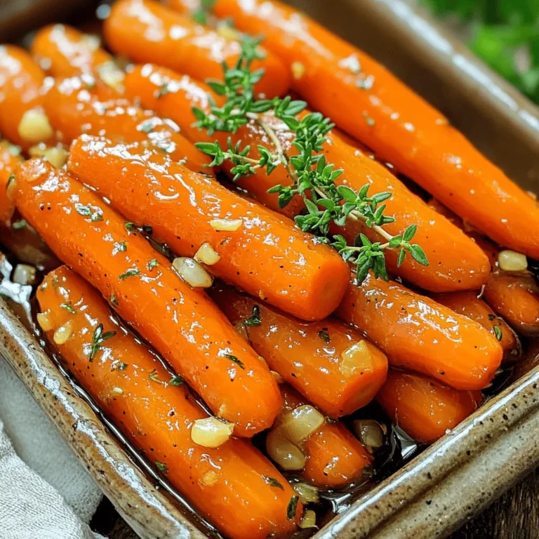 To make honey garlic glazed carrots, gather these ingredients: - 1 lb baby carrots (or sliced regular carrots) - 3 tablespoons honey - 2 tablespoons unsalted butter - 3 cloves garlic, minced - 1 teaspoon fresh thyme leaves (or ½ teaspoon dried thyme) - Salt and pepper to taste For a fresh touch, consider these garnishes: - Chopped parsley If you want to swap ingredients, here are some ideas: - Use maple syrup instead of honey for a different sweetness. - Swap butter for olive oil for a dairy-free option. - Try rosemary instead of thyme for a bolder flavor. - Carrots can be replaced with parsnips for a unique twist. First, I wash the carrots well. If you use regular carrots, peel them. Cut them into even pieces for even cooking. If you have baby carrots, you can leave them whole. This keeps them sweet and tender. In a large skillet, I melt the butter over medium heat. Once it melts, I add the minced garlic. I sauté it for about one minute. This makes the kitchen smell great! Careful not to burn the garlic; it can turn bitter. Next, I add the carrots to the skillet. I stir them to coat with the garlic butter. Then, I pour in the honey and sprinkle the thyme. I season with salt and pepper to taste. I stir everything well. Then, I reduce the heat slightly and cover the skillet. I cook for about 10 to 15 minutes. I stir occasionally until the carrots are tender and glazed. After that, I remove the lid and increase the heat to medium-high. I cook for another 2 to 3 minutes. This helps the glaze thicken. After cooking, I taste the carrots and adjust the seasoning if needed. I then transfer them to a serving dish. For a bright touch, I like to garnish with chopped parsley. This adds color and freshness. Now, the honey garlic glazed carrots are ready to enjoy! To make the best honey garlic glaze, start with fresh ingredients. Use real honey instead of syrup. Choose unsalted butter for a cleaner taste. This way, you control the salt. Cook the garlic just until it smells great. If you burn it, the dish will taste bitter. After adding the carrots, stir often. This helps the glaze coat them evenly. When the carrots soften, increase the heat to thicken the glaze. You want it sticky, not runny. You can boost the flavor in many ways. Add a splash of lemon juice for brightness. It cuts through the sweetness and adds balance. If you like a kick, try a pinch of red pepper flakes. Fresh herbs like parsley or chives add a pop of color and taste. For a deeper flavor, swap out honey for maple syrup. This change gives a unique twist to the dish while keeping it sweet. One common mistake is overcooking the carrots. They should be tender but still firm. If they get mushy, they lose their charm. Another mistake is not adjusting the seasoning. Always taste before serving. Add salt, pepper, or more honey as needed. Finally, don’t skip the garnish. A sprinkle of chopped parsley makes the dish look pretty and fresh. Remember these tips, and your honey garlic glazed carrots will shine! {{image_2}} You can change up the carrots for other veggies. Try using baby potatoes for a hearty twist. They soak up the honey and garlic flavors well. Green beans are also great. They cook quickly and stay crisp. Brussels sprouts can add a nice touch too. Just cut them in half and follow the same steps. Each vegetable brings its own taste and texture to the dish. While honey shines in this recipe, you can switch to maple syrup for a unique flavor. Maple syrup adds a warm, sweet note. If you need a sugar-free option, use agave nectar. It has a lighter taste, but still gives a nice glaze. You can also try brown sugar for a different sweetness. It caramelizes well and adds depth to the dish. Thyme is a classic herb in this dish, but feel free to explore. Rosemary adds a fragrant touch. Use a small amount, as it can be strong. Basil offers a fresh flavor that pairs well with the sweetness. For a bit of heat, try red pepper flakes. They give a kick that balances the sweet glaze. Adjust the herbs to suit your taste and enjoy new flavors each time. You can store leftover honey garlic glazed carrots in the fridge. Place them in an airtight container. They stay fresh for about 3 to 5 days. When you want to enjoy them again, check for any off smells or changes in texture. Freezing honey garlic glazed carrots is a great option if you want to save them for later. First, let the carrots cool completely. Then, place them in a freezer-safe bag or container. They can last up to 3 months in the freezer. When you’re ready to eat them, thaw in the fridge overnight. To reheat the carrots, you can use the stove or microwave. If using the stove, warm them in a skillet over medium heat. Stir the carrots often until they are heated through. If using the microwave, place them in a bowl and cover. Heat in short intervals, stirring in between, until they are hot. Enjoy your delicious side dish! Yes, you can make Honey Garlic Glazed Carrots ahead of time. Cook them fully and then cool them down. Store them in a sealed container in the fridge for up to three days. When you’re ready to serve, reheat them in a skillet. Add a bit of butter or honey to refresh the glaze. This way, you can save time and enjoy a tasty side dish. Honey Garlic Glazed Carrots pair well with many dishes. Here are some ideas: - Grilled chicken for a simple protein. - Roast beef for a hearty meal. - Baked salmon for a light option. - Quinoa or rice for a filling grain. These options make for a balanced plate while keeping the focus on those sweet, glazed carrots. Adjusting sweetness is easy. If you like it sweeter, add more honey, one teaspoon at a time. If you want less sweetness, cut back on the honey. You can also add a splash of lemon juice for a tangy balance. This will help cut through the sweetness and enhance the flavors. Taste as you go to find the right level for your palate. You now have a clear path to making great Honey Garlic Glazed Carrots. We covered ingredients, step-by-step cooking, and useful tips. Remember to try different veggies and sweeteners to keep things fresh. Storing and reheating this dish is easy, too. With these strategies, you can enjoy delicious carrots any time. Embrace these ideas to wow your family and friends. Enjoy cooking and sharing this tasty dish!