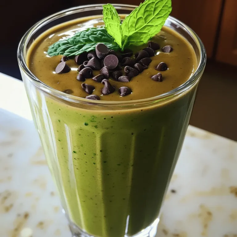 - 1 ripe frozen banana - 1 cup spinach - 1 cup unsweetened almond milk - 2 tablespoons cocoa powder - 1/2 teaspoon peppermint extract - 1 tablespoon honey or maple syrup - 1/4 cup chocolate chips - Ice cubes (optional) For a Mint Chocolate Chip Smoothie, gather these ingredients. The frozen banana gives a creamy base. Spinach adds a green boost, making it healthy. Unsweetened almond milk keeps it dairy-free and light. Cocoa powder brings rich chocolate flavor. Peppermint extract adds that fresh minty kick. Honey or maple syrup sweetens the blend to your taste. Chocolate chips add texture and extra chocolatey goodness. You can add ice cubes if you want a thicker drink. When you combine these ingredients, you create a delicious smoothie that tastes like a treat but is healthy. Each bite offers a blend of flavors that refresh and delight. - Combine all ingredients in the blender. - Blend until smooth and creamy. - Optional: Add ice for thickness. First, gather your ingredients. You need one ripe frozen banana, one cup of spinach, one cup of unsweetened almond milk, two tablespoons of cocoa powder, half a teaspoon of peppermint extract, one tablespoon of honey or maple syrup, and a quarter cup of chocolate chips. Don’t forget optional ice cubes if you like it thick! Now, put everything into the blender. Make sure to add the almond milk first. This helps the blender mix better. Blend on high until it’s smooth and creamy. You might need to stop and scrape down the sides to mix well. If you want a thicker smoothie, toss in some ice cubes and blend again. - Fold in chocolate chips. - Taste and adjust sweetness. Once your smoothie is smooth, gently fold in the chocolate chips. This keeps them chunky, which adds great texture. Next, take a quick taste. If it’s not sweet enough, add more honey or maple syrup. Blend just a bit more if you add anything. - Pour into glasses. - Garnish with mint and chocolate chips. Now, pour your smoothie into clear glasses to show off that pretty green color. For a fun touch, add a few extra chocolate chips on top and a sprig of fresh mint. This makes it look fancy and inviting. Enjoy your mint chocolate chip smoothie! To get a creamy texture in your smoothie, use a frozen banana. This adds a rich, thick feel. If you want it thicker, add more ice. Just blend until you reach your desired thickness. You can adjust the sweetness by changing the honey or syrup levels. Start with one tablespoon and taste. If you want it sweeter, add a bit more. For a different option, try agave syrup or stevia. A high-powered blender works best for this smoothie. It blends everything smoothly and quickly. If you don’t have one, a standard blender will work too, but it might take longer. For better blending, use a tamper or spatula to push down the ingredients. {{image_2}} You can easily make this smoothie without dairy. Here are some great choices: - Almond milk - Coconut milk - Oat milk These options add their own flavor to the drink. They also keep it creamy and smooth. If you want extra protein, try adding a plant-based protein powder. This keeps the drink filling and nutritious. Want to take your smoothie to the next level? Here are some ideas to boost flavor: - Add a tablespoon of nut butter for creaminess and taste. - Toss in a handful of berries for a fruity twist. - Add a scoop of chia seeds for extra fiber and omega-3s. You can also sprinkle in superfoods like spirulina or matcha. These add health benefits and vibrant colors. You can serve this smoothie in fun ways. Here are some ideas: - Pour it into a bowl and top with granola or fruit. - Freeze it into popsicles for a cool treat. For toppings, try adding: - Extra chocolate chips for sweetness. - A drizzle of honey for added flavor. - Fresh mint leaves for a pop of color. These options make it fun and tasty! After you make the mint chocolate chip smoothie, you might have some left over. The best way to store it is in the fridge. Pour it into a glass or jar with a lid. This keeps it fresh. The smoothie stays good for about 24 hours. After that, it may lose its taste and creaminess. If you want to save the smoothie for later, freezing is a great option. Pour the leftover smoothie into an ice cube tray or a freezer-safe container. Make sure to leave some space at the top since liquids expand when frozen. When you're ready to enjoy it again, take it out and let it thaw in the fridge overnight. You can also blend it again to get a smooth texture. If it seems too thick, just add a splash of almond milk. Prepping smoothies ahead of time is smart for busy mornings. You can make several servings at once. Use mason jars or airtight containers to store them. Fill each jar with the smoothie, leaving some space at the top. Keep them in the fridge for easy grab-and-go options. This way, you can enjoy a tasty smoothie any time without the hassle of making it fresh each day. Yes, you can! Here are some other great options: - Kale - Swiss chard - Romaine lettuce These greens add their own flavors and nutrients. For example, kale is rich in vitamins A and K. Swiss chard brings magnesium. Romaine lettuce offers hydration and fiber. All these greens boost the smoothie’s health benefits. Making this smoothie vegan is easy! Just swap out the honey for: - Maple syrup - Agave nectar These sweeteners add the same sweetness without animal products. Use your favorite plant-based milk for creaminess. Almond milk works well, but soy or oat milk are great too! This smoothie is packed with nutrition! Here’s a quick look at its components: - Banana: Provides potassium and energy - Spinach: Offers iron and vitamins - Cocoa powder: Adds antioxidants and mood boosts - Mint: Aids digestion and freshens breath Together, these ingredients create a tasty way to fuel your day. Enjoy the mint and cocoa blend which not only tastes great but also supports your health! This blog post covered a delicious smoothie recipe packed with nutrients. We explored key ingredients, preparation steps, helpful tips, and variations. You learned how to personalize your smoothie while keeping it healthy. Enjoy this tasty treat that boosts your energy and mood. With quick prep and easy storage, it fits into any busy life. Make this smoothie your own and savor every sip!