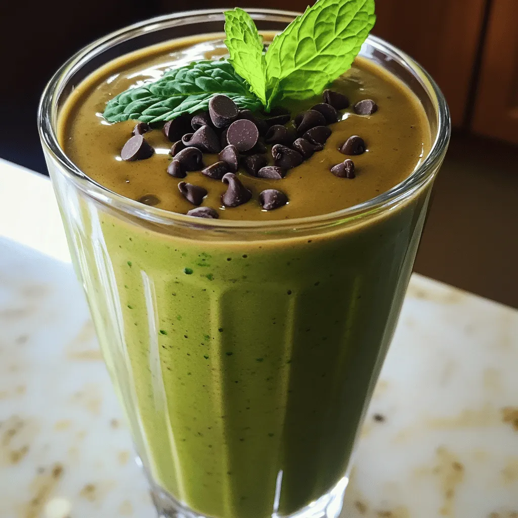 - 1 ripe frozen banana - 1 cup spinach - 1 cup unsweetened almond milk - 2 tablespoons cocoa powder - 1/2 teaspoon peppermint extract - 1 tablespoon honey or maple syrup - 1/4 cup chocolate chips - Ice cubes (optional) For a Mint Chocolate Chip Smoothie, gather these ingredients. The frozen banana gives a creamy base. Spinach adds a green boost, making it healthy. Unsweetened almond milk keeps it dairy-free and light. Cocoa powder brings rich chocolate flavor. Peppermint extract adds that fresh minty kick. Honey or maple syrup sweetens the blend to your taste. Chocolate chips add texture and extra chocolatey goodness. You can add ice cubes if you want a thicker drink. When you combine these ingredients, you create a delicious smoothie that tastes like a treat but is healthy. Each bite offers a blend of flavors that refresh and delight. - Combine all ingredients in the blender. - Blend until smooth and creamy. - Optional: Add ice for thickness. First, gather your ingredients. You need one ripe frozen banana, one cup of spinach, one cup of unsweetened almond milk, two tablespoons of cocoa powder, half a teaspoon of peppermint extract, one tablespoon of honey or maple syrup, and a quarter cup of chocolate chips. Don’t forget optional ice cubes if you like it thick! Now, put everything into the blender. Make sure to add the almond milk first. This helps the blender mix better. Blend on high until it’s smooth and creamy. You might need to stop and scrape down the sides to mix well. If you want a thicker smoothie, toss in some ice cubes and blend again. - Fold in chocolate chips. - Taste and adjust sweetness. Once your smoothie is smooth, gently fold in the chocolate chips. This keeps them chunky, which adds great texture. Next, take a quick taste. If it’s not sweet enough, add more honey or maple syrup. Blend just a bit more if you add anything. - Pour into glasses. - Garnish with mint and chocolate chips. Now, pour your smoothie into clear glasses to show off that pretty green color. For a fun touch, add a few extra chocolate chips on top and a sprig of fresh mint. This makes it look fancy and inviting. Enjoy your mint chocolate chip smoothie! To get a creamy texture in your smoothie, use a frozen banana. This adds a rich, thick feel. If you want it thicker, add more ice. Just blend until you reach your desired thickness. You can adjust the sweetness by changing the honey or syrup levels. Start with one tablespoon and taste. If you want it sweeter, add a bit more. For a different option, try agave syrup or stevia. A high-powered blender works best for this smoothie. It blends everything smoothly and quickly. If you don’t have one, a standard blender will work too, but it might take longer. For better blending, use a tamper or spatula to push down the ingredients. {{image_2}} You can easily make this smoothie without dairy. Here are some great choices: - Almond milk - Coconut milk - Oat milk These options add their own flavor to the drink. They also keep it creamy and smooth. If you want extra protein, try adding a plant-based protein powder. This keeps the drink filling and nutritious. Want to take your smoothie to the next level? Here are some ideas to boost flavor: - Add a tablespoon of nut butter for creaminess and taste. - Toss in a handful of berries for a fruity twist. - Add a scoop of chia seeds for extra fiber and omega-3s. You can also sprinkle in superfoods like spirulina or matcha. These add health benefits and vibrant colors. You can serve this smoothie in fun ways. Here are some ideas: - Pour it into a bowl and top with granola or fruit. - Freeze it into popsicles for a cool treat. For toppings, try adding: - Extra chocolate chips for sweetness. - A drizzle of honey for added flavor. - Fresh mint leaves for a pop of color. These options make it fun and tasty! After you make the mint chocolate chip smoothie, you might have some left over. The best way to store it is in the fridge. Pour it into a glass or jar with a lid. This keeps it fresh. The smoothie stays good for about 24 hours. After that, it may lose its taste and creaminess. If you want to save the smoothie for later, freezing is a great option. Pour the leftover smoothie into an ice cube tray or a freezer-safe container. Make sure to leave some space at the top since liquids expand when frozen. When you're ready to enjoy it again, take it out and let it thaw in the fridge overnight. You can also blend it again to get a smooth texture. If it seems too thick, just add a splash of almond milk. Prepping smoothies ahead of time is smart for busy mornings. You can make several servings at once. Use mason jars or airtight containers to store them. Fill each jar with the smoothie, leaving some space at the top. Keep them in the fridge for easy grab-and-go options. This way, you can enjoy a tasty smoothie any time without the hassle of making it fresh each day. Yes, you can! Here are some other great options: - Kale - Swiss chard - Romaine lettuce These greens add their own flavors and nutrients. For example, kale is rich in vitamins A and K. Swiss chard brings magnesium. Romaine lettuce offers hydration and fiber. All these greens boost the smoothie’s health benefits. Making this smoothie vegan is easy! Just swap out the honey for: - Maple syrup - Agave nectar These sweeteners add the same sweetness without animal products. Use your favorite plant-based milk for creaminess. Almond milk works well, but soy or oat milk are great too! This smoothie is packed with nutrition! Here’s a quick look at its components: - Banana: Provides potassium and energy - Spinach: Offers iron and vitamins - Cocoa powder: Adds antioxidants and mood boosts - Mint: Aids digestion and freshens breath Together, these ingredients create a tasty way to fuel your day. Enjoy the mint and cocoa blend which not only tastes great but also supports your health! This blog post covered a delicious smoothie recipe packed with nutrients. We explored key ingredients, preparation steps, helpful tips, and variations. You learned how to personalize your smoothie while keeping it healthy. Enjoy this tasty treat that boosts your energy and mood. With quick prep and easy storage, it fits into any busy life. Make this smoothie your own and savor every sip!