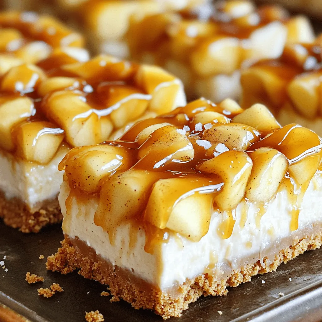 - 1 ¾ cups graham cracker crumbs - ½ cup unsalted butter, melted - 2 tablespoons sugar - 2 (8 oz) packages cream cheese, softened - 1 cup sugar - 1 teaspoon vanilla extract - 2 large eggs - 2 cups peeled and diced apples (about 2 medium apples) - 1 teaspoon cinnamon - ½ teaspoon nutmeg - 1 cup caramel sauce (store-bought or homemade) - Sea salt for garnish (optional) The main ingredients create the rich and smooth base for these bars. The graham cracker crumbs form a crunchy crust that pairs well with the creamy cheesecake. Apples add a lovely texture and flavor. Spices like cinnamon and nutmeg bring warmth and depth to each bite. - 8x8-inch baking pan - Parchment paper - Mixing bowls - Electric mixer - Spatula These supplies help make baking easier. The parchment paper ensures the bars lift out cleanly. An electric mixer makes mixing the cream cheese a breeze. A spatula helps spread the cheesecake mixture evenly. - Extra caramel sauce for drizzling - Chopped nuts (like pecans or walnuts) - Whipped cream Garnishes add flair and flavor to your bars. Drizzling more caramel sauce enhances sweetness. Chopped nuts offer crunch, while whipped cream adds creaminess. Feel free to get creative with your toppings! Start by preheating your oven to 350°F (175°C). This step is key to getting a nice bake. Next, take an 8x8-inch baking pan and line it with parchment paper. Leave some overhang on the sides. This makes it easy to lift the bars out later. In a mixing bowl, combine 1 ¾ cups of graham cracker crumbs with ½ cup of melted butter and 2 tablespoons of sugar. Stir until the crumbs soak up the butter. Press this mixture firmly into the bottom of your prepared pan. This creates a solid base for your cheesecake. In a large bowl, beat 2 packages of softened cream cheese with an electric mixer. Mix until it’s smooth and creamy. Gradually add 1 cup of sugar and keep mixing. Add in 1 teaspoon of vanilla extract. This mixture should be well combined. Now, take 2 cups of peeled and diced apples and add them to the cream cheese mixture. Sprinkle in 1 teaspoon of cinnamon and ½ teaspoon of nutmeg. Gently fold everything together. Make sure the apples and spices are evenly spread in the batter. Pour the apple cheesecake mixture over the crust in the pan. Spread it evenly with a spatula. Place the pan in the preheated oven. Bake for 30-35 minutes. The edges should be set while the center remains slightly jiggly. After baking, remove the pan from the oven and let it cool at room temperature. Once cool, move the pan to the refrigerator. Chill for at least 2 hours. When ready to serve, drizzle with caramel sauce and sprinkle a bit of sea salt if you like. Use the parchment paper to lift the bars out. Cut them into squares or rectangles and enjoy! To get a smooth and creamy texture, start with softened cream cheese. Cold cream cheese can make lumps in your batter. Mix it well until it is fluffy and smooth. Beat in the eggs slowly. Overmixing can add too much air, causing cracks. After baking, let it cool at room temp before chilling. This helps it set nicely. One big mistake is skipping the chilling time. If you cut the bars too soon, they may fall apart. Make sure to bake until the edges are set. If the center jiggles too much, it needs more time. Also, avoid using too many apples. Too much moisture can make the bars soggy. Stick to about two medium apples for the best results. To cut the bars cleanly, use a sharp knife. Run the knife under hot water for easy slicing. Wipe the knife between cuts. This keeps the edges neat. Lift the bars out using the parchment paper. This way, you can cut them on a cutting board. It makes serving simple and keeps them looking great. {{image_2}} You can easily make these bars gluten-free. Use gluten-free graham cracker crumbs. They work well in the crust. Just check the labels to ensure they are safe. While apples shine in this recipe, you can try other fruits. Pears add a nice sweetness. Cherries or berries can bring a tart kick. Just chop them into small pieces and fold them into the batter. Caramel is a classic topping, but you have options. Drizzle chocolate sauce for a rich twist. Try whipped cream for a light touch. Nuts like pecans or walnuts add crunch and flavor. Sea salt sprinkled on top enhances sweetness, too. To keep your caramel apple cheesecake bars fresh, store them in an airtight container. Place the bars in the fridge if you plan to eat them within a week. If you leave them out, they will spoil quickly. Make sure to cover them well to avoid drying out. You can freeze these bars for later. Cut them into squares first. Wrap each piece in plastic wrap, then place them in a freezer-safe bag. They can last up to three months in the freezer. When you want to enjoy them, just thaw in the fridge overnight. If you prefer your cheesecake bars warm, reheating is easy. Place a square on a microwave-safe plate. Heat for about 10 to 15 seconds. Check if it's warm enough. You can also bake them at 300°F (150°C) for about 10 minutes. This warms them through without making them too soft. Yes, you can make caramel apple cheesecake bars ahead of time. I suggest you prepare them a day before you plan to serve. After baking, let them cool and chill in the fridge for at least two hours. This way, the flavors deepen, and the bars set perfectly. If you need a cream cheese substitute, try mascarpone cheese or Greek yogurt. Both options offer a creamy texture. However, they will change the flavor slightly. You may also use a vegan cream cheese for a dairy-free version. These bars pair well with whipped cream, vanilla ice cream, or a scoop of gelato. You might also enjoy them with a drizzle of extra caramel sauce on top. For a tart contrast, serve with a dollop of sour cream or yogurt. Cracks can happen for a few reasons. Overmixing the batter adds too much air, leading to cracks. Also, baking at a high temperature can cause them to puff up and crack. To avoid this, mix gently and bake at the right temperature. You can find the full recipe right here in this article. Scroll back to the ingredients and step-by-step instructions. You’ll have everything you need to make these delicious bars! To make Caramel Apple Cheesecake Bars, we explored key ingredients, tools, and steps. I shared my tips for perfecting texture and avoiding common mistakes. You learned about storage and how to adapt the recipe for your needs. These bars are not just tasty; they can also suit different diets and preferences. Enjoy baking and serving these delicious treats, knowing you have the skills to impress anyone!