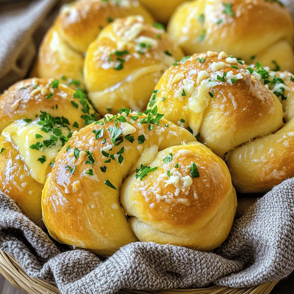 To make Garlic Parmesan Knotted Rolls, you need simple and fresh ingredients. Here is the detailed list of ingredients: - 3 cups all-purpose flour - 1 packet active dry yeast (2 ¼ teaspoons) - 1 teaspoon sugar - 1 teaspoon salt - 1 cup warm water (110°F/45°C) - ¼ cup unsalted butter, melted - 4 cloves garlic, minced - ¾ cup grated Parmesan cheese - 2 tablespoons chopped fresh parsley (optional for garnish) These ingredients blend together to create soft, tasty rolls. The garlic adds a warm kick, while the Parmesan gives a nice cheesy flavor. Using fresh parsley makes the rolls look pretty and adds a fresh taste. Choose good-quality ingredients for the best results. To start, you need warm water, sugar, and yeast. Pour 1 cup of warm water into a bowl. Add 1 teaspoon of sugar and 1 packet of active dry yeast. Stir gently. Now, let this sit for about 5 minutes. You will see bubbles form. This means your yeast is ready. Next, grab another bowl. Mix 3 cups of all-purpose flour and 1 teaspoon of salt together. Once mixed, add the yeast mixture to the flour. Stir until a dough starts to form. Now, knead the dough on a floured surface. Do this for about 5 to 7 minutes. The dough should feel smooth and elastic. Place your kneaded dough into a greased bowl. Cover it with a kitchen towel. Let it rise in a warm place for 1 hour. After this time, the dough should double in size. Punch it down gently. Turn it onto a floured surface. Divide the dough into 12 equal pieces. Roll each piece into a long rope, and tie it into a knot. Now, preheat your oven to 375°F (190°C). Prepare a baking sheet by lining it with parchment paper. Place your knotted rolls on the sheet, leaving space between them. In a small bowl, mix ¼ cup of melted butter, 4 minced garlic cloves, and half of the ¾ cup of grated Parmesan cheese. Brush this butter mix over each roll. Sprinkle the rest of the Parmesan cheese on top. Bake in the oven for 15 to 20 minutes until golden brown. Enjoy the aroma! - Roll each piece into a smooth, even rope. This helps them bake evenly. - To tie knots, create a simple loop with the rope. Then, pull one end through the loop. This keeps the shape tight. - You can mix up your garlic butter with more herbs. Try adding oregano or thyme for a twist. - Feel free to adjust the garlic amount. If you love garlic, add more! A pinch of red pepper flakes gives a nice kick. - Look for rolls that are golden brown on top. This shows they are baked well. - Tap the bottom of a roll; it should sound hollow if it’s done. - For a nutritional boost, add some ground flaxseed or chia seeds to the dough. They pack extra fiber and nutrients without changing the taste. {{image_2}} You can easily add herbs to your Garlic Parmesan Knotted Rolls. Fresh rosemary or thyme gives a nice touch. Just chop them finely and mix them into the dough. This adds a burst of flavor. You can also switch up the cheese. Instead of Parmesan, try mozzarella for a gooey center. Cheddar works well too, adding a sharp bite to the rolls. If you need a gluten-free option, use a gluten-free flour blend. Just make sure it has xanthan gum for the right texture. The rolls may taste different but will still be soft and yummy. For a vegan twist, substitute the butter with olive oil. Use a plant-based cheese or leave it out. You can replace the milk with almond or soy milk too. These small changes keep the rolls tasty and friendly for all diets. Get creative with seasonal flavors. In fall, add pumpkin puree to the dough. For winter holidays, mix in dried cranberries for a sweet surprise. These little changes make your rolls fit any occasion. To keep your leftover rolls fresh, store them in an airtight container. This helps prevent them from drying out. You can also wrap them in plastic wrap or aluminum foil. For the best taste, eat them within three days. When reheating, preheat your oven to 350°F (175°C). Place the rolls on a baking sheet. Heat for about 5-10 minutes. This keeps them soft and warm. Avoid using the microwave, as it can make them chewy. If you want to save some for later, freezing is a great option. Let the rolls cool completely before freezing. Wrap each roll in plastic wrap, then place them in a freezer bag. This helps keep them fresh. They can stay frozen for up to three months. To thaw, take the rolls out of the freezer. Leave them in the fridge overnight. When you are ready to eat, reheat them in the oven at 350°F (175°C) for about 10 minutes. This helps restore their texture and taste. Garlic Parmesan Knotted Rolls are perfect with dips like marinara or garlic butter. You can also serve them alongside soups or salads for a complete meal. If you have leftover rolls, try making garlic bread croutons. Cut the rolls into cubes and toast them in the oven. They add great flavor to salads or soups. You can even slice them and make mini sandwiches with your favorite fillings. You can tell your knotted rolls are done by looking for a few signs: - They should be golden brown on top. - The rolls will sound hollow when tapped on the bottom. - If you use a thermometer, the inside should reach 190°F (88°C). These signs will help you achieve the perfect texture and flavor. Yes, you can prep these rolls ahead of time! Here are some tips: - Make the dough and let it rise, then shape the rolls. - Cover the rolls with plastic wrap and store them in the fridge. - Bake them the next day, just remember to let them come to room temp first. This will save time on busy days. These rolls pair well with many dishes, such as: - A warm bowl of soup, like tomato or minestrone. - A fresh salad with vinaigrette dressing. - Dipping sauces like marinara or garlic butter. For drinks, serve with a light white wine or sparkling water. You can find the full recipe for Garlic Parmesan Knotted Rolls on our website. Just visit the recipe section to get all the details you need! To make Garlic Parmesan Knotted Rolls, we combined simple ingredients, followed easy steps, and added tips for best results. Remember to customize flavors and store them properly for later enjoyment. These rolls are not just tasty; they offer many fun variations for any meal. With a bit of practice, you can master this recipe and impress everyone. Enjoy the process and savor the results of your hard work. Happy baking!