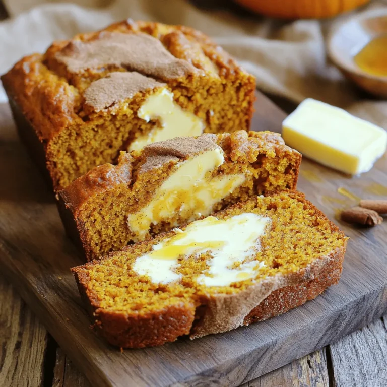 - 1 ½ cups all-purpose flour - 1 cup pumpkin puree - 4 oz cream cheese, softened These three main ingredients form the backbone of this muffin bread. All-purpose flour gives structure. Pumpkin puree adds moisture and flavor. Cream cheese brings a rich, creamy swirl that makes every bite special. - 1 teaspoon baking soda - 1 teaspoon baking powder - ½ teaspoon salt - 1 teaspoon ground cinnamon - ½ teaspoon ground nutmeg - ½ teaspoon ground ginger Baking soda and baking powder help the bread rise. The salt enhances flavors. The spices create warmth and depth. Cinnamon, nutmeg, and ginger bring a cozy taste that pairs perfectly with pumpkin. - ½ cup granulated sugar - ½ cup brown sugar, packed - ½ cup vegetable oil Granulated sugar adds sweetness, while brown sugar gives a hint of caramel. Vegetable oil keeps the bread moist. This balance makes for a delightful and tender crumb. First, preheat your oven to 350°F (175°C). This will help your bread bake evenly. Next, take a 9x5 inch loaf pan. Grease it with butter or oil, or line it with parchment paper. This makes it easy to remove the bread later. In a medium bowl, whisk together the dry ingredients. Combine 1 ½ cups of all-purpose flour, 1 teaspoon of baking soda, 1 teaspoon of baking powder, and ½ teaspoon of salt. Then, add 1 teaspoon of ground cinnamon, ½ teaspoon of ground nutmeg, and ½ teaspoon of ground ginger. Mix well and set it aside. In a larger bowl, mix the wet ingredients. Combine 1 cup of pumpkin puree, ½ cup of granulated sugar, ½ cup of brown sugar, ½ cup of vegetable oil, 2 large eggs, and 1 teaspoon of vanilla extract. Stir until it is smooth and well mixed. Now, add the dry ingredients to the wet mixture. Stir gently until just combined. Remember, it is okay if there are a few lumps. Overmixing can make the bread tough. Next, prepare the cream cheese mixture. In a small bowl, mix 4 oz of softened cream cheese, 2 tablespoons of powdered sugar, and 1 tablespoon of milk. Stir it well until it is smooth and creamy. Now, we will add this mixture to the batter. Pour half of the muffin bread batter into the prepared pan. Then, dollop the cream cheese mixture over the top. Use a knife to swirl it gently into the batter. This creates a tasty cream cheese layer. Pour the remaining batter over the cream cheese layer. Smooth the top with a spatula. For an extra touch, you can sprinkle more cinnamon or pumpkin spice on top. It is time to bake! Place the loaf pan in the oven. Bake for 55 to 65 minutes. Check for doneness by inserting a toothpick into the center. If it comes out clean, your bread is done. If the top browns too much, cover it with aluminum foil. Once baked, remove the pan from the oven. Let it cool for 10 minutes in the pan. Then, transfer the bread to a wire rack to cool completely. This helps maintain a perfect texture. Enjoy the wonderful smell of your Pumpkin Cream Cheese Muffin Bread! To get a soft and fluffy bread, mix the batter just until combined. It’s fine if some lumps remain. Overmixing can lead to tough bread. Remember, gentle hands make perfect muffins! Want to boost the flavor? Try adding nuts or chocolate chips to the batter. They add great texture and taste. You can also sprinkle spices on top before baking. A little extra cinnamon makes everything nice! If your bread turns out dense, it might be due to too much mixing or too many wet ingredients. To fix this, try adding a bit more flour next time. If you notice your bread browning too fast, use aluminum foil to cover the top. This keeps it from burning while the inside cooks through. {{image_2}} You can make your pumpkin cream cheese muffin bread even tastier. Try adding chocolate chips for a sweet touch. They melt and mix well with the bread. Dried fruits like raisins or cranberries also add a nice texture. Their sweetness pairs well with the pumpkin flavor. Another fun idea is to experiment with different cream cheese flavors. You could use cinnamon cream cheese for a warm spice kick. A honey-flavored cream cheese brings a delightful sweetness. These small changes can give your bread a new twist each time. If you need gluten-free options, swap the all-purpose flour for a gluten-free blend. Many blends work well in baking. Just make sure to follow the package’s instructions for the best results. For a vegan version, replace the eggs with flaxseed meal or applesauce. Use a plant-based cream cheese, and choose vegetable oil that is vegan-friendly. These substitutions can keep the bread moist and delicious. Using fresh pumpkin gives your bread a unique taste. If you have fresh pumpkin, cook and puree it first. This adds a rich flavor to your bread. However, canned pumpkin is just as tasty and saves time. Don’t forget to play with seasonal spices! In addition to cinnamon, add allspice or cloves for a fall twist. You can also adjust the spice amounts to suit your taste. A pinch more nutmeg can create an aromatic experience. Store your Pumpkin Cream Cheese Muffin Bread at room temperature for the best taste. Place it in an airtight container to keep it fresh. If you live in a humid area, store it in the fridge. This helps prevent mold. Just remember, the bread may dry out a bit in the fridge. To keep it soft, wrap it tightly in plastic wrap before placing it in the container. You can freeze slices or the whole loaf of muffin bread. To freeze, wrap each slice in plastic wrap. For the whole loaf, wrap it tightly as well. Then, place it in a freezer bag. Squeeze out any air before sealing. When you want to eat it, thaw it in the fridge overnight. You can also use the microwave for quick thawing, but watch it closely so it does not get too hot. Pumpkin Cream Cheese Muffin Bread lasts about 3 to 4 days at room temperature. In the fridge, it can last up to a week. If you freeze it, it will stay good for about 2 to 3 months. Check for signs of spoilage like a sour smell or mold. If you see any, it's best to toss it out. Enjoy your pumpkin bread while it’s fresh for the best flavor! To check if your Pumpkin Cream Cheese Muffin Bread is done, use a toothpick. Insert it into the center of the bread. If it comes out clean or with a few crumbs, your bread is ready. If it has wet batter, bake it a bit longer. This simple test helps ensure a perfect bake every time. Yes, you can make this recipe ahead of time. To prep in advance, mix the dry ingredients and store them in a bowl. You can also prepare the cream cheese mixture and keep it in the fridge. When you are ready to bake, simply combine the wet and dry ingredients. This method saves time and makes baking easy. You can serve Pumpkin Cream Cheese Muffin Bread with various toppings. A pat of butter adds richness. A drizzle of honey gives a sweet touch. You could also serve it with warm apple cider or a cup of coffee. For a fun twist, pair it with whipped cream or yogurt for a tasty breakfast treat. You now have all the tools to create a delicious Pumpkin Cream Cheese Muffin Bread. We discussed the main ingredients, baking essentials, and step-by-step instructions. Tips and tricks will help you avoid common mistakes and enhance flavors. Variations allow for personal touches to fit your taste. Finally, proper storage techniques ensure your bread stays fresh. With this knowledge, you'll enjoy baking and sharing this tasty treat. Dive in and relish the fun of baking!