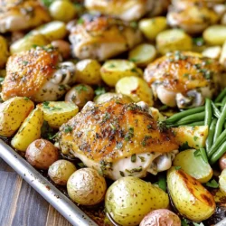 - 4 bone-in, skin-on chicken thighs - 1 head of garlic, cloves separated and peeled - 1 lemon, zested and juiced - 2 tablespoons olive oil - 1 teaspoon dried oregano - 1 teaspoon dried thyme - 1 teaspoon smoked paprika - 1 teaspoon salt - ½ teaspoon black pepper - 1 pound baby potatoes, halved - 2 cups green beans, trimmed These main ingredients work together to create a rich and savory dish. The chicken thighs provide juicy meat, while garlic adds a sweet, roasted flavor. Baby potatoes soak up the herbs, and green beans give a fresh crunch. - Red pepper flakes - Fresh rosemary or thyme - Additional vegetables like carrots or bell peppers You can spice things up with red pepper flakes for heat. Feel free to add herbs like rosemary or thyme for extra aroma. More veggies can also add color and flavor to the dish. - Fresh parsley, chopped - Lemon wedges A sprinkle of fresh parsley adds a pop of color and a hint of freshness. Lemon wedges can brighten the flavors when served alongside the chicken. 1. Start by preheating your oven to 425°F (220°C). This gets it hot and ready for cooking. 2. In a small bowl, mix together olive oil, lemon zest, and lemon juice. Add oregano, thyme, smoked paprika, salt, and black pepper. This mix is your herb marinade. 3. Take the chicken thighs and place them in a large bowl. Pour half of the marinade over the chicken. Make sure every piece is coated well. Let it sit for at least 15 minutes. This helps the chicken soak in all the good flavors. 4. While the chicken marinates, grab a large sheet pan. Arrange the halved baby potatoes and garlic cloves on it. Drizzle the remaining marinade over them and toss to coat. Spread them out evenly. 5. Now, nestle the marinated chicken thighs skin-side up among the potatoes and garlic. This allows the chicken to roast nicely with the veggies. 6. Place the sheet pan in the preheated oven and roast for 25 minutes. This will start to cook the chicken and brown the potatoes. 7. After 25 minutes, add the green beans to the pan. Toss them with the juices from the chicken and veggies. Return the pan to the oven and roast for another 15-20 minutes. 8. Check if the chicken is done by using a food thermometer. It should reach an internal temperature of 165°F (74°C). The potatoes should be golden and tender. 9. Once everything is cooked, take the sheet pan out of the oven. Let it rest for 5 minutes. This helps the chicken stay juicy. 10. Before serving, sprinkle chopped fresh parsley over the dish. This adds a nice pop of color and flavor. Serve the chicken with potatoes and green beans on each plate. Enjoy your roasted garlic herb chicken dinner! Marinating chicken adds great taste. I use a simple mix of olive oil, lemon juice, and herbs. The lemon gives it a fresh zing. Let the chicken sit in the marinade for at least 15 minutes. This helps the flavors soak in. If you have more time, marinate it for a few hours. The longer, the better! To get veggies that are crispy and tender, cut them evenly. I like to use baby potatoes and green beans. They roast well together. Toss them in the same marinade as the chicken. This makes sure they soak up all the tasty flavors. Spread them out on the sheet pan. Don’t overcrowd them; this helps them roast evenly. To know if the chicken is done, use a meat thermometer. It should read 165°F (74°C) inside. Check the thickest part of the thigh. The juices should run clear, not pink. If the chicken is not done, return it to the oven. Roast until it reaches the right temperature. This ensures your meal is safe and delicious! {{image_2}} You can switch out chicken for other meats. Try bone-in pork chops or thighs for a tasty change. If you prefer a lighter meal, use skin-on chicken breasts. For a plant-based version, tofu or tempeh works well. Just ensure they soak in the herb marinade for flavor. Feel free to mix up the veggies. You can use carrots, bell peppers, or zucchini instead of green beans. Sweet potatoes are a great swap for baby potatoes. Just cut them into similar sizes so they cook evenly. This way, you create a colorful and tasty dish. Spice things up with different herbs and spices. Add fresh rosemary or basil for a new twist. For heat, try red pepper flakes or cayenne pepper. You can also use balsamic vinegar instead of lemon juice for a deeper flavor. Experiment with these options to find your favorite combination! After you enjoy this roasted garlic herb chicken, save any leftovers. Let the dish cool down to room temperature. Then, transfer the chicken, potatoes, and green beans to an airtight container. Store the leftovers in the fridge for up to three days. This helps keep the flavors fresh and tasty. To reheat, you can use the oven or the microwave. If using the oven, preheat it to 350°F (175°C). Place the chicken and veggies on a baking tray. Cover with foil to keep it moist. Heat for about 15 minutes or until warm. If using a microwave, put the leftovers in a microwave-safe dish. Heat in short bursts, checking often, until hot. If you want to freeze the dish, it’s best to do this before reheating. First, let it cool completely. Then, pack the chicken and veggies in a freezer-safe bag or container. Be sure to remove as much air as possible. You can freeze it for up to three months. To eat, thaw in the fridge overnight before reheating. You can tell the chicken is done when it reaches 165°F (74°C). Use a meat thermometer to check. The juices should run clear, not pink. If you see clear juices, the chicken is ready to eat. Let it rest for five minutes before serving. This step keeps it juicy. Yes, you can use boneless chicken thighs. They will cook faster than bone-in thighs. Adjust the cooking time to about 20-25 minutes. Check for doneness with a meat thermometer. They should also reach 165°F (74°C). Roasted garlic herb chicken goes well with many sides. You can serve it with: - Rice or quinoa - A fresh green salad - Crusty bread - Roasted vegetables - Mashed potatoes These add variety and balance to your meal. Leftovers can be stored in the fridge for up to four days. Make sure to place them in an airtight container. For longer storage, freeze the chicken. It can last up to three months in the freezer. Yes, you can prep this recipe ahead of time. Marinate the chicken and cut the vegetables the day before. Store everything in the fridge. When you are ready to cook, just follow the roasting steps. This makes dinner easy and quick! This blog post covered key ingredients, step-by-step cooking, and helpful tips. We explored variations and how to store leftovers. Remember, cooking is about trying new things. Don't hesitate to alter ingredients and flavors. Enjoy the fun of making meals that stand out. With practice, you will gain confidence and skill in the kitchen. Happy cooking!