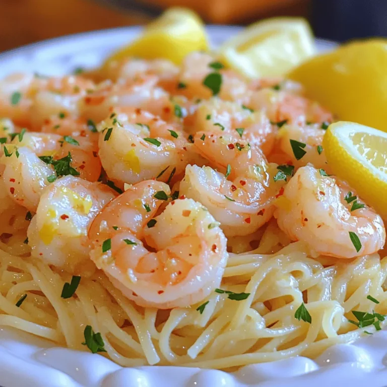 - 1 pound large shrimp, peeled and deveined - 8 ounces linguine or spaghetti For a great dish, choose large shrimp. They cook fast and taste sweet. Linguine or spaghetti works well with the sauce. - 3 tablespoons olive oil - 4 cloves garlic, minced - 1 teaspoon red pepper flakes (adjust for spice preference) - Salt and pepper to taste Olive oil adds richness. Garlic gives a strong flavor. Red pepper flakes add a spicy kick. You can adjust the spice to fit your taste. Remember to add salt and pepper for balance. - Zest of 1 lemon - 1/4 cup fresh lemon juice (about 2 lemons) - 1/2 cup vegetable or chicken broth - Fresh parsley, chopped (for garnish) - Lemon wedges (for serving) Lemon zest brightens the dish. Fresh lemon juice gives it a tart taste. Broth adds depth to the sauce. Parsley makes your dish look nice. Lemon wedges are great for extra flavor. Start by boiling a large pot of salted water. Once it boils, add 8 ounces of linguine or spaghetti. Cook it according to the package instructions until it is al dente. This usually takes about 8-10 minutes. After cooking, drain the pasta. Be sure to save about 1/2 cup of the pasta water. This water will help later. Next, grab a large skillet and heat 3 tablespoons of olive oil over medium heat. After a minute, add 4 minced garlic cloves and 1 teaspoon of red pepper flakes. Sauté this mix for about 1 minute. You want it fragrant but careful not to burn the garlic. Now, add the shrimp to the skillet. Season with salt and pepper. Cook each side for 2-3 minutes until the shrimp turns pink and opaque. Once done, set the shrimp aside on a plate. In the same skillet, add the zest of 1 lemon, 1/4 cup of fresh lemon juice, and 1/2 cup of vegetable or chicken broth. Bring this to a simmer. Use a spatula to scrape any bits stuck to the bottom of the pan. Let this mixture cook for about 3-4 minutes until it slightly reduces. This step builds a bright and zesty flavor. Return the cooked shrimp to the skillet with the sauce. Add the drained pasta and toss it all together. If the mixture appears dry, add a little of the reserved pasta water. This helps to get the right consistency. Heat everything through. Serve the shrimp scampi on plates and garnish with freshly chopped parsley. Add lemon wedges on the side for an extra zesty touch. Enjoy your meal! To get juicy shrimp, cook them right. Start with hot oil. Add the garlic and red pepper flakes first. This will flavor the oil. Then, add the shrimp. Cook them for only 2-3 minutes on each side. They should turn pink and opaque. Do not overcrowd the pan. If you have many shrimp, cook them in batches. Spice can be fun or too much. The recipe calls for red pepper flakes. You can change the amount to your taste. For less heat, use only a pinch. If you love spice, add more. Taste as you cook to find your perfect level. Remember, you can always add more but can’t take it away! The sauce should be silky and not too thick. After adding the broth, let it simmer. This reduces the sauce and enhances flavors. If your sauce seems too thick, add a little pasta water. If it’s too thin, let it cook longer. Toss in the shrimp and pasta once the sauce is perfect. The result will be a balanced dish. {{image_2}} You can boost your dish by adding vegetables. Consider using spinach, tomatoes, or bell peppers. These veggies add color and flavor. Cook them in the skillet before adding shrimp. This way, they soften and soak up the sauce. You can even toss in some peas for a pop of green. Just be sure to adjust cooking time based on the veggies you choose. If shrimp isn’t your favorite, try other proteins. Chicken works well; just cut it into small pieces. Cook the chicken until it’s golden brown. You can also use scallops or fish like salmon. These options give you tasty alternatives while keeping the dish light. Adjust the cooking time as needed based on the protein you choose. Switching up the sauce can change the whole dish. For a creamy version, add some heavy cream or a splash of white wine. You can also use a basil pesto for a fresh twist. If you want more heat, a spicy marinara could work too. Just remember to balance flavors so one ingredient doesn’t overpower the rest. To keep your Lemon Garlic Shrimp Scampi fresh, place the leftovers in an airtight container. Make sure to cool the dish before sealing it. Store it in the fridge for up to three days. This way, you can enjoy it again soon! When you’re ready to eat leftovers, reheating is key. Use a skillet on low heat to warm the dish. Add a splash of broth or water to keep the shrimp moist. Stir gently until heated through. You can also use the microwave, but be careful not to overcook the shrimp. If you want to freeze your scampi, separate the shrimp from the pasta. This helps keep the pasta from getting mushy. Place the shrimp and sauce in a freezer-safe bag. It can last up to three months in the freezer. When you’re ready to eat, thaw overnight in the fridge. Then, reheat in a skillet as before. The best shrimp for scampi is large shrimp. They hold up well while cooking. Look for shrimp labeled as "16-20 count" for great size and taste. Fresh shrimp is ideal, but frozen works too. Always choose shrimp that smell fresh, not fishy. Yes, you can use frozen shrimp for this recipe. Just thaw them before cooking. To thaw, place the shrimp in a bowl of cold water for about 15 minutes. This method keeps the shrimp firm and tasty. Once thawed, peel and devein if needed. To make this recipe gluten-free, simply swap out the pasta. Use gluten-free linguine or spaghetti. Many brands offer great gluten-free options that taste good. Always check labels to ensure they meet your dietary needs. Lemon Garlic Shrimp Scampi pairs well with several sides. Here are some great options: - Garlic bread - Steamed vegetables - A fresh green salad - Rice or quinoa - Roasted potatoes These sides will complement the flavors of the dish and create a balanced meal. You've learned how to make a tasty Lemon Garlic Shrimp Scampi. We covered the key ingredients, cooking steps, and helpful tips. You can customize your dish with veggies or different sauces. Storing and reheating leftovers was also important. Try this recipe soon. It’s easy, quick, and delicious. Enjoy your cooking and take pride in your meal!