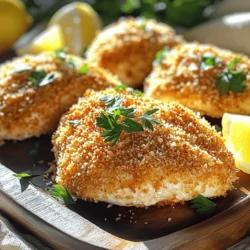 - 4 boneless, skinless chicken breasts - 1 cup grated Parmesan cheese - 1 cup panko bread crumbs - 2 teaspoons garlic powder - 1 teaspoon paprika - 1 teaspoon dried Italian herbs - Salt and pepper to taste - 2 large eggs - 2 tablespoons olive oil When making Baked Parmesan Crusted Chicken, you want to start with the right ingredients. The chicken serves as the main star. Choose four boneless, skinless chicken breasts. They cook evenly and stay juicy. Next, you need cheese. Grated Parmesan adds a rich and nutty flavor. It forms a crispy layer that contrasts with the tender chicken. The panko bread crumbs create that desired crunch. They are lighter and airier than regular breadcrumbs, adding to the crisp factor. Seasoning is key. Garlic powder gives a nice punch. Paprika adds warmth and a bit of color. Dried Italian herbs, like oregano and basil, enhance the dish’s flavor profile. Salt and pepper round out the taste. To bind everything together, you’ll need eggs and olive oil. The eggs coat the chicken, helping the cheese and crumbs stick. Olive oil keeps the crust crisp as it bakes. Gathering these ingredients sets you up for a tasty meal. You can easily customize them to suit your taste. 1. Preheat the oven: Start by setting your oven to 400°F (200°C). This heat will help make the chicken crispy. 2. Prepare the baking sheet: Line your baking sheet with parchment paper. This keeps the chicken from sticking and makes cleanup easy. 3. Combine Parmesan and bread crumb mixture: In a medium bowl, mix together the grated Parmesan cheese, panko bread crumbs, garlic powder, paprika, dried Italian herbs, salt, and pepper. Stir well until everything is even. 1. Whisk the egg mixture: In another bowl, whisk together the eggs and olive oil. Make sure it looks smooth and blended. 2. Dredge chicken in egg and breadcrumb mixtures: Take each chicken breast and dip it in the egg mixture. Make sure it gets coated well. Next, dredge it in the Parmesan mixture. Press lightly so it sticks well. 1. Arrange chicken on the baking sheet: Place the coated chicken breasts on the lined baking sheet. Leave some space between each piece. 2. Bake and check for doneness: Slide the baking sheet into the oven. Bake for 20-25 minutes. The chicken should be cooked through and have a golden, crispy crust. Use a meat thermometer; the internal temperature should reach 165°F (75°C). To get that perfect crunch, olive oil is key. It helps the coating turn golden and crisp. Drizzle a bit on top before baking for that extra crispiness. Panko is the best choice over regular breadcrumbs. Panko gives a lighter and airier texture, making the crust more enjoyable. You can boost the flavor with extra seasonings. Try adding some onion powder or red pepper flakes for a kick. Marinating the chicken in a mix of olive oil, lemon juice, and herbs for an hour will add great taste. This step is simple and makes a big difference. Pair your Baked Parmesan Crusted Chicken with sides like mashed potatoes or steamed veggies. A fresh salad also works well. For a nice touch, serve the chicken on a wooden platter. Add lemon wedges and a sprinkle of extra Parmesan on top. It looks great and enhances the meal. {{image_2}} For a lighter dish, you can make some easy swaps. - Gluten-free substitutions: Use gluten-free panko breadcrumbs or crushed nuts. This option works well and still gives a nice crunch. - Reducing cheese and oil: Cut down on the Parmesan cheese to half a cup. You can also use less olive oil. This change still keeps flavor but reduces fat. Mixing up the herbs and spices can take this dish to new levels. - Adding different herbs and spices: Try adding fresh rosemary or thyme for a fragrant touch. Smoked paprika gives a nice twist too. You can even add a pinch of cayenne for heat. - Different cheese options: Swap Parmesan for Pecorino Romano or a blend of cheeses. Each cheese adds its own unique flavor. You can also change how you cook the chicken for different results. - Air frying for a quicker option: Air fry the chicken at 375°F for about 12-15 minutes. This method gives you a crispy crust with less oil. - Grilling for a smoky flavor: Grill the chicken on medium heat for 6-8 minutes per side. This gives a nice char and smoky taste. These variations let you enjoy Baked Parmesan Crusted Chicken in new ways, keeping meals exciting and healthy! To keep your Baked Parmesan Crusted Chicken fresh, use an airtight container. Glass or plastic containers work well. Store the chicken in the fridge at a temperature below 40°F (4°C). This helps maintain its flavor and texture for up to three days. You can reheat the chicken in the oven or a microwave. For the oven, place it on a baking sheet at 350°F (175°C) for about 10-15 minutes. This method helps keep the crust crispy. If you use a microwave, heat it in short bursts. Be careful not to overcook it, as this can make the chicken dry. To maintain crispiness, consider using a toaster oven. This keeps the outside crunchy while warming the inside. Spraying a little oil on the crust before reheating can also help. If you want to freeze cooked chicken, let it cool first. Then wrap each piece tightly in plastic wrap or foil. Place the wrapped chicken in a freezer bag. Squeeze out as much air as you can before sealing. The chicken will last for up to three months in the freezer. When you're ready to eat, thaw the chicken in the fridge overnight. This keeps it safe and helps it stay juicy. After thawing, you can reheat it using the methods mentioned above. The best temperature for baking chicken is 400°F (200°C). This heat cooks the chicken well and gives it a crispy crust. When the oven is hot, the cheese and bread crumbs brown nicely. This creates a tasty outer layer that contrasts with juicy chicken inside. You should bake Baked Parmesan Crusted Chicken for 20 to 25 minutes. The cooking time depends on how thick the chicken breasts are. Thinner pieces cook faster, while thicker ones may need more time. Always check that the chicken’s internal temperature reaches 165°F (75°C) to ensure it is safe to eat. You can use regular breadcrumbs, but panko works better. Panko is coarser and lighter. It gives a crunchier texture. Regular breadcrumbs can make the crust denser. If you want a crispier finish, stick with panko. This blog covered everything you need for baked Parmesan crusted chicken. We discussed the key ingredients, like chicken breasts, cheese, and breadcrumbs. You learned how to prepare, coat, and bake the chicken for a crisp texture. I shared tips for flavor and variations to suit your taste. Lastly, I included storage methods for leftovers. With this information, you can create a delicious meal your family will love. Enjoy cooking and experimenting with different flavors in your kitchen!