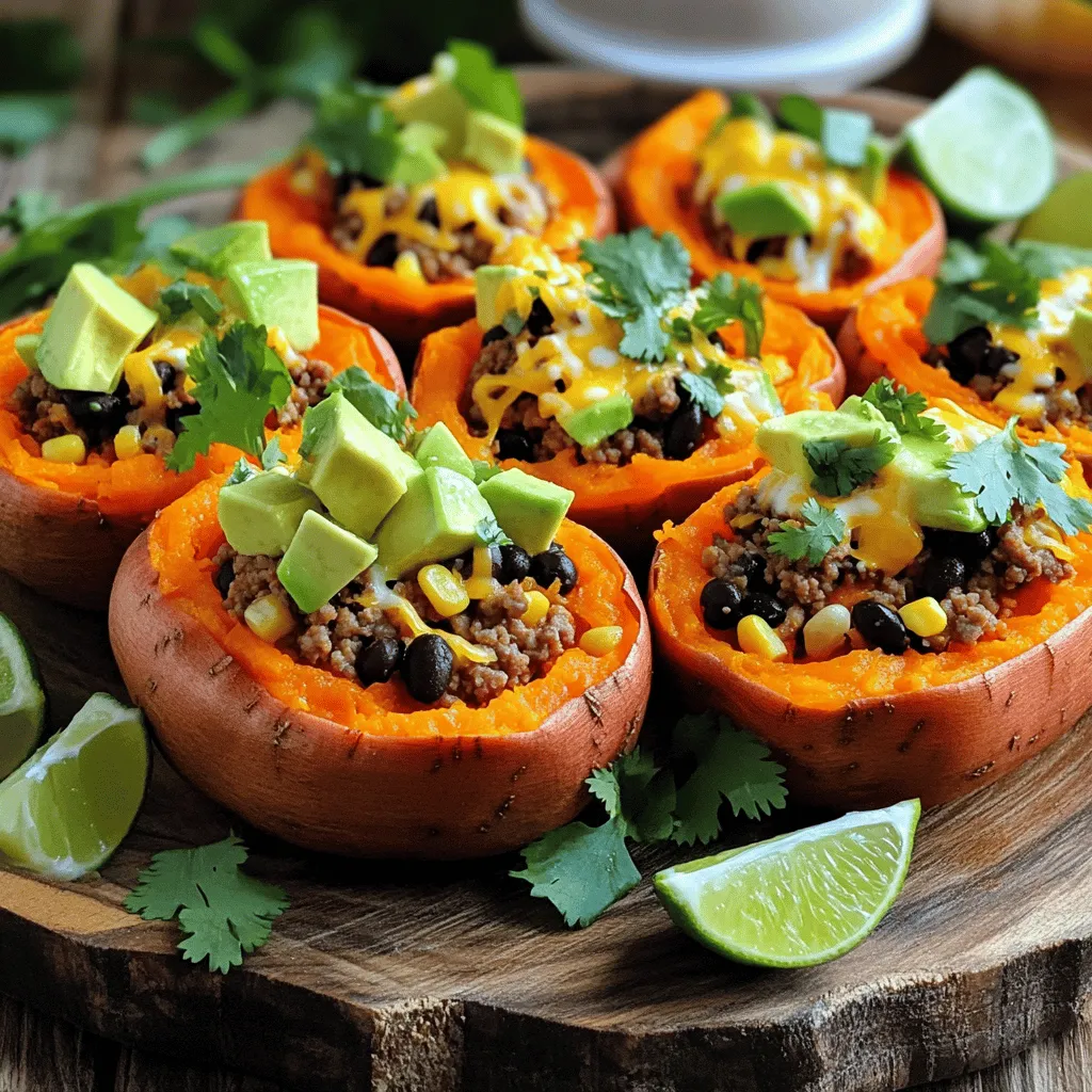 To make taco stuffed sweet potatoes, you'll need: - 4 medium sweet potatoes - 1 lb ground turkey (or beef) - 1 can (15 oz) black beans, rinsed and drained - 1 cup corn (fresh, frozen, or canned) - 1 packet taco seasoning - 1 cup diced tomatoes (fresh or canned) - 1 cup diced red onion - 1 bell pepper, diced - 1/2 cup shredded cheddar cheese For the best taste, consider adding these fresh ingredients: - 1 avocado, diced - Fresh cilantro, chopped You can enhance your meal with these garnishes: - Lime wedges for serving - Extra shredded cheese for topping First, preheat your oven to 425°F (220°C). This helps the sweet potatoes cook evenly. Next, wash the sweet potatoes well. Make sure to pierce them several times with a fork. This prevents them from bursting while baking. Place the sweet potatoes on a baking sheet. Bake them for 45 to 50 minutes. You know they are done when they feel tender to the touch. While the sweet potatoes bake, heat a drizzle of olive oil in a large skillet over medium heat. Add the diced onion and bell pepper. Season them with salt and pepper. Sauté for about 3 to 4 minutes until they soften. Then, add the ground turkey or beef to the skillet. Break it apart with a spatula as it cooks. Cook until it turns brown and is fully cooked, about 5 to 7 minutes. Stir in the taco seasoning, rinsed black beans, corn, and diced tomatoes. Cook for an additional 5 minutes. This step allows all the flavors to blend well. Once the sweet potatoes are done, take them out of the oven. Let them cool for a bit. Carefully slice each sweet potato down the middle. This creates a pocket for your filling. Use a fork to fluff the inside of each sweet potato slightly. Spoon the taco filling generously into each pocket. Top each stuffed sweet potato with shredded cheddar cheese. Return them to the oven for 5 to 7 minutes to melt the cheese. When they are ready, remove them from the oven. Garnish with diced avocado and fresh cilantro. Serve with lime wedges on the side for a zesty touch. To bake sweet potatoes well, start with fresh ones. Look for firm potatoes that feel heavy. Wash them under running water and pierce each potato with a fork. This helps steam escape. Bake at 425°F for 45-50 minutes. They should be soft inside when done. Let them cool for a few minutes before slicing. For a tasty taco filling, use fresh ingredients. Start by sautéing diced onion and bell pepper in olive oil. This adds great flavor. Brown your ground turkey or beef in the same pan. Stir in taco seasoning, black beans, corn, and diced tomatoes. Cook until everything is heated through. This will keep the filling juicy and full of flavor. To get that perfect melty cheese on top, sprinkle shredded cheddar over the taco filling. Return the sweet potatoes to the oven for 5-7 minutes. This allows the cheese to melt gently. Avoid overcooking, as that can make the cheese tough. The result will be a warm, gooey topping that enhances the dish. {{image_2}} You can easily make this dish vegetarian or vegan. For a vegetarian option, swap ground turkey with lentils or crumbled tofu. Both options add protein and texture. For a vegan twist, use black beans or chickpeas as your base. Just remember to skip the cheese or use a dairy-free version. This way, everyone can enjoy taco stuffed sweet potatoes! While ground turkey is my go-to, you can try other proteins. Ground beef works well if you prefer red meat. You can also use shredded chicken or even fish for a light change. Each protein brings a unique flavor, so feel free to experiment. Just make sure to adjust cooking times as needed for different meats. To elevate the flavor, add spices like cumin or paprika to the filling. You can mix in jalapeños for heat or lime juice for a zesty kick. Fresh herbs like cilantro or parsley brighten the dish. Don’t forget about toppings! Add sour cream, salsa, or hot sauce for extra flavor. The key is to make it fun and delicious! To keep your taco stuffed sweet potatoes fresh, place them in an airtight container. Store them in the fridge. They will last for about 3 to 4 days. Make sure to separate any toppings like avocado and cilantro. This helps prevent them from getting soggy. If you have extra taco filling, store it in a separate container too. When you want to enjoy leftovers, reheat them in the oven for the best taste. Preheat your oven to 350°F (175°C). Place the stuffed sweet potatoes on a baking sheet. Heat them for 15 to 20 minutes. This will warm them through and keep the sweet potatoes soft. If you're in a hurry, you can microwave them. Just cover them with a damp paper towel and heat for 1 to 2 minutes. You can freeze taco stuffed sweet potatoes for later! First, let them cool completely. Wrap each sweet potato tightly in plastic wrap. Then, place them in a freezer bag. They can last for up to 3 months in the freezer. When you're ready to eat them, thaw them overnight in the fridge. Follow the reheating instructions when you're ready to enjoy. Yes, you can use regular potatoes. However, sweet potatoes add natural sweetness. This makes the dish more balanced. Regular potatoes will yield a different taste. They also have a different texture. If you use them, bake them the same way. You can use ground beef or chicken as a substitute. These meats give a rich flavor. For a lighter option, try ground chicken. If you want a meatless version, use lentils or crumbled tofu. Both options work well in this recipe. To make it gluten-free, choose gluten-free taco seasoning. Most brands offer this. Ensure that all canned goods, like beans and tomatoes, are gluten-free too. This keeps the entire dish safe for those with gluten allergies. You can add many toppings! Try diced jalapeños for heat. Sour cream or Greek yogurt adds creaminess. You can also sprinkle crushed tortilla chips for crunch. Fresh lime juice brightens all the flavors. Don’t forget fresh herbs like cilantro or parsley! This blog post covered the delicious taco stuffed sweet potatoes. We explored required and fresh ingredients, and optional garnishes. I shared step-by-step instructions to prepare the filling and assemble the dish. You learned tips for baking sweet potatoes and making a tasty filling. We also discussed various options for protein and flavor. Finally, I gave advice on storing leftovers and reheating. Remember, you can always change ingredients to fit your taste. Enjoy creating your meals with these ideas!