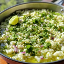 - 1 medium head of cauliflower - 2 tablespoons olive oil - 1 lime, zested and juiced - 1/4 cup fresh cilantro, chopped - 1 small red onion, finely diced - 2 cloves garlic, minced - Optional: 1 small jalapeño, minced - Salt and pepper to taste For this dish, you will need fresh ingredients. Start with a medium head of cauliflower. You want it to be firm and bright. The cauliflower becomes the base of our dish, giving it a great texture. Next, grab some olive oil. This oil adds flavor and helps cook the vegetables. You will also need a lime. The juice and zest will brighten the dish and add a fresh taste. Fresh cilantro is key here. Its flavor pairs well with lime and adds a nice green touch. A small red onion brings sweetness and color to our mix. Garlic boosts the flavor even more. If you like spice, consider adding a jalapeño. It gives the dish a kick. Lastly, salt and pepper will help balance all the flavors. With these ingredients, you will make a delicious and fresh cilantro lime cauliflower rice. This dish is perfect as a side or base for your favorite protein. First, rinse the cauliflower under cool water. This step removes any dirt. Next, remove the leaves and stem. Cut the cauliflower into florets. You want small pieces for easy processing. Now, place the florets in a food processor. Pulse them until they look like rice grains. Be careful not to over-process. You want them to have a rice-like texture, not mushy. Heat 2 tablespoons of olive oil in a large skillet over medium heat. Once hot, add the finely diced red onion. Sauté for about 3-4 minutes until the onion turns translucent. This step brings out the onion's sweet flavor. Next, add the minced garlic. If you like heat, include the optional jalapeño here. Sauté for another minute until the garlic is fragrant. Now, it’s time to add the riced cauliflower. Stir it into the skillet, cooking for 5-7 minutes. Keep stirring occasionally. You want the cauliflower tender but not mushy. Remove the skillet from heat. Stir in the lime zest and lime juice for a fresh taste. Then, add the chopped cilantro. Mix it all together well. Season with salt and pepper to your liking. This dish is now ready to serve! Enjoy it warm as a side or as a base for your favorite protein. To make cilantro lime cauliflower rice, I focus on a few key techniques. First, ensure you do not over-process the cauliflower. Pulse it in the food processor until it looks like rice. If it becomes mushy, it won’t have the right texture. Aim for a light, fluffy consistency. Next, for the best flavor, sauté the red onion slowly. Heat the olive oil in your skillet over medium heat. Add the onion and stir often. Cook it until it's soft and translucent, about 3-4 minutes. Then, add the garlic and optional jalapeño. Sauté for just one minute. This step brings out the rich flavors. When serving cilantro lime cauliflower rice, pair it with your favorite protein. It goes well with grilled chicken, shrimp, or fish. You can also use it as a base for a veggie bowl. For garnishing, sprinkle extra cilantro on top. Add lime wedges on the side. This not only looks great but also adds a burst of flavor. Cilantro lime cauliflower rice is packed with health benefits. Cauliflower is low in calories but high in fiber. It’s a great source of vitamins C and K. This makes it a smart choice for anyone wanting to eat healthy. Cilantro also has its perks. It can aid digestion and support detoxification. Lime adds vitamin C and boosts flavor without adding calories. Together, these ingredients create a nutritious and tasty dish. {{image_2}} To add heat, try including minced jalapeño in your dish. Just one small jalapeño can change the flavor. Sauté it with the onions and garlic for a spicy kick. You can also add spices like cumin or paprika for more depth. These seasonings bring warmth and flavor that make your cauliflower rice pop. You can switch up the herbs for different tastes. While cilantro is great, consider using parsley or basil. Each herb gives a unique flavor twist. For example, parsley makes it bright and fresh, while basil adds a sweet note. You can mix these herbs for even more flavor combinations. If you want a change, use other veggies instead of cauliflower. Zucchini or broccoli can work well. Just chop them finely and follow the same cooking steps. This dish can also serve as a base for meats or beans. Pair it with grilled chicken or black beans for a filling meal. To store your leftovers, place the cilantro lime cauliflower rice in an airtight container. Ensure it's completely cool before sealing. This will keep moisture out and maintain freshness. Properly stored, it lasts in the fridge for up to three days. If you notice any odors or changes in texture, it’s best to discard it. Freezing is a great option for longer storage. First, let the cauliflower rice cool completely. Then, divide it into portions and place each portion in a freezer-safe bag. Remove as much air as possible before sealing. This helps prevent freezer burn. You can freeze it for up to three months. When you're ready to enjoy it again, thaw the rice in the fridge overnight. For quick reheating, place it in a skillet over medium heat. Add a splash of olive oil or a bit of water to help steam it. Stir occasionally until heated through. This keeps it from becoming mushy and helps retain that fresh flavor. To make cauliflower rice, start with a medium head of cauliflower. Rinse it and remove the leaves and stem. Cut the cauliflower into florets. Then, pulse the florets in a food processor until they look like rice grains. Be careful not to over-process; they should stay firm and not become mushy. Yes, you can use frozen cauliflower rice! Just heat it in the skillet for about 5-7 minutes. Make sure to thaw it first for even cooking. This can save you prep time and still give you the fresh taste you want. Cilantro lime cauliflower rice works great with many dishes. It pairs well with grilled chicken, shrimp tacos, or black bean bowls. You can also serve it with sautéed veggies or a fresh salad. Its bright flavor complements rich proteins well. To adjust this recipe for more servings, simply increase the ingredients. For every extra two servings, add another half head of cauliflower. You can also scale up the lime juice, cilantro, and seasonings to keep the flavors balanced. We explored how to make delicious cilantro lime cauliflower rice. You learned about key ingredients and step-by-step cooking instructions. I shared tips for great flavor and presentation, plus health benefits. We also discussed variations to spark creativity. Finally, I provided storage tips to keep your dish fresh. Enjoy experimenting with this recipe. It’s a tasty and healthy option that supports your diet and impresses your friends! Keep cooking and discovering new flavors!
