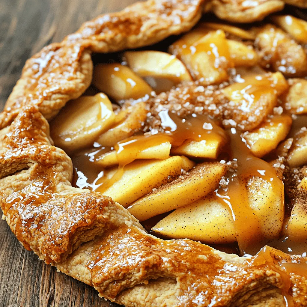 To make this delicious galette, you will need the following ingredients: - 2 cups all-purpose flour - 1/2 teaspoon salt - 1 tablespoon sugar - 1/2 cup unsalted butter, chilled and diced - 6-8 tablespoons ice water - 3 medium apples (Granny Smith or Honeycrisp), peeled, cored, and sliced thin - 1/3 cup brown sugar - 1 teaspoon cinnamon - 1 tablespoon lemon juice - 1/4 teaspoon nutmeg - 1/2 cup homemade or store-bought salted caramel sauce - 1 egg, beaten (for egg wash) - Sea salt, for sprinkling You can swap some ingredients if needed: - Use whole wheat flour instead of all-purpose flour for a nutty flavor. - Coconut oil makes a great alternative to butter for a dairy-free option. - Honey or maple syrup can replace the brown sugar for a different sweet taste. - Any tart apple works if you can't find Granny Smith or Honeycrisp. For this recipe, gather these tools: - Large mixing bowl for the dough - Pastry cutter or your hands for mixing butter into flour - Rolling pin to roll out the dough - Parchment paper to line the baking sheet - Baking sheet for the galette - Sharp knife for slicing apples - Measuring cups and spoons for accuracy These tools will help you create a perfect salted caramel apple galette. Enjoy the process and get ready for a tasty dessert! Start by gathering your ingredients. You will need: - 2 cups all-purpose flour - 1/2 teaspoon salt - 1 tablespoon sugar - 1/2 cup unsalted butter, chilled and diced - 6-8 tablespoons ice water In a large bowl, whisk the flour, salt, and sugar. Add the diced butter. Use your fingers or a pastry cutter to mix until it looks like coarse crumbs. Slowly add ice water, one tablespoon at a time. Mix until the dough sticks together. Form it into a disk and wrap it in plastic wrap. Chill in the fridge for at least 30 minutes. This makes the crust flaky and tender. Now, let’s prepare the apple filling. You will need: - 3 medium apples (Granny Smith or Honeycrisp), peeled, cored, and sliced thin - 1/3 cup brown sugar - 1 teaspoon cinnamon - 1 tablespoon lemon juice - 1/4 teaspoon nutmeg In a separate bowl, combine the sliced apples, brown sugar, cinnamon, lemon juice, and nutmeg. Toss everything together until the apples are well-coated. Set this aside while you roll out the dough. This mix adds sweetness and spice to the galette. First, preheat your oven to 400°F (200°C). On a floured surface, roll out the chilled dough into a large circle, about 12 inches wide. Then, transfer it to a parchment-lined baking sheet. Next, arrange the apple filling in the center of the dough. Leave a 2-inch border around the edges. Drizzle half of the salted caramel sauce over the apples. Gently fold the edges of the dough up over the apples. Pleat it to create a rustic look. Brush the folded dough with the beaten egg. Drizzle the remaining salted caramel sauce over the filling. Finally, sprinkle sea salt on top. Bake for 25-30 minutes, or until the crust is golden and the apples are soft. The smell will be amazing! Enjoy the sweet and salty flavors as they come together in this delicious dessert. To make the best pie crust, start with cold ingredients. Use chilled butter and ice water. This keeps the dough flaky. Mix the flour, salt, and sugar first. Then, cut in the butter until it looks like crumbs. Add the ice water slowly. Stop when the dough holds together. Chill the dough in the fridge for at least 30 minutes. This helps it relax and makes rolling easier. For a great flavor, choose the right apples. I love using Granny Smith or Honeycrisp apples. Granny Smith adds a nice tartness. Honeycrisp offers a sweet crunch. You can also mix different apples for more depth. Just make sure the apples are firm and fresh. This ensures a tasty filling that holds its shape. The caramel sauce should be smooth and rich. If you make it at home, watch the heat closely. Use a heavy saucepan and stir often. Cook until the sugar melts and turns golden. Add cream slowly to avoid splattering. If it’s too thick, add a bit of water. If it’s too thin, cook it longer. Aim for a pourable sauce that coats the back of a spoon. This is perfect for drizzling over your galette. {{image_2}} You can make your salted caramel apple galette even more special. Try adding different spices. Here are some fun ideas: - Ginger: Add 1/2 teaspoon of ground ginger for warmth. - Cloves: A pinch of ground cloves adds depth. - Cardamom: Use 1/4 teaspoon of ground cardamom for a unique twist. - Nuts: Chopped pecans or walnuts can add crunch and flavor. Feel free to mix in other fruits, too. Pears pair well with apples. They add sweetness and softness. You can also use dried fruits like cranberries or raisins for extra texture. You can easily make this recipe gluten-free. Just swap the all-purpose flour for a gluten-free blend. Look for one that works well in baking. For a vegan version, replace the butter with coconut oil or vegan butter. Use a plant-based milk for the egg wash. You can skip the egg wash and still have a great crust. Just brush the edges with a bit of water. Serving your galette right can make it even better. Here are some great ideas: - Ice Cream: Vanilla ice cream is a classic choice. It pairs well with warm galette. - Whipped Cream: A dollop of fresh whipped cream adds a light touch. - Cheese: A slice of sharp cheddar can balance the sweetness. - Coffee or Tea: A warm drink can enhance the flavors. Feel free to experiment with these ideas to find your favorite pairing! To store leftover galette, let it cool completely. Then, wrap it tightly in plastic wrap or foil. You can also place it in an airtight container. This keeps the galette fresh and prevents it from drying out. It is best to store it in the fridge. The cold helps the flavors stay strong. When you are ready to eat the galette again, preheat your oven to 350°F (175°C). Place the galette on a baking sheet. Cover it loosely with foil to keep it from browning too much. Heat it for about 10 to 15 minutes. This method warms it gently and helps maintain that perfect crust. You can also warm slices in the microwave for about 30 seconds. However, the crust may become soft this way. If stored properly, your salted caramel apple galette can last up to 3 days in the fridge. After that, it may lose its flavor and texture. For best taste, enjoy it within the first couple of days. If you want to keep it longer, consider freezing it. Wrap it well and store it in the freezer for up to 2 months. Just remember to thaw it in the fridge before reheating. Yes, you can make the dough ahead of time. After mixing, wrap it in plastic. Store it in the fridge for up to three days. If you want to keep it longer, freeze it for up to three months. Just let it thaw in the fridge before rolling it out. This helps save time on a busy day. When using homemade caramel, let it cool slightly before drizzling. This keeps it from running off the apples. Use a whisk to mix in a pinch of sea salt for flavor. If your caramel hardens, gently warm it in the microwave. This makes it easy to pour over the apples. Your galette is done when the crust turns golden brown. Check the apples too; they should be tender. The edges should be slightly crispy. If you see bubbling from the caramel, that’s a good sign! Let it cool a bit, and then enjoy this tasty treat. In this article, we explored the delicious salted caramel apple galette. We covered ingredients, step-by-step instructions, and helpful tips. You learned about substitutions and tools needed for success. We also discussed variations to suit your taste. Finally, storage tips helped you keep leftovers fresh. Remember, a good galette takes time, but it's worth it. Enjoy making this dessert and let your creativity shine!