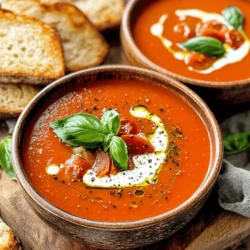 - 3 pounds ripe tomatoes - 1 large onion - 4 cloves garlic - 1/4 cup olive oil - Salt and pepper - 1 teaspoon dried oregano - 1 teaspoon sugar - 4 cups vegetable broth - 1 cup fresh basil leaves - 1/2 cup heavy cream (or coconut cream) - Crusty bread for serving To make the best Roasted Tomato Basil Bisque, gather fresh ingredients. Using ripe tomatoes gives the soup a rich taste. You will need three pounds. A large onion adds sweetness. Four cloves of garlic bring depth to the flavors. Olive oil helps with roasting and adds healthy fats. Seasoning is key. Salt and pepper will enhance all the other tastes. Oregano adds a nice touch. A teaspoon of sugar balances the acidity of the tomatoes. For the base, four cups of vegetable broth give it a nice body. Fresh basil leaves are a must. They add a fragrant finish. Finally, heavy cream or coconut cream makes it rich and creamy. Serve with crusty bread for a complete meal. - Add-ins for flavor enhancement - Alternate toppings suggestions You can add other ingredients for flavor. Try a pinch of red pepper flakes for a kick. A dash of lemon juice brightens the soup. You can also add a splash of balsamic vinegar for depth. For toppings, consider croutons for crunch. A sprinkle of cheese can add richness. Fresh basil leaves make a lovely garnish. You can use a drizzle of olive oil for a shiny finish. - Caloric breakdown per serving - Health benefits of key ingredients Each serving of this bisque is filling and healthy. It has about 250 calories. Tomatoes are low in calories and high in vitamins. They contain antioxidants that help your body. Basil adds flavor and has anti-inflammatory properties. Olive oil is full of healthy fats. It can help your heart. Heavy cream adds some calories but also provides calcium. Overall, this soup is a great choice for a nutritious meal. To start, preheat your oven to 400°F (200°C). This temperature helps to roast the tomatoes perfectly. While the oven heats, prepare the vegetables. Halve 3 pounds of ripe tomatoes. Chop one large onion and mince four cloves of garlic. Place all vegetables on a large baking sheet. Drizzle 1/4 cup of olive oil over the veggies. Season them with salt, pepper, 1 teaspoon of dried oregano, and 1 teaspoon of sugar. Toss everything well to coat evenly. Roast the vegetables in the preheated oven for about 30-35 minutes. You want them to get caramelized and tender. Make sure to check on them halfway through. Stirring helps ensure even caramelization. The edges should brown slightly for that rich flavor. Once roasted, remove the baking sheet from the oven and let it cool for a few minutes. Transfer the roasted mix to a large pot. Add 4 cups of vegetable broth. Bring your mixture to a boil over medium heat. After it boils, reduce the heat and let it simmer for about 10 minutes. This helps meld the flavors together. Next, remove the pot from heat and stir in 1 cup of fresh basil leaves. For blending, an immersion blender works best. If you don’t have one, a regular blender works, too. Just blend in small batches. Aim for a smooth and creamy texture. Finally, return the bisque to the heat. Stir in 1/2 cup of heavy cream or coconut cream. Heat gently for another 5 minutes. This adds richness to the bisque. Taste and adjust the seasoning as needed. One common mistake is over-roasting the tomatoes. When tomatoes roast too long, they can dry out. You want them caramelized but still juicy. Keep an eye on them; 30 to 35 minutes is perfect. For blending, use an immersion blender to get a smooth texture. If you use a regular blender, do it in small batches. Hot liquids can splash and make a mess. Always let the soup cool a bit before blending. To boost flavor, add fresh herbs like thyme or parsley. A pinch of red pepper flakes can give it a nice kick. Experiment with spices like smoked paprika for depth. For a finishing touch, drizzle a bit of olive oil on top. A sprinkle of fresh basil adds color and flavor. You can also add a dollop of sour cream or yogurt for creaminess. This bisque pairs well with crusty bread like sourdough or baguette. Serve with a light salad for a full meal. For wine, a crisp white like Sauvignon Blanc works well. If you prefer red, try a light Pinot Noir. Both wines enhance the rich tomato flavor. {{image_2}} You can easily make the bisque vegan. Swap heavy cream for coconut cream. This change keeps the soup creamy and delicious. You can also use other dairy-free options. Almond milk or cashew cream work well too. They add flavor without milk. Want a kick? Add spices like red pepper flakes or smoked paprika. They give the bisque a warm, spicy twist. You can also try ingredient swaps. Use roasted red peppers for a smoky taste. Or add sun-dried tomatoes for extra depth. Serve the bisque hot for a cozy meal. Ladle it into bowls and top with fresh basil. For a fun presentation, use a swirl of cream. You can also serve it cold on hot days. Pair it with crusty bread for the best experience. To keep your bisque fresh, use airtight containers. Divide the cooled bisque into smaller portions. This method helps it cool faster and keeps it from spoiling. Store in the fridge for up to four days. For long-term storage, consider freezing. Pour the cooled bisque into freezer-safe bags or containers. Leave space at the top for expansion. Label the bags with the date to track freshness. When it’s time to enjoy your bisque, heat it gently on the stove. Use low to medium heat to avoid burning. Stir often for even heating. If using a microwave, heat in short bursts and stir between each burst. For frozen bisque, thaw it overnight in the fridge. Then, reheat on the stove or microwave. This keeps the flavors bright and tasty. Homemade bisque lasts about four days in the fridge. After that, check for signs of spoilage. Look for off smells, mold, or changes in texture. If anything seems off, it’s best to throw it out. Always trust your senses; they know best! To make this bisque, start by preheating your oven to 400°F (200°C). Next, halve the ripe tomatoes and chop the onion. Mince the garlic. On a large baking sheet, place the tomatoes, onion, and garlic. Drizzle with olive oil and sprinkle with salt, pepper, oregano, and sugar. Toss to coat everything well. Roast for about 30-35 minutes until the tomatoes are soft and caramelized. After roasting, cool the mix for a few minutes. Transfer it to a pot and add the vegetable broth. Bring it to a boil, then simmer for 10 minutes. Stir in fresh basil, then blend until smooth. Heat gently and mix in the cream before serving. Yes, you can use canned tomatoes. Canned tomatoes save time and are always ready. They can provide a consistent flavor, but fresh tomatoes give a brighter taste. When using canned tomatoes, look for whole or crushed ones without added sugar or salt. Drain excess liquid to keep the bisque from being too watery. If you want a fresher taste, add some fresh basil at the end. Yes, this bisque freezes well. However, the texture may change slightly after thawing. Cream can sometimes separate, so I recommend adding it fresh when you reheat. Cool the bisque completely before placing it in airtight containers. Label them with the date. It can last up to three months in the freezer. When ready to eat, thaw overnight in the fridge and reheat gently on the stove. You can add many things to customize your bisque. Here are some ideas: - Cheese: A sprinkle of parmesan or goat cheese adds richness. - Spices: Add red pepper flakes for a spicy kick. - Veggies: Stir in some spinach or kale for extra greens. - Herbs: Fresh thyme or parsley can enhance the flavor. - Protein: Cooked chicken or shrimp can make it a hearty meal. Feel free to experiment and find your favorite mix! This blog post covered how to make a tasty Roasted Tomato Basil Bisque. You learned about essential ingredients and optional add-ins to boost flavor. We also discussed preparation steps and tips to avoid common mistakes. Variations allowed for creativity, while storage info helps keep leftovers fresh. In conclusion, this bisque is versatile and easy to prepare. Enjoy customizing it to suit your taste. Now, go ahead and make a batch to savor!