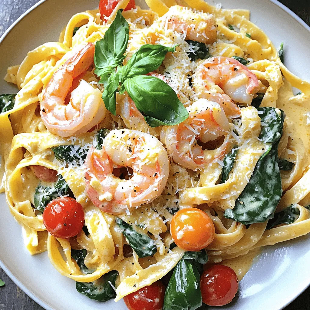 To make a delicious creamy Tuscan shrimp pasta, you need a few key ingredients. These will help create a rich and flavorful dish that everyone will love. - 8 oz (225g) fettuccine pasta - 1 lb (450g) shrimp, peeled and deveined - 2 tablespoons olive oil - 3 cloves garlic, minced - 1 cup cherry tomatoes, halved - 1 cup baby spinach - 1 cup heavy cream - ½ cup grated Parmesan cheese - 1 teaspoon Italian seasoning - Salt and pepper to taste - Fresh basil leaves for garnish Each ingredient plays a special role. The fettuccine gives a nice base. Shrimp adds protein and flavor. Olive oil helps cook the shrimp and adds richness. Garlic brings a wonderful aroma. Cherry tomatoes add sweetness and color. Baby spinach gives freshness. Heavy cream makes the sauce rich. Parmesan cheese adds depth. Italian seasoning gives a warm, herby taste. Salt and pepper enhance all the flavors. Fresh basil leaves finish the dish beautifully. Gather these ingredients before you start. They will help ensure a smooth cooking process. This dish is not just tasty; it's also easy to prepare. Enjoy the process of making it! 1. Start by bringing a large pot of salted water to a boil. This step is essential for flavor. 2. Add 8 oz of fettuccine pasta to the boiling water. Cook the pasta according to the package instructions. Usually, it takes about 8-10 minutes to reach al dente. 3. Once cooked, reserve ½ cup of pasta water. Drain the rest and set the pasta aside. This water will help adjust your sauce later. 1. In a large skillet, heat 2 tablespoons of olive oil over medium heat. Wait until the oil shimmers to know it's ready. 2. Add 1 pound of peeled and deveined shrimp to the skillet. Season with salt and pepper. Cook the shrimp for about 2-3 minutes on each side. They should turn pink and opaque. 3. After cooking, remove the shrimp from the skillet. Set them aside on a plate while you make the sauce. 1. In the same skillet, add 3 cloves of minced garlic. Sauté for about 30 seconds until you smell the aroma. 2. Next, add 1 cup of halved cherry tomatoes. Cook for about 3 minutes until they start to soften. 3. Lower the heat and stir in 1 cup of baby spinach. Cook just until it wilts. 4. Now, pour in 1 cup of heavy cream and add ½ cup of grated Parmesan cheese. Stir well until the cheese melts and the sauce becomes creamy. 5. Mix in 1 teaspoon of Italian seasoning. Adjust the flavor with salt and pepper as needed. Follow these steps closely, and you’ll create a delicious base for your creamy Tuscan shrimp pasta. To make the sauce creamy, you can adjust the amount of heavy cream. If you want it richer, add more cream. If you prefer a lighter sauce, use less. You can also add a bit of reserved pasta water to thin it out if needed. For enhancing flavors, season well with salt and pepper. Italian seasoning adds a nice touch. You can also try adding a splash of lemon juice for brightness. Fresh herbs like basil or parsley can also boost the flavor. Cooking shrimp just right is key. Make sure your skillet is hot before adding the shrimp. Cook them for 2-3 minutes on each side until they turn pink and opaque. Overcooking can make shrimp tough and rubbery. If you see them curling too much, take them off the heat. Garnish your creamy Tuscan shrimp pasta with fresh basil leaves and extra Parmesan cheese. This adds color and flavor. For side dishes, pair it with garlic bread or a fresh salad. A crisp white wine, like Pinot Grigio, goes great with this dish. It complements the creamy sauce and seafood nicely. {{image_2}} You can change the pasta type to fit your taste. Try penne or spaghetti for a fun twist. These shapes hold the sauce well and add a unique bite. If you're feeling adventurous, swap in whole wheat or gluten-free pasta. For seafood, shrimp isn’t your only option. You can use scallops, crab, or even lobster. These will bring new flavors. Each seafood choice can make the dish special. Just remember to adjust cooking times as needed. If you're looking for a dairy-free version, coconut milk works great. It adds creaminess and a hint of sweetness. Just replace heavy cream with the same amount of coconut milk. For a lighter option, use lower-fat cheese. Part-skim mozzarella or reduced-fat Parmesan can cut calories. They still melt well and keep the dish tasty. Add spices to boost the flavor. A pinch of red pepper flakes gives a nice kick. Fresh herbs like parsley or chives can brighten the dish. You can also mix in basil for a fresh taste. Incorporating extra veggies can add nutrition. Try bell peppers, zucchini, or mushrooms. Sauté them along with the garlic for a colorful, tasty dish. To keep your creamy Tuscan shrimp pasta fresh, store it in an airtight container. Place the pasta and shrimp together with the sauce. This helps keep everything moist. You can refrigerate it for up to three days. Just make sure it cools before sealing it. When reheating, use a microwave or a skillet. If using a microwave, cover it loosely. Stir halfway through for even heating. In a skillet, add a splash of water or cream to prevent sticking. If you want to freeze the pasta, it’s best to do this before adding the sauce. Cook the fettuccine and shrimp, then let them cool. Place them in a freezer-safe bag or container. This keeps them fresh for about three months. To thaw, move it to the fridge for a few hours or overnight. You can also use the microwave on a defrost setting. After thawing, gently reheat in a skillet. Stir in the sauce and enjoy your meal! You can add heat with chili flakes or fresh peppers. Start with a pinch of red pepper flakes when cooking the garlic. For more heat, chop fresh jalapeños or serrano peppers. Adjust the amount based on your spice level. You can also serve hot sauce on the side for those who like it extra spicy. Yes, you can use frozen shrimp. Just thaw them before cooking. Place them in cold water for about 15 minutes. This helps speed up the thawing process. Make sure to pat them dry with a paper towel. This way, they will sear better in the pan. You can pair this pasta with a light salad or crusty bread. A simple green salad with lemon dressing works well. Garlic bread also makes a great side. For wine, try a Chardonnay or Sauvignon Blanc. These wines complement the creamy sauce and shrimp nicely. This blog post covered how to make delicious Creamy Tuscan Shrimp Pasta. You learned about the key ingredients like fettuccine, shrimp, and olive oil. I shared step-by-step instructions for cooking the pasta and shrimp, plus tips for a perfect sauce. You would also discover variations and storage tips. Try this dish for a tasty meal that impresses. Enjoy cooking, and don’t forget to experiment with flavors!