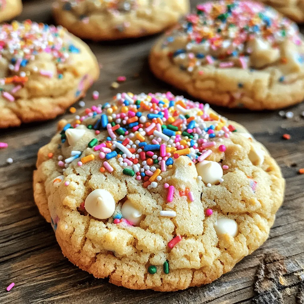 - 1 cup unsalted butter, softened - 1 cup granulated sugar - 1 cup brown sugar, packed - 3 large eggs - 1 tablespoon vanilla extract - 3 cups all-purpose flour - 1 teaspoon baking soda - 1/2 teaspoon salt - 1/4 cup rainbow sprinkles (plus extra for topping) - 1 cup white chocolate chips These ingredients create a fun and sweet cookie. The butter makes the cookies soft. The sugars add sweetness and a slight crunch. Eggs help bind everything together. Flour gives the cookies body. Baking soda helps them rise. Salt enhances all the flavors. The rainbow sprinkles add color and fun. White chocolate chips bring a creamy sweetness. You can switch things up with these options: - Dark chocolate chips instead of white chocolate - Nuts like walnuts or pecans for crunch - Different sprinkles like chocolate or holiday-themed These changes can make your cookies unique. Try adding flavors like almond or lemon extract for a twist. You can also use gluten-free flour for a different texture. To make your cookies even better, consider these ideas: - Serve with a glass of cold milk - Pair with ice cream for a sundae twist - Create cookie sandwiches with frosting in between These ideas can turn your cookies into a fun dessert. They can impress guests at a party or make a simple snack special. Don’t forget to enjoy your sweet creations! First, gather your ingredients. You need: - 1 cup unsalted butter, softened - 1 cup granulated sugar - 1 cup brown sugar, packed - 3 large eggs - 1 tablespoon vanilla extract - 3 cups all-purpose flour - 1 teaspoon baking soda - 1/2 teaspoon salt - 1/4 cup rainbow sprinkles (plus extra for topping) - 1 cup white chocolate chips Start by preheating your oven to 350°F (175°C). Line a baking sheet with parchment paper. In a large bowl, cream the softened butter, granulated sugar, and brown sugar. Mix until the mixture is light and fluffy. This takes about 2-3 minutes. Next, add the eggs one at a time. Make sure to mix well after each egg. Then, stir in the vanilla extract. In a separate bowl, whisk the flour, baking soda, and salt. Gradually add this dry mix to the wet mixture. Mix until just combined. Finally, fold in the rainbow sprinkles and white chocolate chips. Make sure they spread evenly throughout the dough. Using a cookie scoop or spoon, drop heaping tablespoons of dough onto your prepared baking sheet. Leave about 2 inches between each cookie. This will help them spread nicely. Top each cookie dough ball with a few extra rainbow sprinkles for a festive look. Bake in your preheated oven for 10-12 minutes. The edges should turn golden brown, while the centers stay soft. Keep an eye on them to avoid overbaking. Once done, remove the baking sheet from the oven. Let the cookies cool on the sheet for about 5 minutes. This helps them firm up a bit. After that, transfer the cookies to a wire rack to cool completely. These cookies are best enjoyed fresh but can be stored for later. Serve them at a party or just enjoy them at home! To get the best cookie texture, cream the butter and sugars well. Mix for 2-3 minutes until light and fluffy. This helps create a soft center. Use room temperature butter; it blends better. Be careful not to overmix the dough after adding flour. This keeps the cookies tender. Bake just until the edges turn golden brown. The centers should stay soft. One big mistake is using cold butter. Cold butter doesn’t cream well. This leads to dense cookies. Another mistake is overbaking. Keep an eye on your cookies as they bake. They will continue to cook on the sheet after you take them out. Also, don’t skip the sprinkles on top. They add fun and color! Store your cookies in an airtight container. This keeps them soft and fresh. You can add a slice of bread to help retain moisture. If you want to keep them longer, freeze them. Wrap each cookie in plastic wrap and place them in a freezer bag. They can last up to three months. Just thaw them at room temperature when you want to enjoy them! {{image_2}} You can make gluten-free Funfetti cookies using a simple swap. Just replace all-purpose flour with a gluten-free blend. Look for a mix that works well for baking. I like to use a blend with xanthan gum. This keeps the cookies chewy and yummy. The rest of the recipe stays the same. You can still enjoy the fun colors and flavors! To create vegan Funfetti cookies, you need to adjust a few ingredients. Use vegan butter instead of regular butter. You can replace eggs with flaxseed meal or applesauce. For each egg, mix 1 tablespoon of flaxseed meal with 2.5 tablespoons of water and let it sit for a few minutes. This gives you a great egg substitute. You can still add your favorite sprinkles and white chocolate chips, but make sure they are vegan-friendly! Mixing things up is always fun! You can add nuts like walnuts or pecans for crunch. Try adding dried fruit like cranberries or cherries for a chewy taste. You could even swap out white chocolate chips for dark chocolate or peanut butter chips. The options are endless! Just remember to keep the total amount of mix-ins around 1.5 cups. This way, your cookies stay soft and packed with flavor! To keep your Funfetti Birthday Cake Cookies fresh, store them in an airtight container. Make sure the cookies are completely cool before you pack them. If you have extra sprinkles on top, be careful. They can stick together. Layer parchment paper between the cookies if you stack them. This keeps them from sticking and helps maintain their shape. You can freeze these cookies for later enjoyment. First, let them cool completely. Next, place them in a single layer on a baking sheet and freeze for about an hour. After they are firm, transfer the cookies to a freezer bag. Remove any air from the bag before sealing. You can also freeze the dough. Scoop the dough onto a sheet and freeze it. Then, you can bake the cookies fresh when you want them! When stored properly, Funfetti Birthday Cake Cookies can last up to one week at room temperature. They will stay fresh in the fridge for about two weeks. If frozen, they can last for up to three months. However, I bet they won’t last that long! Funfetti Birthday Cake Cookies stand out for their bright colors and fun taste. They mix classic cookie flavors with the joy of birthday cake. The addition of rainbow sprinkles and white chocolate chips brings a festive touch. Each bite feels like a celebration, making them perfect for any occasion. The soft and chewy texture adds to their charm. These cookies are a treat that everyone loves, young and old alike. Yes, you can use different types of sprinkles. While rainbow sprinkles are traditional, you can try chocolate, pastel, or themed sprinkles. Use your favorite colors to match any event. Just keep in mind that some sprinkles might melt more than others. This can change the look of your cookies. Experimenting with sprinkles can lead to fun and unique results. To prevent cookies from spreading too much, follow a few simple steps. First, make sure your butter is softened but not melted. Too much warmth can cause spreading. Next, chill the dough for about 30 minutes before baking. This helps the cookies hold their shape. Also, be sure to use enough flour in your recipe. If the dough feels too wet, add a little more flour. Finally, give each cookie enough space on the baking sheet. This allows for even baking and helps them keep their shape. In this blog post, we covered how to make Funfetti Birthday Cake Cookies. We discussed the key ingredients and shared useful tips for baking and storing. You learned how to achieve that perfect cookie texture and avoid common mistakes. We also explored fun variations, including gluten-free and vegan options. Remember, these cookies bring joy and celebration. With proper storage, they will stay fresh and tasty. Enjoy making these delicious treats for any occasion!
