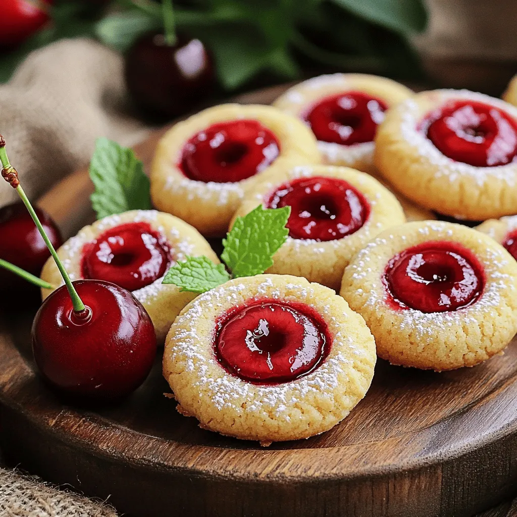To make these tasty cookies, gather the following key ingredients: - 1 cup unsalted butter, softened - 1/2 cup granulated sugar - 1/2 cup brown sugar, packed - 1 large egg yolk - 1 teaspoon vanilla extract - 2 1/4 cups all-purpose flour - 1/4 teaspoon salt - 1 cup cherry pie filling (store-bought or homemade) These ingredients create a rich, buttery dough with a sweet cherry center. The butters and sugars blend well, giving your cookies a nice texture. The egg yolk adds moisture and helps bind the dough. For extra crunch and flavor, consider adding: - 1/2 cup chopped pecans Chopped pecans add a nutty taste and a delightful crunch to each bite. You can also try adding a pinch of cinnamon or almond extract for a twist. If you need substitutes, here are some options: - For unsalted butter, use salted butter but reduce added salt. - If you lack brown sugar, use white sugar and add a bit of molasses. - Use an egg substitute like applesauce or a flax egg if you're vegan. These substitutes can help you make delicious cookies even if you’re missing an ingredient! Start by getting your space ready. First, preheat your oven to 350°F (175°C). This helps the cookies bake evenly. Next, line a baking sheet with parchment paper. This keeps the cookies from sticking. Having everything ready makes the process smooth. In a large bowl, combine 1 cup of softened unsalted butter with 1/2 cup of granulated sugar and 1/2 cup of brown sugar. Use a mixer to beat them until they are light and fluffy. This step is key for a nice cookie texture. Now, add in 1 large egg yolk and 1 teaspoon of vanilla extract. Mix well until it’s smooth. Next, gradually add 2 1/4 cups of all-purpose flour and 1/4 teaspoon of salt. Stir until a soft dough forms. If you want extra crunch, fold in 1/2 cup of chopped pecans. This step is optional but adds great flavor. Roll the dough into 1-inch balls. Place them on the prepared baking sheet, leaving about 2 inches between each ball. Use your thumb or the back of a small spoon to create a little dent in each ball. This is where the cherry pie filling will go. Spoon about 1/2 teaspoon of cherry pie filling into each indentation. It’s okay if some filling spills out; it makes them look homemade. Bake the cookies for 15-18 minutes. They should be lightly golden around the edges when done. Let them cool on the baking sheet for 5 minutes. Then, move them to a wire rack to cool completely. Once cooled, dust the cookies lightly with powdered sugar. This adds a nice touch of sweetness and makes them look pretty. Enjoy your tasty Cherry Pie Thumbprint Cookies! To get the best cookie texture, start with softened butter. This helps create a light and fluffy mix. Make sure to cream the butter well with both sugars. This step adds air to your dough. Don't rush it; take your time. When mixing in the flour, do it slowly. Over-mixing can lead to tough cookies. Aim for a soft dough that is still a bit sticky. If it’s too dry, add a splash of water or milk. One common mistake is not measuring ingredients accurately. Use measuring cups for dry and wet ingredients. Each measurement counts! Another mistake is skipping the parchment paper. It helps prevent sticking and makes cleanup easy. Also, don’t forget to space the cookie balls. They need room to spread while baking. Lastly, keep an eye on the bake time; every oven is different. Check for light golden edges to know when they are done. Adding chopped pecans can give a nice crunch. Fold them into the dough before rolling into balls. You can also swap in other nuts like walnuts or almonds. If you like a bit of spice, add a pinch of cinnamon. For a twist on flavor, try using almond extract instead of vanilla. This can change the whole taste. Remember, keep it fun and personal. Each add-in can make these cookies uniquely yours! {{image_2}} You can swap cherry pie filling for other fruits. Blueberries, raspberries, or peaches work great. Each fruit adds its special taste. For a fun twist, try lemon curd for a zesty kick. You can also mix two fruits for new flavors. These changes keep your cookies exciting and fresh. You can make these cookies gluten-free. Just use a gluten-free flour blend instead of all-purpose flour. For vegan cookies, replace butter with coconut oil or vegan butter. Use a flax egg in place of the egg yolk. Mix one tablespoon of flaxseed meal with three tablespoons of water. Let it sit until thick. These options ensure everyone can enjoy these yummy treats. Toppings can make your cookies even better. After baking, try adding a drizzle of chocolate on top. A sprinkle of crushed nuts adds crunch. You can also top them with a dollop of whipped cream or yogurt for creaminess. Fresh fruit or mint leaves can add color and flavor. These fun ideas make your cookies stand out at any gathering. To keep your cherry pie thumbprint cookies fresh, let them cool completely. Place them in an airtight container. This will help keep them soft and tasty. Store them at room temperature for up to a week. If you want to keep them longer, try freezing them. Freezing these cookies is simple and smart. After they cool, arrange them in a single layer on a baking sheet. Pop them in the freezer for about an hour. This makes sure they don't stick together. Once frozen, transfer them to a freezer-safe bag. They will stay good for up to three months. When you're ready to eat them, let them thaw at room temperature. To maintain the best taste and texture, use these tips: - Avoid humidity: Keep them in a dry place to prevent sogginess. - Use parchment paper: Layer parchment paper between cookies if stacking them. - Check for freshness: Always look for changes in smell or texture before eating. Following these steps will help you enjoy your cherry pie thumbprint cookies longer! Yes, you can make these cookies ahead of time. You can prepare the dough and shape the cookies. Store the shaped dough balls in the fridge for up to three days. When you're ready to bake, just add the cherry filling and bake as directed. This makes it easy to enjoy fresh cookies anytime. If you don't have cherry pie filling, you can use other fruit fillings. Blueberry, raspberry, or even apple filling work well. You may also use homemade fruit compotes or jams. Just ensure the filling isn't too runny to keep the cookies from getting soggy. These cookies last about a week when stored properly. Keep them in an airtight container at room temperature. If you want to keep them longer, you can freeze them. They can last up to three months in the freezer. Just thaw them before serving for the best taste. You can now make tasty cherry pie thumbprint cookies with ease. You've learned the key ingredients, simple steps, and helpful tips. Plus, I shared fun variations and smart storage methods. Enjoying these cookies doesn't stop with just making them; you can also try different fruits and toppings. With practice, your cookies will shine. So, gather your ingredients and start baking! You’ll impress everyone with your skills and delicious treats.