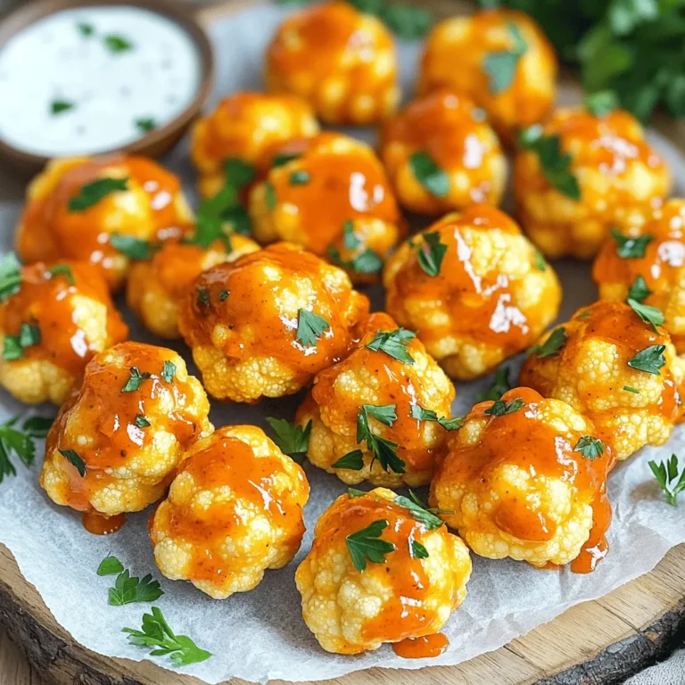 - 1 medium head of cauliflower, cut into bite-sized florets - 1 cup all-purpose flour - 1 cup water or non-dairy milk - 1 teaspoon garlic powder - 1 teaspoon onion powder - 1 teaspoon smoked paprika - 1 teaspoon salt - ½ teaspoon black pepper - ½ cup buffalo sauce (adjust to spice preference) - 2 tablespoons olive oil - Fresh parsley or green onions for garnish (optional) You can mix things up a bit! Add more spices to the batter. Try cayenne for heat or a touch of cumin for warmth. If you want a twist, use different sauces like BBQ or teriyaki. For a vegan option, swap the all-purpose flour with chickpea flour and use a plant-based milk. These bites are not only tasty but also packed with nutrients. Each serving has about 150 calories. They provide fiber from the cauliflower and protein from the flour. The sauce gives a nice kick, but watch out for the sodium. If you need a lower-sodium option, look for low-sodium buffalo sauce. Enjoy this snack without guilt! First, take a mixing bowl. Add one cup of all-purpose flour. Pour in one cup of water or non-dairy milk. Add one teaspoon of garlic powder, onion powder, smoked paprika, salt, and black pepper. Whisk everything together until it is smooth. This will be your batter for coating the cauliflower. Now, cut your medium head of cauliflower into bite-sized florets. Dip each floret into the batter. Make sure it gets coated well. Shake off any extra batter. Preheat your air fryer to 375°F (190°C) for about five minutes. Place the coated florets in a single layer in the air fryer basket. You may need to do this in batches to avoid crowding. Air fry the florets for 12 to 15 minutes. Shake the basket halfway through for even cooking. They should turn golden brown and crispy. Once the cauliflower is done, transfer it to a separate bowl. Pour in half a cup of buffalo sauce and two tablespoons of olive oil. Toss the florets until they are evenly coated in the sauce. Return the sauced cauliflower to the air fryer. Cook for an additional two to three minutes. This will help set the sauce. Finally, carefully remove the buffalo cauliflower bites. Let them cool slightly before serving. To get your cauliflower bites crispy, follow these steps. First, make a smooth batter. Mix the flour, water, and spices well. Next, coat each floret fully. Shake off any extra batter. This helps them fry better. Preheat your air fryer to 375°F. This step is key for crispiness. Cook the cauliflower in a single layer. Crowding the basket makes them soggy. Shake the basket halfway through cooking. This ensures even browning and crunch. Buffalo sauce is spicy. You can change the heat to fit your taste. Want it milder? Use less buffalo sauce. You can mix in some non-dairy milk to cool it down. If you like heat, add more sauce. Try adding cayenne pepper for an extra kick. Always taste your sauce before coating the florets. This way, you can adjust it just right. Air frying is fast and easy. Here are some tips to get it just right. Always preheat your air fryer. This helps cook the food evenly. Don’t overcrowd the basket. This allows hot air to circulate. Cook in batches if needed. Toss the cauliflower in the sauce after frying. This keeps it crisp. Serve right away for the best flavor and texture. {{image_2}} You can switch up the flavor of your buffalo cauliflower bites easily. Instead of buffalo sauce, try using BBQ sauce for a sweet twist. A spicy garlic sauce adds a nice kick too. You can also mix sauces for a unique taste. For a creamy option, toss the bites in ranch dressing after cooking. This adds a cool contrast to the heat of the sauce. If you need gluten-free bites, swap the all-purpose flour for almond flour or a gluten-free blend. Use non-dairy milk to keep it vegan. This way, everyone can enjoy these tasty snacks. To make it extra crispy, add some cornstarch to the batter. It helps create that perfect crunch without gluten. To make your buffalo cauliflower bites even better, serve them with dips. Ranch or blue cheese dressing pairs well with the heat. You can also try a simple yogurt dip with herbs for a fresh taste. For something different, serve with a spicy salsa or guacamole. Don’t forget to garnish with fresh parsley or green onions for a pop of color! Store any leftover buffalo cauliflower bites in an airtight container. Let them cool to room temperature first. You can keep them in the fridge for up to 3 days. Make sure to separate layers with parchment paper to avoid sticking. To reheat, use the air fryer again. Preheat it to 350°F (175°C). Place the bites in the basket for about 5 minutes. This will keep them crispy. You can also use a microwave, but they may lose some crunch. If you want to freeze them, do this before coating with sauce. Lay the battered cauliflower on a baking sheet. Freeze until solid, then transfer to a freezer bag. They will keep for up to 3 months. When ready to cook, just air fry them straight from frozen. Add extra time if needed to ensure they cook through. Air fryer buffalo cauliflower bites stay fresh for about 3-4 days in the fridge. Store them in an airtight container. To enjoy them later, reheat in the air fryer for a few minutes. This keeps them crispy and tasty. They lose some crunch over time, so eat them soon! Yes, you can use frozen cauliflower florets. Just thaw them first and pat them dry. This helps remove extra moisture. Coat them in the batter as you would fresh florets. Air frying might take a few more minutes. Check for that golden-brown color! Buffalo cauliflower bites pair great with dips. Try ranch or blue cheese dressing for a classic combo. You can also serve them with celery sticks and carrot sticks. This adds a nice crunch and balances the spice. They make a fun snack for parties or game days! You learned about making tasty air fryer buffalo cauliflower bites. We covered ingredients, prep steps, and tips for crispiness. You can customize flavors and adjust spice levels too. I shared storage insights and answered common questions. Embrace this simple recipe to enjoy a healthy snack. By following these steps, you will impress your friends and family with your cooking skills. Happy frying!