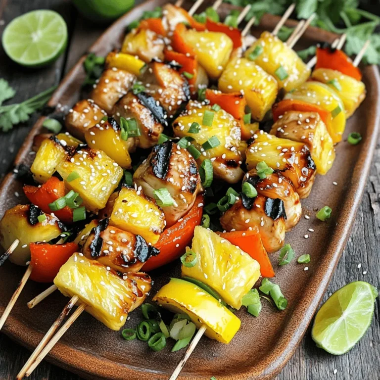 - 1 lb boneless, skinless chicken breasts, cut into 1-inch cubes - 1 cup fresh pineapple, cut into 1-inch cubes - 1 bell pepper (red, yellow, or green), cut into 1-inch pieces - 1 small red onion, cut into wedges - 1/4 cup low-sodium soy sauce - 2 tablespoons honey or maple syrup - 1 tablespoon rice vinegar - 2 teaspoons fresh ginger, grated - 2 cloves garlic, minced - 1 teaspoon sesame oil - Salt and pepper to taste - Skewers (wooden or metal, soaked if wooden) Using fresh ingredients is key for great flavor. Choose bright, firm vegetables. The chicken should smell fresh and not have any off-putting odor. If you can, buy organic produce. Fresh pineapple gives a sweet, juicy burst. For the best taste, use chicken that you buy within a few days of cooking. Marinade ingredients should also be fresh. A great marinade can enhance the flavor of your dish. If you want to mix it up, here are some options: - Chicken: Use shrimp or firm tofu for a different protein. - Pineapple: Mango or peaches can replace pineapple for a unique twist. - Bell Pepper: Zucchini or mushrooms work well if you want a different veggie. - Soy Sauce: Coconut aminos can be a tasty soy-free option. - Honey: Agave syrup can replace honey if you need a vegan option. These substitutes will still give you a delicious dish while adding your personal touch. To make the marinade, start with a bowl. In this bowl, whisk together 1/4 cup low-sodium soy sauce, 2 tablespoons honey (or maple syrup), and 1 tablespoon rice vinegar. Then, add 2 teaspoons of fresh ginger, grated, and 2 cloves of minced garlic. Finally, stir in 1 teaspoon of sesame oil. This mix will give your chicken a rich, tasty flavor. Next, take 1 pound of boneless, skinless chicken breasts cut into 1-inch cubes. Add the chicken to your marinade, making sure every piece is covered. This is key to making the chicken juicy and flavorful. Let it sit in the fridge for at least 30 minutes. If you have more time, let it marinate for up to 2 hours. The longer it sits, the better it tastes! While the chicken marinates, prepare your skewers. Grab your wooden or metal skewers. If you use wooden ones, soak them in water first to avoid burning. Start threading the chicken onto the skewers. Alternate with 1 cup of fresh pineapple cubes, pieces of a bell pepper, and wedges of a small red onion. This mix adds color and flavor. Once assembled, you’re ready to grill these tasty skewers! Grilling skewers requires some care. Start by preheating your grill to medium-high heat. This helps cook the chicken evenly. If you use wooden skewers, soak them in water for 30 minutes. This step stops them from burning. Place the skewers on the grill carefully. Turn them every few minutes. This ensures all sides get nice grill marks. Cook for 12 to 15 minutes. Always check the chicken's internal temperature. It should reach 165°F (75°C). Marinades are key to tasty skewers. For this recipe, you mix soy sauce, honey, rice vinegar, ginger, garlic, and sesame oil. This combo gives the chicken depth and sweetness. Let the chicken sit in the marinade for at least 30 minutes. If you have more time, let it marinate for up to 2 hours. The longer it sits, the more flavor it soaks up. For extra flavor, brush some marinade on the skewers during the last grilling minutes. Juicy chicken is a must. Start with boneless, skinless chicken breasts. Cut them into 1-inch cubes for even cooking. Marinating helps keep the chicken moist. Avoid overcooking it on the grill. Overcooked chicken can dry out quickly. Always monitor the grill temperature. Let the skewers rest for a few minutes after grilling. This step allows the juices to settle, keeping every bite tender and juicy. {{image_2}} You can mix up the veggies in your skewers. Try zucchini, cherry tomatoes, or mushrooms. These add color and taste. Each veggie brings a new flavor to your dish. Just cut them into 1-inch pieces for even cooking. Feel free to experiment with what you love! Chicken is great, but many proteins work well. Shrimp, beef, or tofu can replace chicken. Just remember to adjust cooking times. Shrimp cooks fast, while beef needs more time to tenderize. Tofu picks up the teriyaki flavor beautifully. Choose what you enjoy most. For a plant-based twist, use extra-firm tofu or tempeh. Marinate them just like the chicken. You can also add more veggies for a heartier meal. Consider using seitan for a meat-like texture. These options keep the dish tasty and satisfying without meat. After you enjoy your Teriyaki Chicken Pineapple Skewers, store any leftovers right. Place them in an airtight container. Refrigerate them for up to three days. Make sure the skewers cool down first. This keeps the chicken and veggies fresh. To reheat, use a microwave or skillet. If using a microwave, heat in short bursts. This helps keep the chicken juicy. Stir or flip the skewers halfway through. If using a skillet, add a splash of water. Cover it to steam and warm up the skewers. You can freeze the skewers for later meals. Wrap them well in plastic wrap or foil. Place them in a freezer bag to avoid freezer burn. They can last up to three months. When ready to use, thaw them in the fridge overnight. Reheat as mentioned above. Enjoy delicious skewers any time! To make Teriyaki Chicken Pineapple Skewers, start with the marinade. Mix soy sauce, honey, rice vinegar, ginger, garlic, and sesame oil in a bowl. Next, cut your chicken, pineapple, bell pepper, and onion into one-inch pieces. Add the chicken to the marinade and let it sit for at least 30 minutes. Thread the chicken and veggies onto skewers. Grill the skewers for about 12-15 minutes, turning often, until the chicken reaches 165°F. Brush with more marinade for extra flavor. These skewers pair well with many sides. You can serve them with white rice or brown rice for a hearty meal. A fresh salad adds a crisp touch. Consider grilled veggies for extra flavor. You might also enjoy some steamed broccoli or a light cucumber salad. These sides balance the sweet and savory flavors of the skewers. Yes, you can prep these skewers ahead of time. Marinate the chicken and chop the veggies a day in advance. Keep everything in the fridge until you're ready to grill. If you want to make them even earlier, you can assemble the skewers and store them in the fridge. Just be sure to cook them within 24 hours for the best taste. In this article, we covered key steps for making Teriyaki Chicken Pineapple Skewers. First, you learned about the right ingredients and their freshness. Then, we walked through the marinade, skewering, and grilling techniques. I shared tips for better flavor and juiciness, plus variations to try. Lastly, we discussed storage and reheating to enjoy leftovers. By following these steps, you can create a tasty dish that pleases all. Explore different ingredients and methods to make this recipe your own!