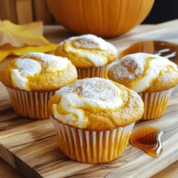 - 1 ½ cups all-purpose flour - 1 teaspoon baking powder - 1 teaspoon baking soda - ½ teaspoon salt - 1 teaspoon ground cinnamon - ½ teaspoon ground nutmeg - ½ teaspoon ground ginger For the dry mix, I start with all-purpose flour. It gives the muffins structure. Baking powder and baking soda help them rise and become fluffy. Salt enhances the flavors, while cinnamon, nutmeg, and ginger add warmth and spice. I love how these spices make the kitchen smell like fall. - 1 cup pumpkin puree - ½ cup granulated sugar - ½ cup brown sugar, packed - 2 large eggs - ½ cup vegetable oil - 1 teaspoon vanilla extract Next, I mix the wet ingredients. Pumpkin puree brings moisture and flavor. I use both granulated and brown sugar for sweetness. Brown sugar adds a hint of caramel. The eggs bind everything together. Vegetable oil keeps the muffins moist, and vanilla extract adds a lovely aroma. - 8 oz cream cheese, softened - ¼ cup granulated sugar - 1 egg yolk - 1 teaspoon vanilla extract For the cream cheese swirl, I use softened cream cheese. It gives a rich, creamy texture. I mix it with granulated sugar for sweetness and one egg yolk for richness. A touch of vanilla extract lifts the flavor. This swirl creates a delightful surprise in each muffin. 1. Preheat your oven to 350°F (175°C). Line a muffin tin with paper liners. This helps with easy removal later. 2. In a large mixing bowl, combine the dry ingredients. Whisk together 1 ½ cups of all-purpose flour, 1 teaspoon of baking powder, 1 teaspoon of baking soda, ½ teaspoon of salt, 1 teaspoon of ground cinnamon, ½ teaspoon of ground nutmeg, and ½ teaspoon of ground ginger. Make sure everything is well mixed. 3. In another bowl, mix the wet ingredients. Combine 1 cup of pumpkin puree, ½ cup of granulated sugar, ½ cup of packed brown sugar, 2 large eggs, ½ cup of vegetable oil, and 1 teaspoon of vanilla extract. Stir until the mixture is smooth. 1. Gradually add the dry ingredients into the wet mixture. Stir gently until just combined. It’s okay if a few lumps remain. This helps keep the muffins light and fluffy. 2. For the cream cheese swirl, take 8 oz of softened cream cheese. In a separate bowl, mix it with ¼ cup of granulated sugar, 1 egg yolk, and 1 teaspoon of vanilla extract. Beat until the mixture is smooth and creamy. 1. Fill each muffin liner with the pumpkin batter. Aim for about two-thirds full. This allows room for rising. 2. Add a dollop of the cream cheese mixture on top of the pumpkin batter. Use a toothpick or knife to gently swirl it into the batter. This creates a beautiful marbled effect. 3. Bake the muffins in your preheated oven for 18-20 minutes. Check doneness by inserting a toothpick into the center. If it comes out clean, your muffins are ready. 4. After baking, let the muffins cool in the pan for 5 minutes. Transfer them to a wire rack to cool completely. - Avoid overmixing for fluffy muffins: Mix the wet and dry ingredients gently. Overmixing makes muffins dense. You want some lumps for a light texture. - Ensuring even baking: Place your muffin tin in the center of the oven. This helps the muffins bake evenly. If you have a dark pan, reduce the baking time a bit. - Adding nuts or chocolate chips: Try mixing in chopped walnuts or chocolate chips. They add great texture and flavor. Choose dark chocolate for a richer taste. - Adjusting spice levels: Feel free to tweak the spices to fit your taste. Add more cinnamon for warmth or a pinch of cayenne for a kick. - Dusting with powdered sugar: A light sprinkle of powdered sugar makes the muffins look fancy. Use a fine sieve for a smooth finish. - Serving warm with maple syrup: Enjoy these muffins warm, drizzled with maple syrup. It adds sweetness and pairs well with the pumpkin flavor. {{image_2}} You can make these muffins gluten-free by swapping all-purpose flour with a gluten-free blend. Look for a blend that includes xanthan gum for the best results. This will help mimic the texture of traditional flour. For a healthier version, try using applesauce instead of sugar. It adds sweetness and moisture without the extra calories. Seasonal spices can change the flavor of these muffins. Try adding allspice or cloves for a warm twist. You can also mix in fruits like cranberries or raisins. These fruits add a tart flavor that balances the sweetness of the pumpkin and cream cheese. Making mini muffins is a fun twist! Just fill the mini muffin tin about halfway and bake for 12–15 minutes. If you want jumbo muffins, fill the cups all the way and bake for 25–30 minutes. Adjusting the size gives everyone a chance to enjoy these tasty treats! After baking, let your muffins cool for about five minutes. This step helps them firm up. Once cooled, store the muffins in an airtight container. This keeps them fresh for about three days. If you want to keep them soft, place a slice of bread in the container. The bread adds moisture and helps the muffins stay fresh. For long-term storage, you can freeze the muffins. Place them in a freezer-safe bag. Make sure to remove as much air as possible before sealing. You can enjoy them for up to three months. When you want to eat them, take out what you need. To reheat, pop them in a microwave for about 20-30 seconds. You can also use an oven at 350°F (175°C) for about 10-15 minutes. This method keeps the texture nice and fluffy. Pumpkin cream cheese swirl muffins stay fresh for about three days at room temperature. If you store them in the fridge, they can last up to a week. Freezing extends their life to three months, but they taste best within the first month. Enjoying them while they are fresh gives the best flavor and texture. To make pumpkin puree, you need a small sugar pumpkin. First, cut the pumpkin in half and scoop out the seeds. Then, place the halves cut-side down on a baking sheet. Roast at 350°F for 45 minutes or until soft. Let it cool, then scoop out the flesh. Blend the flesh until smooth. Your homemade pumpkin puree is ready to use! Yes, you can use other sweeteners. Honey and agave syrup work well. For honey, use about ¾ cup for every cup of sugar. If you choose agave syrup, use about ⅔ cup. Both will add a nice flavor to your muffins. If you lack cream cheese, don’t worry! You can use Greek yogurt or ricotta cheese as substitutes. They will give a similar creamy texture. Mix in a bit of sugar and vanilla extract to mimic the cream cheese flavor. Enjoy your swirl muffins without missing a beat! This blog showed you how to make delicious pumpkin muffins with a cream cheese swirl. We covered ingredients, preparation, baking, and storage tips. You learned how to adapt this recipe for different dietary needs and preferences. Remember, baking is fun and allows for creativity. Enjoy these muffins warm, and don’t hesitate to experiment with flavors. Happy baking!