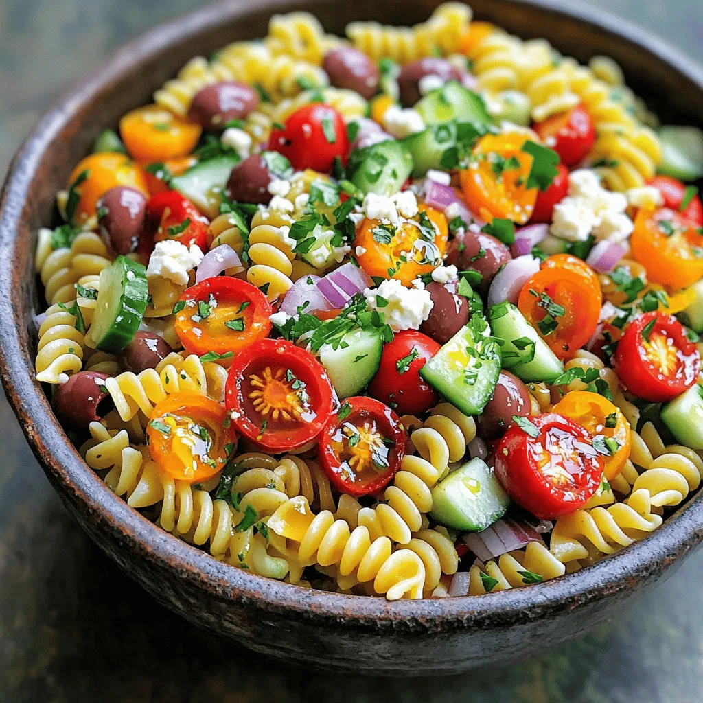 To make a great Greek pasta salad, you need fresh and tasty ingredients. Here is what you will need: - 8 oz (about 225g) short pasta (like fusilli or penne) - 1 cup cherry tomatoes, halved - 1 cucumber, diced - 1 bell pepper (red or yellow), chopped - 1/2 red onion, finely chopped - 3/4 cup Kalamata olives, pitted and sliced - 1 cup feta cheese, crumbled - 1/4 cup fresh parsley, chopped - 1/4 cup olive oil - 2 tablespoons red wine vinegar (or apple cider vinegar) - 1 teaspoon dried oregano - Salt and pepper to taste These ingredients bring the Mediterranean vibe right to your kitchen. Each bite offers a burst of flavor. You can make this salad even better by adding some extra ingredients. Consider these options: - Artichoke hearts - Sun-dried tomatoes - Avocado - Chickpeas These add-ins can enhance the taste and texture. Feel free to mix and match based on your preference. If you have allergies or dietary needs, you can still enjoy this salad. Here are some easy swaps: - For gluten-free: Use gluten-free pasta. - For dairy-free: Swap feta cheese with tofu or avocado. - For low-sodium: Use low-sodium olives and cheese. These substitutions keep the dish delicious while meeting your needs. Always check labels to be safe. First, get a large pot and fill it with water. Add a pinch of salt to the water. Bring the water to a boil. Once it boils, add 8 oz of short pasta, like fusilli or penne. Cook the pasta according to the package directions. You want it to be al dente. This means it should be firm but not hard. When done, drain the pasta in a colander. Rinse it with cold water to stop it from cooking. Set the pasta aside in a bowl. Next, grab a small bowl for the dressing. Add 1/4 cup of olive oil. Then, pour in 2 tablespoons of red wine vinegar. If you prefer, you can use apple cider vinegar. Add 1 teaspoon of dried oregano. Sprinkle in salt and pepper to taste. Now, whisk all these ingredients together until they blend well. Taste it and adjust the salt or pepper if needed. This dressing gives the salad its flavor. Now it's time to mix everything. In a large bowl, add the cooked pasta. Then, add 1 cup of halved cherry tomatoes and 1 diced cucumber. Toss in 1 chopped bell pepper, either red or yellow. Next, add 1/2 finely chopped red onion and 3/4 cup of sliced Kalamata olives. Crumble in 1 cup of feta cheese for a creamy touch. Gently stir everything together. Pour the dressing over the pasta mix and toss it again until all ingredients are coated. Finally, fold in 1/4 cup of chopped fresh parsley. This adds a nice fresh taste. Cover the salad and let it chill in the fridge for at least 30 minutes before serving. This waiting time lets the flavors blend nicely. When cooking pasta, always use plenty of water. This helps the pasta cook evenly. Add a good amount of salt to the water. This adds flavor to the pasta. Cook the pasta until it is al dente. This means it will still have a little bite. After cooking, drain the pasta right away. Rinse it with cold water to stop the cooking. This keeps the pasta from becoming mushy. To boost flavors, use fresh ingredients. Fresh herbs like parsley brighten the dish. Kalamata olives add a nice salty kick. Use good-quality olive oil for a rich taste. You can also add a squeeze of lemon juice for some zing. For a bit of heat, sprinkle in some red pepper flakes. Letting your salad chill is key. After mixing, cover it and place it in the fridge. Chill for at least 30 minutes. This resting time helps the flavors blend well. The longer it sits, the tastier it gets! If you can, let it chill for a few hours. This makes every bite delicious. {{image_2}} You can change the flavors in your Greek pasta salad. Try adding artichoke hearts for a briny bite. Sun-dried tomatoes bring a sweet and tangy taste. Add capers for a salty kick. Each of these ingredients makes the salad more unique. You can also swap the feta for goat cheese. This adds a different creamy texture and flavor. In summer, toss in fresh corn for sweetness. Grated zucchini adds crunch in the fall. You can also use roasted bell peppers for extra flavor. In winter, consider adding roasted butternut squash. Each season offers fresh veggies to enhance your salad. To make this salad vegan, skip the feta cheese. Use avocado instead for creaminess. You can also add nuts, like pine nuts or walnuts, for crunch. Swap the olive oil with a nut-based dressing for a twist. This keeps the salad tasty while meeting dietary needs. To keep your pasta salad fresh, place it in an airtight container. This will lock in the flavors and moisture. You can store it in the fridge for easy access. If you have more than one serving, divide it into smaller containers. This makes it easier to grab a quick meal. You can enjoy this pasta salad cold, but if you prefer it warm, reheat gently. Place it in a pot over low heat. Stir it often to avoid sticking. You can add a splash of olive oil or a bit of water if it seems dry. Heat just until warm, not hot. For the best taste, eat the pasta salad within three days. After that, the veggies may lose their crunch. If you notice any signs of spoilage, it’s best to throw it away. Proper storage really helps keep the flavors vibrant and enjoyable. Yes, you can make this salad ahead of time. It tastes better after sitting. I like to prepare it a few hours before serving. This lets the flavors mix well. Just cover it and chill in the fridge. If you do this, save some parsley to add later. It keeps the salad fresh. Short pasta works best for this salad. Fusilli and penne are great choices. Their shapes hold the dressing and mix well with other ingredients. You can also try rotini or farfalle if you like. Just pick a pasta that you enjoy! To make a low-carb version, swap pasta for vegetables. You can use zucchini noodles or spaghetti squash. They add a nice crunch and flavor. Another option is to use a low-carb pasta. These options keep the taste while cutting carbs. Enjoy your healthy twist! This blog post covered how to create a classic Greek pasta salad. We explored key ingredients, step-by-step instructions, and handy tips. You learned about fun variations, smart storage, and answered common questions. In closing, making this salad is easy and rewarding. You can adjust it to your taste and diet. Enjoy your tasty creation and share it with friends!