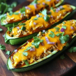 To make BBQ chicken zucchini boats, you need key ingredients. Here’s what you should gather: - 4 medium zucchinis - 2 cups cooked shredded chicken (preferably from a rotisserie chicken) - 1 cup BBQ sauce (your favorite brand) - 1 cup shredded cheddar cheese - 1/2 red onion, finely chopped - Salt and pepper to taste - Olive oil for drizzling These ingredients make the base for a tasty and healthy meal. The zucchinis serve as a great vessel for the BBQ chicken, while the cheese adds creaminess. Feel free to get creative! Here are some optional ingredients to consider adding: - 1/4 cup cilantro, chopped - Jalapeños for heat - Bell peppers for added crunch Adding these ingredients can enhance flavor and texture. You can use what you love best. If you're missing something, don't worry! Here are simple swaps you can use: - Chicken: Use turkey or cooked beans for a vegetarian option. - BBQ Sauce: Try a spicy or homemade version for a unique taste. - Cheese: Swap cheddar for mozzarella or pepper jack for a kick. These substitutions keep the dish flexible. You can adjust the recipe to fit your pantry and taste preferences. 1. Start by preheating your oven to 400°F (200°C). This step warms up the oven for even cooking. 2. Wash four medium zucchinis under cold water. Dry them gently with a towel. 3. Slice the zucchinis in half lengthwise. Use a spoon to scoop out the center flesh, making little boats. 4. Place the zucchini halves on a baking sheet lined with parchment paper. 5. Drizzle olive oil over the cut sides. Sprinkle salt and pepper to taste. 1. In a bowl, mix 2 cups of cooked shredded chicken with 1 cup of your favorite BBQ sauce. Stir until the chicken is fully coated. 2. Spoon the BBQ chicken mixture into each zucchini boat. Fill them generously to ensure each bite is packed with flavor. 3. Top the filled zucchini boats with 1/2 of a finely chopped red onion and 1 cup of shredded cheddar cheese. 4. Bake in the preheated oven for 20-25 minutes. Wait for the zucchini to become tender and the cheese to melt and bubble. You will know the zucchini boats are done when the zucchini is tender. The cheese should be melted and have a golden brown color. A fork can easily pierce through the zucchini, showing it is soft enough to eat. If you see bubbling cheese, that’s a good sign too! To get zucchini that is tender and tasty, follow these tips: - Choose the Right Zucchini: Pick medium zucchinis. They should feel firm and heavy. - Slice Evenly: Cut the zucchinis in half lengthwise. Make sure the halves are even for even cooking. - Scoop Carefully: Use a spoon to scoop out the middle. Leave enough flesh so the boat holds its shape. - Preseason: Drizzle olive oil on the cut sides. Add salt and pepper before baking to enhance flavor. - Don’t Overcook: Bake just until tender. Aim for 20-25 minutes, so they don’t get mushy. The right BBQ sauce makes all the difference. Here’s how to get it just right: - Choose Quality Sauce: Use your favorite BBQ sauce. A good brand will have rich flavor. - Mix Well: Combine the shredded chicken with the BBQ sauce until it’s evenly coated. This ensures every bite is flavorful. - Taste as You Go: Adjust the sauce. If it’s too sweet, add a splash of vinegar. If it’s too tangy, a bit of honey can help. - Add Depth: Consider mixing in a bit of smoked paprika or garlic powder for extra flavor. How you serve your BBQ chicken zucchini boats can impress your guests: - Use a Platter: Place the stuffed zucchini on a large platter. This makes a great centerpiece. - Garnish with Fresh Herbs: Sprinkle chopped cilantro on top for a burst of color. - Drizzle More Sauce: A light drizzle of BBQ sauce on top adds visual appeal and extra flavor. - Serve with Sides: Pair with a fresh salad or corn on the cob for a complete meal. {{image_2}} You can switch up the filling in your BBQ chicken zucchini boats. Try using pulled pork for a smoky twist. Ground turkey mixed with BBQ sauce gives a lean option. If you want a spicy kick, add some jalapeños to the mix. You can even use beans for a hearty vegetarian option. These changes keep the meal fresh and exciting. For a vegetarian version, skip the chicken. Use black beans or chickpeas instead. Mix them with BBQ sauce and add corn for sweetness. Top with cheese or a vegan alternative. This version is just as tasty and satisfying. You can serve it with a side salad for a complete meal. Grilling your zucchini boats adds a nice char. Just prepare like usual, but place them on a grill instead. Cook over medium heat for about 10-15 minutes. The BBQ flavor deepens with the smoke from the grill. You can also wrap them in foil for easy handling. Grilled zucchini boats are perfect for summer cookouts. To store leftover BBQ chicken zucchini boats, let them cool first. Place them in an airtight container. Make sure to keep them in the fridge. They taste best within three days. If they stay longer, they may lose flavor. When you are ready to enjoy leftovers, preheat your oven to 350°F (175°C). Place the zucchini boats on a baking sheet. Cover them with foil to keep moisture in. Heat for about 15-20 minutes. You can also use a microwave. Heat on medium power for about 2-3 minutes. Check to ensure they are warm all the way through. You can freeze BBQ chicken zucchini boats, but they may change in texture. After cooking, let them cool completely. Wrap each boat in plastic wrap. Place them in a freezer-safe bag. They can last up to three months in the freezer. When you want to eat them, thaw them in the fridge overnight. Reheat them as mentioned earlier for the best taste. Yes, you can use fresh chicken. Cook it first until fully done. Grilling or boiling works well. Then shred it before mixing with BBQ sauce. This gives a fresh taste and juicy texture to your dish. To make this BBQ chicken zucchini boats recipe gluten-free, simply choose a gluten-free BBQ sauce. Many brands offer great options. Always check the label to ensure no gluten is present. This way, you keep the flavor without any gluten concerns. You can use many cheeses! Try mozzarella for a stretchier bite. Pepper jack adds a nice kick. Feta cheese brings a tangy twist. Feel free to mix and match based on your taste. Use what you love! You now have all the tools to make BBQ chicken zucchini boats. We covered essential and optional ingredients, giving you many choices. The step-by-step guide ensures you can cook them just right. Use my tips for perfect results and creative presentations. Explore variations to suit your tastes, whether vegetarian or grilled. Don't forget about storing and reheating for later. Enjoy this delicious and fun dish anytime!