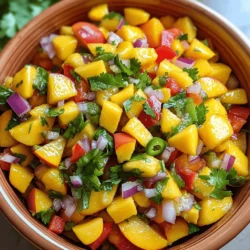 For a vibrant Tropical Peach Mango Salsa, you need these key ingredients: - 2 ripe peaches, diced - 1 ripe mango, diced - 1/2 red bell pepper, finely chopped - 1/4 red onion, finely chopped - 1 jalapeño, deseeded and minced (optional for spice) - 1/4 cup fresh cilantro, chopped - Juice of 1 lime - Salt and pepper to taste These ingredients bring a bright and sweet flavor to your dish. The peaches and mangoes provide a juicy base. The red bell pepper adds crunch, while the onion gives it a nice bite. If you like heat, the jalapeño is a great touch. Fresh cilantro and lime juice brighten the flavors even more. You can enhance your salsa with these optional ingredients: - 1/2 teaspoon garlic powder - 1 teaspoon honey for sweetness - A pinch of cumin for warmth Adding garlic powder gives a savory note. Honey can balance the tartness of the lime. Cumin adds depth and pairs well with the fruits. To make your salsa pop, consider these garnishes: - Extra lime wedges - Slices of fresh avocado - Additional cilantro leaves These garnishes not only look great but also add more flavor. Lime wedges let people add their own zing. Avocado adds creaminess, making the dish more filling. Extra cilantro can appeal to those who love its fresh taste. Start by gathering all your fresh ingredients. You need two ripe peaches and one ripe mango. Dice both fruits into small, even pieces. Next, take half a red bell pepper and chop it finely. Then, finely chop a quarter of a red onion. If you like heat, deseed and mince one jalapeño. Lastly, chop a quarter cup of fresh cilantro. This mix will create a bright, colorful salsa. In a large mixing bowl, add the diced peaches and mango. Then, mix in the red bell pepper, red onion, and jalapeño. Next, sprinkle in the chopped cilantro for added freshness. Squeeze the juice of one lime over the mixture. The lime juice adds a zesty kick. Stir all the ingredients gently but thoroughly. You want everything to blend well. Finally, season the salsa with salt and pepper to suit your taste. Let your salsa sit for at least 15 minutes. This helps the flavors meld together beautifully. Serve it chilled or at room temperature. It pairs well with grilled fish or chicken. You can also enjoy it with tortilla chips. For a fun touch, try plating it in a colorful bowl. This salsa is best eaten fresh but can last a day in the fridge. Choose ripe peaches and mangoes for the best taste. Look for peaches that are slightly soft. They should have a sweet smell. For mangoes, pick ones that yield slightly to gentle pressure. A ripe mango will also have a fruity aroma. Freshly picked fruits will make your salsa shine. Store your salsa in an airtight container. It keeps the flavors fresh and vibrant. Place the container in the fridge. Fresh salsa tastes best within two days. If you have leftovers, add lime juice to keep it fresh longer. This helps slow down browning. You can change the flavors to suit your taste. Add diced avocado for creaminess. Swap the red onion for green onion for a milder taste. If you like heat, add more jalapeño or include serrano peppers. You can also mix in diced pineapple or kiwi for a tropical twist. {{image_2}} You can spice up your salsa easily. Adding jalapeño gives it a nice kick. If you want more heat, try a serrano pepper. For a smoky flavor, add some chipotle powder. Taste as you go, so you find the right heat for you. You can swap fruits to create new flavors. Try using pineapple for a tropical twist. Or, mix in diced kiwi for a tart taste. You can even use strawberries for a sweet touch. Be creative and use fruits that you enjoy. To make a low-calorie salsa, focus on fresh veggies. Use more red bell pepper and less fruit. You can also add cucumber for crunch with fewer calories. This keeps your salsa fresh and light without losing flavor. Tropical peach mango salsa adds a fresh taste to many meals. I love serving it with grilled chicken or fish. The sweet and tangy flavors complement the savory meats well. You can also use it as a topping for tacos or burritos. It brings a fruity twist to your favorite dishes. For a lighter option, serve it with tortilla chips. The crunchy texture pairs perfectly with the salsa. This salsa isn’t just for dipping! You can mix it into salads for a burst of flavor. Try adding it to a bowl of rice or quinoa. It makes a colorful and tasty addition. You can also use it in wraps or sandwiches to brighten up your lunch. If you love breakfast, spoon it over scrambled eggs or an omelet. The salsa adds a tropical vibe to your morning meal. Making your salsa look good is easy! Use a clear bowl to show off the bright colors. You can also serve it in a halved pineapple or coconut for a fun twist. Garnish with extra cilantro or lime wedges for a pop of color. Make sure to serve the salsa chilled for the best taste. The fresh look will make your dish even more tempting. Tropical Peach Mango Salsa lasts about 2 to 3 days in the fridge. Keep it in an airtight container. The flavors stay fresh for a short time. After a few days, the fruit may get mushy. If you notice changes in texture or smell, it’s best to toss it. Yes, you can make Tropical Peach Mango Salsa ahead of time. I suggest making it the day before you plan to serve it. This allows the flavors to mix well. Just remember to store it in the fridge. It tastes great when chilled. Tropical Peach Mango Salsa pairs well with many dishes. Here are some ideas: - Grilled chicken or fish - Tacos or burritos - Tortilla chips for dipping - Salads for a fresh touch - Rice or quinoa bowls These pairings bring out the fresh flavors of the salsa. Enjoy experimenting with your favorite dishes! Tropical Peach Mango Salsa is refreshing and easy to make. We covered key ingredients, from main fruits to optional flavors and garnishes. Step-by-step, you learned how to prepare and combine these ingredients. Tips on storage and customization give you ideas for making it your own. Variations let you add spice or swap fruits while serving suggestions show how to pair it perfectly with dishes. Enjoy this vibrant salsa for any occasion, and don't hesitate to experiment; your taste buds will thank you.