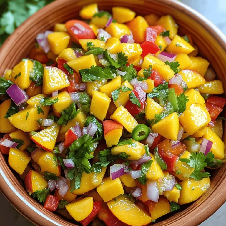 For a vibrant Tropical Peach Mango Salsa, you need these key ingredients: - 2 ripe peaches, diced - 1 ripe mango, diced - 1/2 red bell pepper, finely chopped - 1/4 red onion, finely chopped - 1 jalapeño, deseeded and minced (optional for spice) - 1/4 cup fresh cilantro, chopped - Juice of 1 lime - Salt and pepper to taste These ingredients bring a bright and sweet flavor to your dish. The peaches and mangoes provide a juicy base. The red bell pepper adds crunch, while the onion gives it a nice bite. If you like heat, the jalapeño is a great touch. Fresh cilantro and lime juice brighten the flavors even more. You can enhance your salsa with these optional ingredients: - 1/2 teaspoon garlic powder - 1 teaspoon honey for sweetness - A pinch of cumin for warmth Adding garlic powder gives a savory note. Honey can balance the tartness of the lime. Cumin adds depth and pairs well with the fruits. To make your salsa pop, consider these garnishes: - Extra lime wedges - Slices of fresh avocado - Additional cilantro leaves These garnishes not only look great but also add more flavor. Lime wedges let people add their own zing. Avocado adds creaminess, making the dish more filling. Extra cilantro can appeal to those who love its fresh taste. Start by gathering all your fresh ingredients. You need two ripe peaches and one ripe mango. Dice both fruits into small, even pieces. Next, take half a red bell pepper and chop it finely. Then, finely chop a quarter of a red onion. If you like heat, deseed and mince one jalapeño. Lastly, chop a quarter cup of fresh cilantro. This mix will create a bright, colorful salsa. In a large mixing bowl, add the diced peaches and mango. Then, mix in the red bell pepper, red onion, and jalapeño. Next, sprinkle in the chopped cilantro for added freshness. Squeeze the juice of one lime over the mixture. The lime juice adds a zesty kick. Stir all the ingredients gently but thoroughly. You want everything to blend well. Finally, season the salsa with salt and pepper to suit your taste. Let your salsa sit for at least 15 minutes. This helps the flavors meld together beautifully. Serve it chilled or at room temperature. It pairs well with grilled fish or chicken. You can also enjoy it with tortilla chips. For a fun touch, try plating it in a colorful bowl. This salsa is best eaten fresh but can last a day in the fridge. Choose ripe peaches and mangoes for the best taste. Look for peaches that are slightly soft. They should have a sweet smell. For mangoes, pick ones that yield slightly to gentle pressure. A ripe mango will also have a fruity aroma. Freshly picked fruits will make your salsa shine. Store your salsa in an airtight container. It keeps the flavors fresh and vibrant. Place the container in the fridge. Fresh salsa tastes best within two days. If you have leftovers, add lime juice to keep it fresh longer. This helps slow down browning. You can change the flavors to suit your taste. Add diced avocado for creaminess. Swap the red onion for green onion for a milder taste. If you like heat, add more jalapeño or include serrano peppers. You can also mix in diced pineapple or kiwi for a tropical twist. {{image_2}} You can spice up your salsa easily. Adding jalapeño gives it a nice kick. If you want more heat, try a serrano pepper. For a smoky flavor, add some chipotle powder. Taste as you go, so you find the right heat for you. You can swap fruits to create new flavors. Try using pineapple for a tropical twist. Or, mix in diced kiwi for a tart taste. You can even use strawberries for a sweet touch. Be creative and use fruits that you enjoy. To make a low-calorie salsa, focus on fresh veggies. Use more red bell pepper and less fruit. You can also add cucumber for crunch with fewer calories. This keeps your salsa fresh and light without losing flavor. Tropical peach mango salsa adds a fresh taste to many meals. I love serving it with grilled chicken or fish. The sweet and tangy flavors complement the savory meats well. You can also use it as a topping for tacos or burritos. It brings a fruity twist to your favorite dishes. For a lighter option, serve it with tortilla chips. The crunchy texture pairs perfectly with the salsa. This salsa isn’t just for dipping! You can mix it into salads for a burst of flavor. Try adding it to a bowl of rice or quinoa. It makes a colorful and tasty addition. You can also use it in wraps or sandwiches to brighten up your lunch. If you love breakfast, spoon it over scrambled eggs or an omelet. The salsa adds a tropical vibe to your morning meal. Making your salsa look good is easy! Use a clear bowl to show off the bright colors. You can also serve it in a halved pineapple or coconut for a fun twist. Garnish with extra cilantro or lime wedges for a pop of color. Make sure to serve the salsa chilled for the best taste. The fresh look will make your dish even more tempting. Tropical Peach Mango Salsa lasts about 2 to 3 days in the fridge. Keep it in an airtight container. The flavors stay fresh for a short time. After a few days, the fruit may get mushy. If you notice changes in texture or smell, it’s best to toss it. Yes, you can make Tropical Peach Mango Salsa ahead of time. I suggest making it the day before you plan to serve it. This allows the flavors to mix well. Just remember to store it in the fridge. It tastes great when chilled. Tropical Peach Mango Salsa pairs well with many dishes. Here are some ideas: - Grilled chicken or fish - Tacos or burritos - Tortilla chips for dipping - Salads for a fresh touch - Rice or quinoa bowls These pairings bring out the fresh flavors of the salsa. Enjoy experimenting with your favorite dishes! Tropical Peach Mango Salsa is refreshing and easy to make. We covered key ingredients, from main fruits to optional flavors and garnishes. Step-by-step, you learned how to prepare and combine these ingredients. Tips on storage and customization give you ideas for making it your own. Variations let you add spice or swap fruits while serving suggestions show how to pair it perfectly with dishes. Enjoy this vibrant salsa for any occasion, and don't hesitate to experiment; your taste buds will thank you.