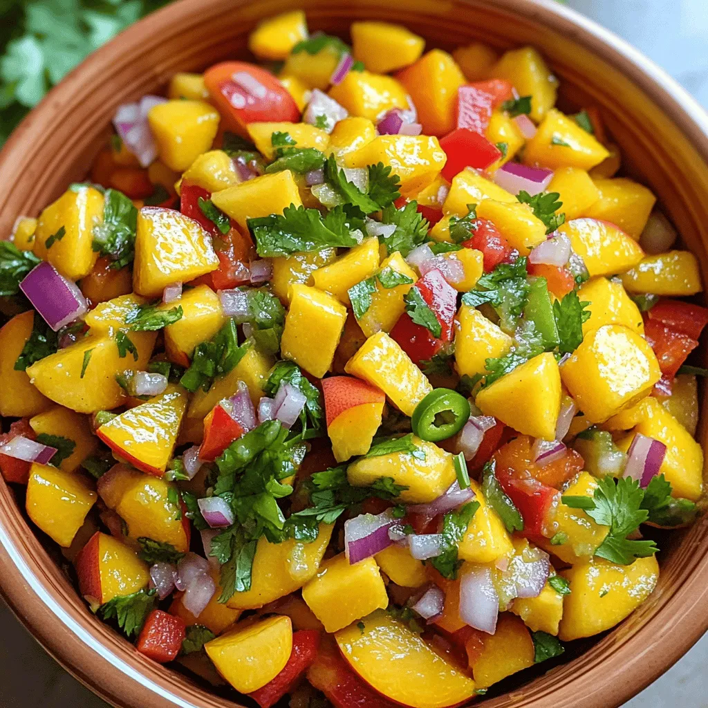 For a vibrant Tropical Peach Mango Salsa, you need these key ingredients: - 2 ripe peaches, diced - 1 ripe mango, diced - 1/2 red bell pepper, finely chopped - 1/4 red onion, finely chopped - 1 jalapeño, deseeded and minced (optional for spice) - 1/4 cup fresh cilantro, chopped - Juice of 1 lime - Salt and pepper to taste These ingredients bring a bright and sweet flavor to your dish. The peaches and mangoes provide a juicy base. The red bell pepper adds crunch, while the onion gives it a nice bite. If you like heat, the jalapeño is a great touch. Fresh cilantro and lime juice brighten the flavors even more. You can enhance your salsa with these optional ingredients: - 1/2 teaspoon garlic powder - 1 teaspoon honey for sweetness - A pinch of cumin for warmth Adding garlic powder gives a savory note. Honey can balance the tartness of the lime. Cumin adds depth and pairs well with the fruits. To make your salsa pop, consider these garnishes: - Extra lime wedges - Slices of fresh avocado - Additional cilantro leaves These garnishes not only look great but also add more flavor. Lime wedges let people add their own zing. Avocado adds creaminess, making the dish more filling. Extra cilantro can appeal to those who love its fresh taste. Start by gathering all your fresh ingredients. You need two ripe peaches and one ripe mango. Dice both fruits into small, even pieces. Next, take half a red bell pepper and chop it finely. Then, finely chop a quarter of a red onion. If you like heat, deseed and mince one jalapeño. Lastly, chop a quarter cup of fresh cilantro. This mix will create a bright, colorful salsa. In a large mixing bowl, add the diced peaches and mango. Then, mix in the red bell pepper, red onion, and jalapeño. Next, sprinkle in the chopped cilantro for added freshness. Squeeze the juice of one lime over the mixture. The lime juice adds a zesty kick. Stir all the ingredients gently but thoroughly. You want everything to blend well. Finally, season the salsa with salt and pepper to suit your taste. Let your salsa sit for at least 15 minutes. This helps the flavors meld together beautifully. Serve it chilled or at room temperature. It pairs well with grilled fish or chicken. You can also enjoy it with tortilla chips. For a fun touch, try plating it in a colorful bowl. This salsa is best eaten fresh but can last a day in the fridge. Choose ripe peaches and mangoes for the best taste. Look for peaches that are slightly soft. They should have a sweet smell. For mangoes, pick ones that yield slightly to gentle pressure. A ripe mango will also have a fruity aroma. Freshly picked fruits will make your salsa shine. Store your salsa in an airtight container. It keeps the flavors fresh and vibrant. Place the container in the fridge. Fresh salsa tastes best within two days. If you have leftovers, add lime juice to keep it fresh longer. This helps slow down browning. You can change the flavors to suit your taste. Add diced avocado for creaminess. Swap the red onion for green onion for a milder taste. If you like heat, add more jalapeño or include serrano peppers. You can also mix in diced pineapple or kiwi for a tropical twist. {{image_2}} You can spice up your salsa easily. Adding jalapeño gives it a nice kick. If you want more heat, try a serrano pepper. For a smoky flavor, add some chipotle powder. Taste as you go, so you find the right heat for you. You can swap fruits to create new flavors. Try using pineapple for a tropical twist. Or, mix in diced kiwi for a tart taste. You can even use strawberries for a sweet touch. Be creative and use fruits that you enjoy. To make a low-calorie salsa, focus on fresh veggies. Use more red bell pepper and less fruit. You can also add cucumber for crunch with fewer calories. This keeps your salsa fresh and light without losing flavor. Tropical peach mango salsa adds a fresh taste to many meals. I love serving it with grilled chicken or fish. The sweet and tangy flavors complement the savory meats well. You can also use it as a topping for tacos or burritos. It brings a fruity twist to your favorite dishes. For a lighter option, serve it with tortilla chips. The crunchy texture pairs perfectly with the salsa. This salsa isn’t just for dipping! You can mix it into salads for a burst of flavor. Try adding it to a bowl of rice or quinoa. It makes a colorful and tasty addition. You can also use it in wraps or sandwiches to brighten up your lunch. If you love breakfast, spoon it over scrambled eggs or an omelet. The salsa adds a tropical vibe to your morning meal. Making your salsa look good is easy! Use a clear bowl to show off the bright colors. You can also serve it in a halved pineapple or coconut for a fun twist. Garnish with extra cilantro or lime wedges for a pop of color. Make sure to serve the salsa chilled for the best taste. The fresh look will make your dish even more tempting. Tropical Peach Mango Salsa lasts about 2 to 3 days in the fridge. Keep it in an airtight container. The flavors stay fresh for a short time. After a few days, the fruit may get mushy. If you notice changes in texture or smell, it’s best to toss it. Yes, you can make Tropical Peach Mango Salsa ahead of time. I suggest making it the day before you plan to serve it. This allows the flavors to mix well. Just remember to store it in the fridge. It tastes great when chilled. Tropical Peach Mango Salsa pairs well with many dishes. Here are some ideas: - Grilled chicken or fish - Tacos or burritos - Tortilla chips for dipping - Salads for a fresh touch - Rice or quinoa bowls These pairings bring out the fresh flavors of the salsa. Enjoy experimenting with your favorite dishes! Tropical Peach Mango Salsa is refreshing and easy to make. We covered key ingredients, from main fruits to optional flavors and garnishes. Step-by-step, you learned how to prepare and combine these ingredients. Tips on storage and customization give you ideas for making it your own. Variations let you add spice or swap fruits while serving suggestions show how to pair it perfectly with dishes. Enjoy this vibrant salsa for any occasion, and don't hesitate to experiment; your taste buds will thank you.