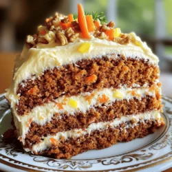 - 2 cups all-purpose flour - 2 cups granulated sugar - 1 teaspoon baking powder - 1 teaspoon baking soda - 1 teaspoon ground cinnamon - ½ teaspoon ground nutmeg - ½ teaspoon salt - 1 cup vegetable oil - 4 large eggs - 3 cups grated carrots (about 6 medium carrots) - 1 cup crushed pineapple, drained - 1 cup chopped walnuts (optional) - 1 teaspoon vanilla extract To make a perfect carrot cake, you need the right mix of ingredients. The flour gives structure. Sugar adds sweetness. Baking powder and soda help it rise. Spices like cinnamon and nutmeg give warmth and flavor. The oil keeps the cake moist, while eggs bind everything together. Grated carrots add texture and sweetness. Pineapple brings a lovely juiciness. If you like, add walnuts for crunch! - 8 oz cream cheese, softened - ½ cup unsalted butter, softened - 4 cups powdered sugar - 1 teaspoon vanilla extract - 2 tablespoons milk (as needed) The cream cheese frosting is rich and creamy. Cream cheese and butter blend well for a smooth base. Powdered sugar sweetens it up. Vanilla adds a nice aroma. If the frosting is too thick, use milk to adjust the texture. - Chopped walnuts - Edible flowers - Extra grated carrots You can personalize your cake with add-ins and toppings. Walnuts add a nice crunch. Edible flowers make it beautiful. Extra grated carrots give a nice touch and color. Choose what you like best! Start by gathering all your ingredients. You need: - 2 cups all-purpose flour - 2 cups granulated sugar - 1 teaspoon baking powder - 1 teaspoon baking soda - 1 teaspoon ground cinnamon - ½ teaspoon ground nutmeg - ½ teaspoon salt - 1 cup vegetable oil - 4 large eggs - 3 cups grated carrots - 1 cup crushed pineapple, drained - 1 cup chopped walnuts (optional) - 1 teaspoon vanilla extract For the frosting, you will need: - 8 oz cream cheese, softened - ½ cup unsalted butter, softened - 4 cups powdered sugar - 1 teaspoon vanilla extract - 2 tablespoons milk (as needed) Preheat your oven to 350°F (175°C). Grease and flour two 9-inch round cake pans. In a large bowl, sift together all the dry ingredients. This includes the flour, sugar, baking powder, baking soda, cinnamon, nutmeg, and salt. Mixing these well helps the cake rise evenly. In another bowl, whisk the vegetable oil, eggs, and vanilla extract. Make sure they blend together smoothly. Gradually add this wet mix into the dry mix. Stir gently until just combined. Avoid overmixing to keep the cake light and fluffy. Next, fold in the grated carrots, crushed pineapple, and walnuts if you choose to use them. This mix adds moisture and flavor. Divide the batter evenly between your prepared cake pans. Bake the cakes for 30 to 35 minutes. You can check if they are done by inserting a toothpick. If it comes out clean, they are ready. Allow the cakes to cool in the pans for 10 minutes. Then, transfer them to wire racks to cool completely. While the cakes cool, prepare your cream cheese frosting. In a mixing bowl, beat the softened cream cheese and butter together. Mix until it is smooth and creamy. Gradually add the powdered sugar and vanilla extract. Keep mixing until it is fully combined. If your frosting feels too thick, you can add milk one tablespoon at a time to reach your desired consistency. Once your cakes are completely cool, it’s time to frost. Place one cake layer on a serving platter. Spread a generous layer of cream cheese frosting on top. Carefully place the second layer on top and frost the top and sides of the cake. For a lovely finish, sprinkle extra chopped walnuts on top or around the base. You can also add edible flowers for a special touch. Enjoy your beautiful carrot cake! To make a moist carrot cake, follow these tips: - Use fresh grated carrots. They add natural moisture. - Add crushed pineapple. It gives flavor and keeps the cake moist. - Don’t overmix the batter. Mix just until combined to keep it light. - Let the cake cool in the pans. This step helps keep the moisture in. - Store the cake properly. Keep it covered to prevent it from drying out. Some common mistakes can ruin your cake. Here are key points to avoid: - Skipping the sifting step. This helps mix the dry ingredients well. - Not measuring flour correctly. Use the spoon and level method for accuracy. - Using cold eggs. Let them sit at room temp for better mixing. - Overbaking the cake. Check for doneness with a toothpick to avoid dryness. - Adding too much frosting. A thin layer keeps it balanced and not too sweet. For smooth cream cheese frosting, do the following: - Soften the cream cheese and butter. This makes it easier to mix. - Add powdered sugar slowly. This helps it blend in without lumps. - Use milk if the frosting is too thick. Start with a tablespoon at a time. - Mix until creamy and fluffy. This gives a light texture and great taste. - Taste and adjust. Add more sugar or vanilla if needed for flavor. {{image_2}} You can change up your carrot cake by adding fruits or nuts. Try mixing in raisins or dried cranberries for a sweet bite. Chopped pecans or walnuts give a nice crunch. You can also add shredded coconut for a tropical twist. Just keep the total add-ins to about a cup. This keeps the cake moist and adds great flavor. While cream cheese frosting is classic, other choices can be fun too. You might like whipped cream or a simple buttercream. For a healthier touch, use Greek yogurt mixed with honey. This still gives a creamy texture but with less sugar. Try a lemon frosting for a fresh taste. Each option changes the cake's flavor, making it unique. If you need a gluten-free cake, swap all-purpose flour for a gluten-free blend. Look for blends that work well in baking. You can also use almond or coconut flour, but watch the amounts. To make the cake lighter, try using applesauce instead of some oil. This keeps it moist while cutting down on fat. Always check the texture as you mix. Adjust as needed for a perfect cake. To store leftover carrot cake, wrap it well in plastic wrap. This keeps the cake moist and fresh. You can also place the cake in an airtight container. If you keep it at room temperature, it stays good for up to three days. For longer shelf life, store it in the fridge. In the fridge, your cake can last about one week. Always bring it back to room temperature before serving for the best taste. If you want to save the cake for later, freezing works well. First, let the cake cool completely. Then, wrap each layer tightly in plastic wrap. You can also use aluminum foil for extra protection. Place the wrapped layers in a freezer-safe bag or container. The cake can stay frozen for up to three months. When ready to eat, thaw it overnight in the fridge. This keeps the cake moist and tasty. Store any leftover cream cheese frosting in the fridge. Place it in an airtight container to keep it fresh. It can last for about one week in the fridge. If you want to store it longer, you can freeze the frosting too. Just place it in a freezer-safe bag. It can last up to three months in the freezer. When ready to use, thaw it in the fridge and stir it well before frosting your cake. To make a dairy-free carrot cake, swap the cream cheese and butter with dairy-free alternatives. Use vegan cream cheese and coconut oil or a dairy-free butter substitute. For the frosting, you can mix powdered sugar with the vegan cream cheese and a splash of almond or oat milk. This keeps the frosting creamy and tasty. Yes, you can use cake flour! Cake flour has less protein than all-purpose flour. This means your cake will be softer and lighter. When using cake flour, you may need to adjust the amount slightly. Use about 1 cup plus 2 tablespoons of cake flour for every cup of all-purpose flour. Your carrot cake can last for about 2-3 days at room temperature. Keep it covered to prevent it from drying out. For longer freshness, store it in the fridge, where it can last for about a week. Just remember to let it come to room temp before serving for the best taste! Pair your carrot cake with a light fruit salad or a scoop of vanilla ice cream. A warm cup of chai or spiced tea goes great as well. For a refreshing option, serve it with iced coffee or lemonade. These pairings highlight the cake's flavors and add a nice touch to your dessert! In this post, we covered everything you need for a great cake. You learned about ingredients, clear instructions, and helpful tips. We explored tasty variations and how to store your cake. Each step guides you to a yummy result. Remember, practice makes perfect. Try different add-ins and frostings to find your favorite. Enjoy your baking journey!