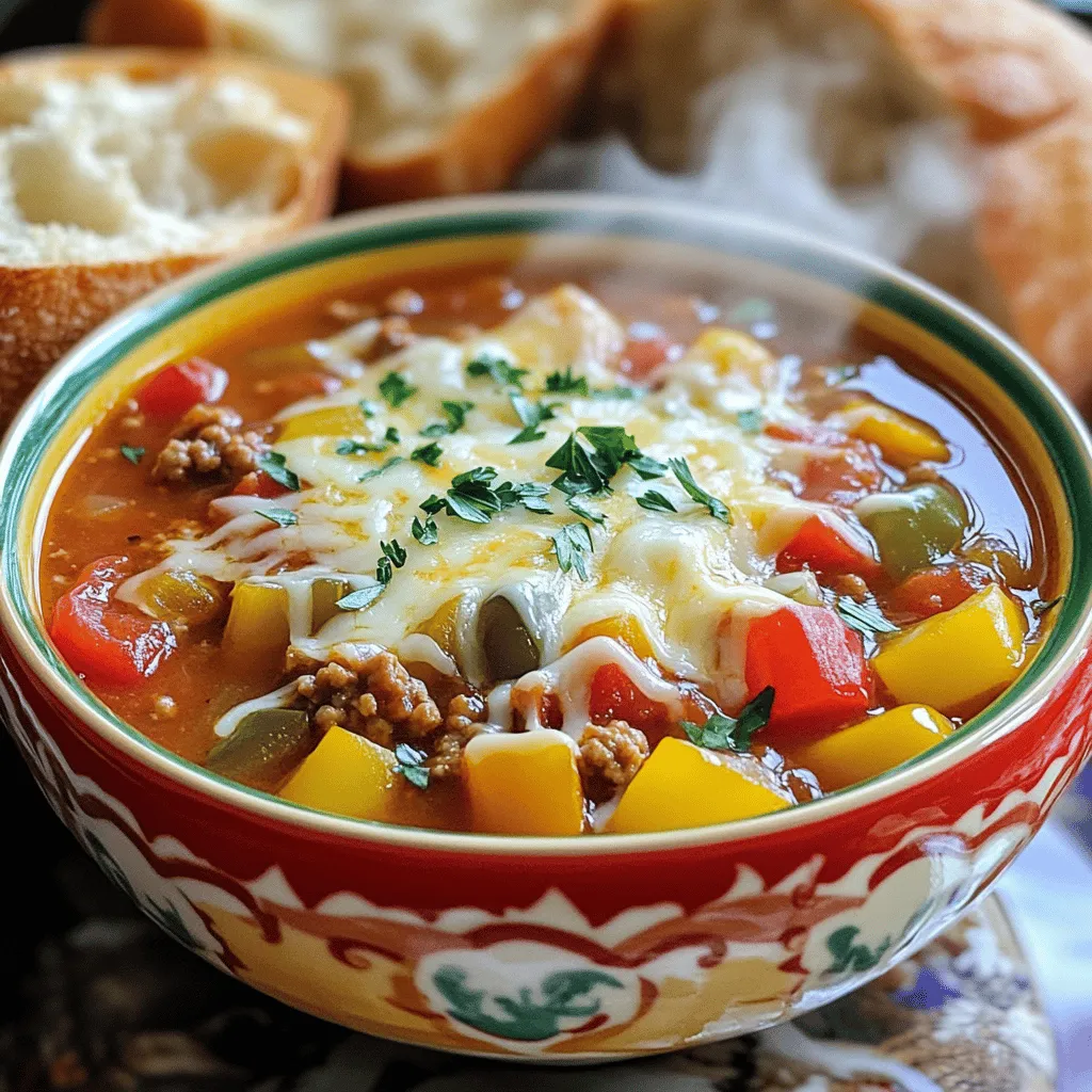 - 4 large bell peppers (red, yellow, green, or orange), diced - 1 lb lean ground turkey or beef - 1 medium onion, chopped - 3 cloves garlic, minced - 1 can (14.5 oz) diced tomatoes (with juice) - 4 cups low-sodium chicken or vegetable broth - 1 tablespoon Italian seasoning - 1 teaspoon paprika - Salt and pepper to taste - 1 cup cooked rice (preferably brown rice) - 1 cup shredded cheese (cheddar or mozzarella) - Fresh parsley or basil for garnish Stuffed bell pepper soup is a colorful dish packed with flavor. The main ingredients are bell peppers, ground meat, onion, and garlic. The bell peppers add sweetness. They also give the soup a vibrant look. Ground turkey or beef adds protein, making the soup hearty. Onions and garlic create a tasty base. For liquid and seasoning, diced tomatoes and broth are key. They add moisture and richness. Italian seasoning and paprika bring depth to the dish. Adjust salt and pepper to your liking. To finish the soup, add cooked rice and cheese. Brown rice is a healthy choice. The cheese melts in and makes the soup creamy. Fresh parsley or basil on top adds a lovely touch. This soup is not just filling; it’s fun to make and share! - Sauté onions until translucent. - Add garlic and cook until fragrant. Start by heating a large pot over medium heat. Add a dash of olive oil. Toss in the chopped onion and sauté it for about 3-4 minutes. You want the onion to turn translucent, which means it's ready for the next step. Now, add in the minced garlic. Cook it for one more minute. The kitchen will smell great at this point! - Brown ground turkey or beef. - Stir in bell peppers and soften. Next, add the ground turkey or beef to the pot. Break it up with a spoon as it cooks for about 5-7 minutes. You want it to brown nicely. Once the meat is ready, stir in your diced bell peppers. Let them cook for another 5 minutes. This will soften them and bring out their sweet flavor. - Combine remaining ingredients and bring to a boil. - Simmer and adjust seasoning. - Stir in cheese and serve. Now it's time to add the rest of the ingredients. Pour in the diced tomatoes along with their juice, broth, cooked rice, Italian seasoning, and paprika. Season with salt and pepper. Stir everything together well. Bring the mixture to a boil. After that, lower the heat and let it simmer for about 20 minutes. This will help all the flavors mix. Before serving, taste the soup and adjust the seasoning if needed. Finally, stir in half of the shredded cheese until it melts. It's ready to serve hot! Ladle it into bowls, top with remaining cheese, and garnish with fresh herbs like parsley or basil. Enjoy your cozy meal! If you want to change the meat, try ground chicken or pork. They both work well. You can also use lentils or mushrooms for a tasty vegetarian option. For broth, chicken or vegetable broth adds great flavor. If you want something different, try beef broth for a richer taste. To keep bell peppers tender, cook them for just a few minutes. You want them soft but not mushy. Letting the soup simmer is key. This helps all the flavors mix well together. The longer you let it sit, the more tasty it will be. Serve the soup with crusty bread or a green salad. A sprinkle of cheese on top makes it look great. Use bright bowls to make the meal pop. Fresh herbs can add color and a fresh taste. Enjoy this soup with friends or family for a warm meal. {{image_2}} To make a meatless stuffed bell pepper soup, you can swap the ground turkey or beef for plant-based protein. Options like lentils or quinoa work well. They add texture and protein, keeping the dish filling. You want to add more veggies too. Consider using: - Zucchini, diced - Carrots, grated - Corn, fresh or frozen - Spinach or kale, chopped These vegetables bring color and flavor to your soup. You can also add more spices for depth. If you like heat, add diced jalapeños or crushed red pepper. Start with a small amount and taste as you go. You can also use spicy sausage instead of turkey or beef. For a smoky flavor, add chipotle powder. Adjusting spice levels is easy. Just remember, you can always add more, but you can't take it away! You can easily adapt this recipe for the slow cooker. Start by sautéing onions and garlic in a pan. Then, transfer these to your slow cooker. Add the rest of the ingredients, except the cheese. Cook on low for 6-8 hours or high for 3-4 hours. Stir in the cheese just before serving for a melty finish. This method allows the flavors to deepen, making the soup even more tasty. To store your stuffed bell pepper soup, cool it down first. Place it in an airtight container. This keeps it fresh and tasty. You can store it in the fridge for up to 4 days. Ensure it is covered well to prevent any odors from other foods. If you want to save some soup for later, freezing is a great option. First, let the soup cool completely. Pour it into freezer-safe bags or containers. Remove as much air as possible to avoid freezer burn. Label the containers with the date. You can freeze the soup for up to 3 months. When you're ready to enjoy it again, thaw the soup in the fridge overnight. For a quick method, run the sealed bag under cold water. You can reheat your soup in the microwave or on the stovetop. If using the microwave, place the soup in a bowl. Heat it in short bursts, stirring between each. This helps it heat evenly. For stovetop reheating, pour the soup into a pot. Heat it over medium heat, stirring often. This keeps the flavors bright and fresh. Always taste before serving to ensure it’s just right! Can I use frozen bell peppers? Yes, you can use frozen bell peppers in this soup. Just add them straight from the freezer. They may take a little longer to cook down, but they will work well. What sides pair well with Stuffed Bell Pepper Soup? This soup goes great with crusty bread or a simple green salad. You can also serve it with a side of cheesy garlic bread for extra comfort. Is this soup healthy? Yes, this soup is healthy. It has lean protein from turkey or beef and lots of veggies. Plus, using low-sodium broth helps keep it heart-friendly. Suggestions for a lower-calorie version To make it lighter, skip the cheese or use a low-fat cheese. You can also use ground turkey instead of beef for fewer calories. How long does it take to cook? The total cooking time is about 40 minutes. This includes prep time and cooking time. Tips for faster preparation without sacrificing flavor To speed things up, chop your veggies while the meat cooks. You can also use pre-cooked rice to save time. In this blog post, we explored a delicious Stuffed Bell Pepper Soup. We went over the main and liquid ingredients, preparation steps, and how to finish the dish. You learned tips for substitutions, cooking, and serving ideas. We even shared variations for vegetarian or spicy versions and discussed storage best practices. Think of this soup as a warm hug on a cold day. It’s simple to make, filling, and full of flavor. Enjoy creating this dish and sharing it with those you love!