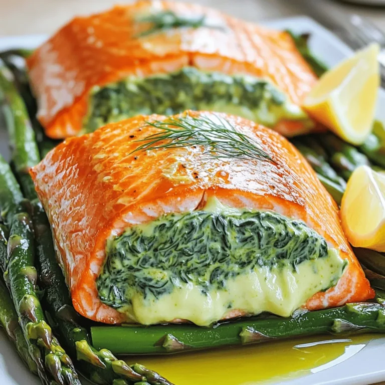 To make creamy spinach stuffed salmon, you need fresh and simple ingredients. Here’s the list of what you will need: - 4 salmon fillets (about 6 oz each) - 2 cups fresh spinach, chopped - 1/2 cup cream cheese, softened - 1/4 cup sour cream - 1/4 cup grated Parmesan cheese - 2 cloves garlic, minced - 1 teaspoon lemon zest - 1 tablespoon fresh dill, chopped (or 1 teaspoon dried) - Salt and pepper to taste - Olive oil (for brushing) - Lemon wedges (for serving) Each ingredient plays a key role in creating a rich and tasty dish. The salmon gives a nice base, while the fresh spinach adds color and nutrition. Cream cheese, sour cream, and Parmesan blend for that creamy filling. Garlic and lemon zest bring in flavor, and dill adds a fresh taste. Don’t forget the salt and pepper to enhance all the flavors. Olive oil helps keep the salmon moist while baking. Finally, lemon wedges make a great garnish and add a zesty kick. 1. Preheat the oven and prepare the baking sheet: Start by setting your oven to 375°F (190°C). While the oven heats, line a baking sheet with parchment paper. This keeps the salmon from sticking and makes clean-up easy. 2. Sauté the garlic and spinach: In a medium skillet, add a drizzle of olive oil. Heat it over medium. Add two minced garlic cloves to the skillet. Sauté them for about one minute until they smell great. Then, add two cups of chopped spinach. Cook until the spinach wilts, which takes about 2-3 minutes. Remove the skillet from the heat and let it cool for a few minutes. 1. Combine the ingredients in a bowl: In a large mixing bowl, combine the sautéed spinach and garlic with half a cup of softened cream cheese, a quarter cup of sour cream, and a quarter cup of grated Parmesan cheese. Add a teaspoon of lemon zest, one tablespoon of chopped fresh dill, and salt and pepper to taste. Mix until it looks creamy and well combined. 2. Stuff the salmon fillets: Take four salmon fillets, each about six ounces. Using a sharp knife, create a small pocket in the side of each fillet. Be careful not to cut all the way through. Generously stuff each fillet with the creamy spinach mixture. If you need to, use toothpicks to keep the filling inside. 1. Baking instructions: Place the stuffed salmon fillets on the prepared baking sheet. Brush the tops lightly with olive oil, and season with extra salt and pepper. Bake them in the preheated oven for 20-25 minutes. 2. Tips for checking doneness: The salmon is done when it flakes easily with a fork. If you have a meat thermometer, check for an internal temperature of 145°F (63°C) to ensure it is perfectly cooked. Enjoy this delightful and flavorful dish! To make the best stuffed salmon, you need to focus on a few key points. First, always use fresh salmon fillets. Fresh fish tastes better and flakier. You can tell if salmon is fresh by its bright color and mild scent. Next, I recommend using a few cooking techniques. Baking is the best method for this recipe. It cooks the salmon evenly and keeps it moist. Preheat your oven to 375°F (190°C) and line your baking sheet. This helps the salmon cook without sticking. To boost the flavors, consider adding a few seasonings. Fresh dill is a fantastic choice. It adds a nice herbal note that pairs well with salmon. You can also use lemon zest for a bright touch. When serving, presentation matters. Place the stuffed salmon on a bed of sautéed asparagus or wilted greens. This adds color and flavor to your plate. Finally, add a lemon wedge for a fresh finish. It looks great and gives a nice burst of flavor when squeezed over the fish. {{image_2}} You can change up the flavors with different cheeses or greens. Instead of cream cheese, try goat cheese for a tangy twist. Feta works well too, adding a salty kick. For greens, you can swap spinach for kale or Swiss chard. Both give a nice texture and taste. Adding proteins can also enhance the dish. Try mixing in cooked shrimp or crab for a seafood boost. You can even add some cooked chicken for a heartier option. Just remember to adjust the flavor balance to keep it delicious. You can cook creamy spinach stuffed salmon in various ways. Grilling gives it a smoky flavor. Just preheat your grill and cook the salmon on medium heat for about 8-10 minutes. Be careful, as it can dry out easily. Baking is the classic choice. It keeps the salmon moist and tender. Preheat your oven to 375°F (190°C) for the best results. Air frying is another great method. It cooks the salmon quickly while giving it a nice crisp outside. Set your air fryer to 375°F (190°C) and cook for 10-15 minutes. Check often to avoid overcooking. Each method brings out different flavors in the salmon. Try them all to see which one you enjoy the most! To keep your creamy spinach stuffed salmon fresh, follow these tips: - Refrigeration: Place leftovers in an airtight container. Store in the fridge for up to 3 days. This keeps the salmon moist and tasty. - Freezing: You can freeze the stuffed salmon. Wrap each piece tightly in plastic wrap, then place in a freezer-safe bag. It lasts up to 3 months. To enjoy later, thaw in the fridge overnight before reheating. Reheating your salmon carefully helps maintain its texture and flavor. Here are some tips: - Oven Method: Preheat the oven to 350°F (175°C). Place the salmon on a baking sheet. Cover with foil to prevent drying out. Bake for 15-20 minutes until warmed through. - Microwave Method: If you’re short on time, use the microwave. Place a salmon piece on a microwave-safe plate. Cover with a damp paper towel. Heat in short bursts of 30 seconds until warm. By following these storage and reheating tips, you can enjoy your creamy spinach stuffed salmon even after the first serving! How long to bake salmon for optimal results? I bake salmon at 375°F (190°C) for 20 to 25 minutes. The fish should flake easily with a fork when done. Cooking time may vary based on thickness. Always check for doneness with a fork for best results. Can I use frozen salmon fillets? Yes, you can use frozen salmon. Just thaw them first. Place them in the fridge overnight or use cold water for a quick thaw. This helps maintain their texture and flavor. What sides pair well with this dish? I love serving this salmon with sautéed asparagus or wilted greens. They add color and balance the creaminess. You might also try a light salad or roasted potatoes for a complete meal. Breakdown of calories and macros Each serving of creamy spinach stuffed salmon has about 400 calories. It contains protein, healthy fats, and carbs from the filling. You get around 30g of protein, 28g of fat, and 8g of carbs. Dietary considerations and substitutions This dish is great for many diets. If you're lactose intolerant, try dairy-free cream cheese and sour cream. For gluten-free options, check labels on all packaged ingredients. You can also swap salmon for another fish like chicken or tofu. This blog covered how to make creamy spinach stuffed salmon. We talked about the key ingredients, step-by-step prep, and cooking tips. You learned ways to swap ingredients and tried various cooking methods. Storing leftovers and reheating were both key points too. In summary, this dish is fun to make and can be tailored to your taste. Enjoy making it your own and share it with friends and family. Happy cooking!