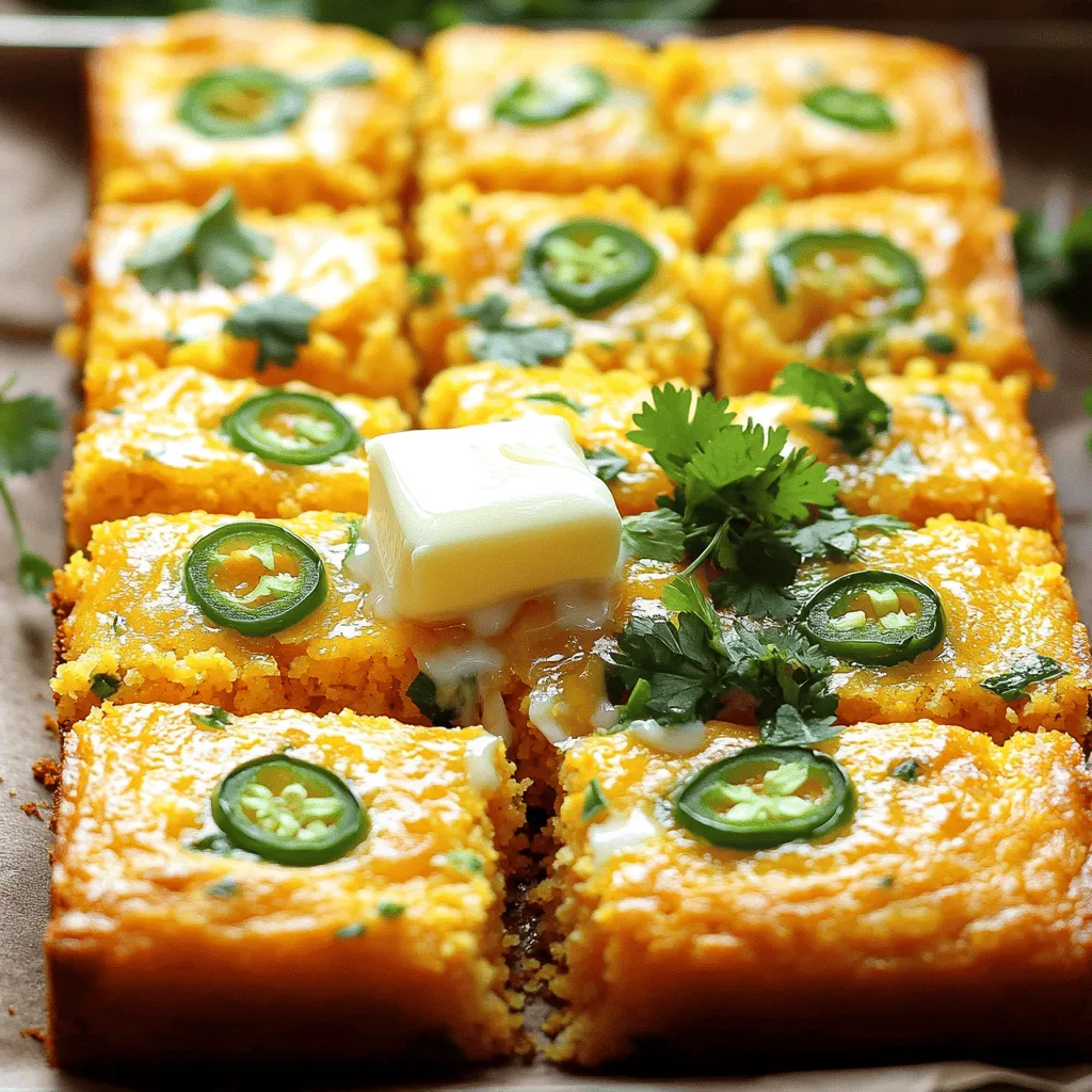 Here are the ingredients you need to make jalapeño cheddar cornbread: - 1 cup cornmeal - 1 cup all-purpose flour - 1 tablespoon sugar - 1 tablespoon baking powder - 1/2 teaspoon salt - 1 cup buttermilk - 1/4 cup vegetable oil - 2 large eggs - 1 cup shredded sharp cheddar cheese - 2-3 jalapeños, finely chopped (remove seeds for less heat) - Optional garnishes: 1/4 cup fresh cilantro This mix of ingredients makes the cornbread rich and flavorful. The cornmeal gives it a lovely texture, while the cheddar adds a sharp taste. The jalapeños bring a nice kick, making each bite exciting. Feel free to adjust the amount of jalapeños to fit your heat preference. If you love fresh herbs, add some cilantro for a pop of color and flavor. - Preheat oven to 400°F (200°C). - Grease or line an 8-inch square baking dish. First, we need to get our oven hot. Set it to 400°F (200°C). While it's warming up, grab an 8-inch square baking dish. You can grease it with butter or oil. If you want easy cleanup, line it with parchment paper. - Combine cornmeal, flour, sugar, baking powder, and salt. In a big bowl, mix the dry stuff. Take one cup of cornmeal and one cup of all-purpose flour. Add a tablespoon of sugar, a tablespoon of baking powder, and half a teaspoon of salt. Stir well to blend everything together. - Whisk buttermilk, vegetable oil, and eggs. Now, let’s make the wet mix. In another bowl, add one cup of buttermilk. Pour in a quarter cup of vegetable oil and crack in two large eggs. Whisk it all together until it’s smooth and well mixed. - Gradually mix wet and dry ingredients, avoiding overmixing. - Fold in cheese and jalapeños. Next, it’s time to combine. Slowly pour the wet mix into the dry mix. Stir gently until just combined. A few lumps are fine! Now, fold in one cup of shredded sharp cheddar cheese and two to three finely chopped jalapeños. Make sure they're mixed well but don't overdo it. - Pour batter into the prepared dish and bake. - Recommended baking time and doneness check. Pour the batter into your prepared dish. Spread it out evenly, then pop it in the oven. Bake for 20-25 minutes. Check doneness by inserting a toothpick into the center. If it comes out clean, your cornbread is ready! To make the best jalapeño cheddar cornbread, avoid overmixing the batter. Overmixing makes the cornbread tough. Stir just until the wet and dry ingredients blend together. A few lumps are okay. This keeps your cornbread light and fluffy. To achieve the ideal texture, use fresh ingredients. Check the date on your baking powder. If it's old, your cornbread may not rise well. Use sharp cheddar cheese for the best flavor. The sharp taste pairs well with the heat from the jalapeños. Serve your jalapeño cheddar cornbread warm from the oven. A pat of butter on top makes it even better. For a fresh touch, sprinkle chopped cilantro on top. This adds color and flavor. Pair your cornbread with chili or soup. It also goes well with barbecued meats. You can even serve it with a simple salad. The flavors complement each other wonderfully. To store leftover cornbread, let it cool completely first. Wrap it in plastic wrap or foil. You can also place it in an airtight container. This keeps it fresh for up to three days. To reheat, place it in a 350°F (175°C) oven for about 10 minutes. This restores the warm, soft texture. You can also microwave it for 15-20 seconds, but it may dry out. Enjoy your cornbread warm for the best taste! {{image_2}} You can easily change the spice level of your cornbread. For a milder taste, remove the seeds and ribs from the jalapeños. This will cut down on the heat. You can also use fewer jalapeños or try sweet peppers instead. If you love spice, add more jalapeños or use a spicier variety, like serrano peppers. You can even toss in a pinch of cayenne for extra kick. Cornbread is great for creativity. You can add other ingredients to make it your own. Try mixing in corn kernels for sweetness and texture. You can also use cooked bacon or sausage for a savory twist. Seasonal ingredients work well too. In fall, add pumpkin puree or diced apples. In summer, try fresh herbs like basil or dill for a bright flavor. Making this cornbread gluten-free is simple. Replace all-purpose flour with a gluten-free blend. Look for a blend that works well in baking. You can also use almond flour or coconut flour. If you choose almond flour, use less since it is denser. Make sure your baking powder is gluten-free too. This way, all can enjoy the cornbread! Jalapeño cheddar cornbread stays fresh for about 3 to 4 days. Keep it in an airtight container at room temperature. If it gets too dry, just warm it up with a little butter. Yes, you can freeze jalapeño cheddar cornbread. Wrap it tightly in plastic wrap and then in foil. It can last in the freezer for up to 3 months. To enjoy, just thaw in the fridge overnight and reheat in the oven. If you don’t have buttermilk, you can use regular milk. Just add 1 tablespoon of vinegar or lemon juice to 1 cup of milk. Let it sit for 5 minutes to sour before using it in your recipe. Yes, you can make this cornbread dairy-free. Use a plant-based milk like almond or soy milk. Also, substitute the buttermilk with the milk and vinegar mix mentioned above. Make sure to use dairy-free cheese if you want to keep it entirely dairy-free. Absolutely! You can mix in any cheese you love. Pepper jack adds a nice kick, while mozzarella gives a gooey texture. Experiment with your favorite cheeses to make this cornbread uniquely yours! - Prep time: 10 minutes - Cook time: 20-25 minutes - Total time: 35 minutes Making jalapeño cheddar cornbread is quick and easy. You only need about 10 minutes to prep your ingredients and mix them together. Once your batter is ready, you will bake it for 20 to 25 minutes. This means you can enjoy fresh cornbread in just 35 minutes. - Number of servings: 9 squares This recipe makes 9 squares of delicious cornbread. Each square is perfect for sharing or enjoying on your own. Whether you serve it at dinner or as a snack, everyone will love it! In this post, I shared a simple recipe for jalapeño cheddar cornbread. You learned the right ingredients and how to mix them well. I gave tips for storage and serving to make your cornbread shine. You can adjust spice levels and explore variations too. Now, it’s time to bake this tasty treat and enjoy it with family and friends. Happy cooking!