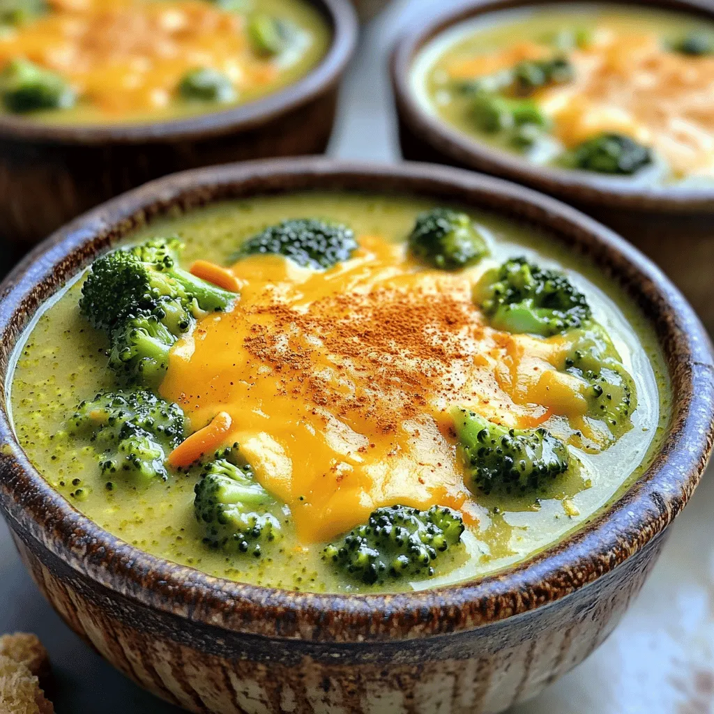 This creamy broccoli cheddar soup is simple and full of flavor. You will love how easy it is to make this comforting dish. With fresh broccoli and sharp cheddar, each bowl is a burst of cheesy goodness. - 1 large head of fresh broccoli, chopped - 1 medium onion, diced - 2 cloves garlic, minced - 3 tablespoons butter - 4 cups vegetable broth - 1 cup heavy cream - 2 cups shredded sharp cheddar cheese - 1 cup shredded carrots - 1/2 teaspoon paprika - Salt and pepper to taste - Optional: Croutons for garnish You need a large pot for cooking. An immersion blender helps to make it creamy. A cutting board and knife are great for chopping veggies. Use measuring cups and spoons for accuracy. Enjoy the process of making this cozy soup! Start by gathering all your ingredients. Chop one large head of fresh broccoli. Dice one medium onion and mince two cloves of garlic. Measure out three tablespoons of butter, four cups of vegetable broth, and one cup of heavy cream. Shred two cups of sharp cheddar cheese and one cup of carrots. Finally, get your paprika, salt, and pepper ready. In a large pot, melt the butter over medium heat. Add the diced onion and cook until it turns soft, about five minutes. Next, stir in the minced garlic and cook for one minute until you smell its great aroma. Add the chopped broccoli, shredded carrots, and vegetable broth. Bring the mixture to a boil. Once it boils, lower the heat and let it simmer for 15-20 minutes. You want the broccoli to become tender. After the broccoli is tender, use an immersion blender to puree the soup. You can leave some chunks if you prefer texture. Once blended, stir in the heavy cream and shredded cheddar cheese. Mix until everything melts and combines well. Season with paprika, salt, and pepper to taste. Let the soup simmer for another five minutes. Remove it from the heat and let it cool slightly before serving. To make your creamy broccoli cheddar soup taste even better, you can add spices. A pinch of nutmeg brings warmth. Fresh herbs like thyme or parsley add a bright note. You can also toss in a splash of lemon juice for a zesty kick. For a smoky flavor, try adding a bit of smoked paprika. Each of these can take your soup from good to great! One common mistake is overcooking the broccoli. It should be tender, but not mushy. Another mistake is not blending enough. You want a creamy base, so blend well! If the soup is too thick, add more vegetable broth to thin it out. Lastly, don’t forget to season! Salt and pepper are key to a balanced flavor. Serve your soup in warm bowls for the best experience. Top it with croutons for crunch and more cheddar for extra cheese flavor. A drizzle of cream can make it look fancy. Pair this soup with crusty bread or a light salad for a complete meal. It’s perfect for lunch or a cozy dinner! {{image_2}} You can easily change this soup with fun add-ins. Try adding cooked chicken for protein. You can use cauliflower instead of broccoli for a twist. If you want a spicy kick, add diced jalapeños. Swap out heavy cream for coconut milk if you prefer a dairy-free option. Feel free to mix in other veggies like corn or potatoes. This recipe is flexible for different diets. To make it vegan, use vegetable broth and coconut cream. You can also replace cheese with a dairy-free alternative. For a low-carb version, skip the carrots. Use almond milk instead of heavy cream for a lighter soup. Always check labels to ensure your ingredients fit your diet. Get creative with how you serve the soup. Try pouring it into bread bowls for a fun twist. You can serve it with a side of crusty bread or a salad. For added flair, top your soup with fresh herbs like parsley or chives. A sprinkle of crushed red pepper adds color and flavor. To store leftovers, let the soup cool down first. Then, pour it into an airtight container. Seal the container tightly. Place it in the fridge. Creamy broccoli cheddar soup stays fresh for about 3-4 days. If you want to keep it longer, consider freezing it. Freezing this soup is simple. Use freezer-safe containers, leaving some space at the top. The soup expands when it freezes. It can last for about 2-3 months in the freezer. For best results, label the container with the date. This helps you keep track of how long it has been frozen. To reheat the soup, take it out of the fridge or freezer. If frozen, let it thaw in the fridge overnight. For reheating, pour the soup into a pot over medium heat. Stir it often to prevent sticking. If the soup seems too thick, add a splash of broth or cream to loosen it up. Heat until warm and enjoy! Yes, you can use frozen broccoli. It saves time and is easy to find. Just add it to the pot when you would add fresh broccoli. Cook it until tender, about 10 to 15 minutes. The soup will still taste great! To make this soup gluten-free, just use gluten-free vegetable broth. Most broths are naturally gluten-free, but check the label to be sure. Also, avoid adding any gluten-containing ingredients. This soup can be enjoyed by everyone! This soup pairs well with several sides. Try serving it with crusty bread, grilled cheese, or a fresh salad. You can also top the soup with croutons for extra crunch. Each choice adds flavor and makes it a hearty meal! In this post, I covered how to make broccoli cheddar soup. You learned about the needed ingredients, preparation steps, and cooking process. I shared tips to enhance flavor and avoid common mistakes. You also discovered serving ideas, variations, and storage info for leftovers. Broccoli cheddar soup is easy and fun to make. With practice, your soup will taste great every time. Enjoy cooking!
