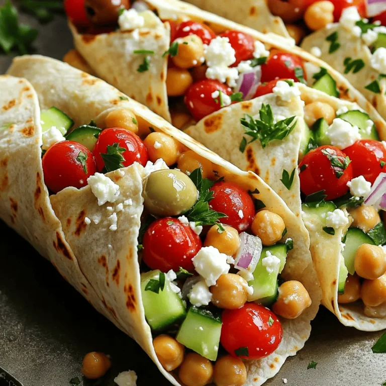 To make these wraps, you need simple, fresh ingredients. Here’s what you will gather: - 1 can (15 oz) chickpeas, drained and rinsed - 1 cup cherry tomatoes, halved - 1 cucumber, diced - 1/2 red onion, finely chopped - 1/4 cup Kalamata olives, pitted and chopped - 1/2 cup feta cheese, crumbled - 1/4 cup fresh parsley, chopped - 2 tablespoons tahini - 2 tablespoons lemon juice - 1 tablespoon olive oil - Salt and pepper to taste - 4 large whole wheat tortillas or pita bread These ingredients form the base of your Mediterranean chickpea wraps. Each item brings a burst of flavor and nutrition. You can enhance your wraps with a few optional ingredients. Try adding: - Hummus for spreading - Extra herbs like dill or mint - Avocado slices for creaminess These optional ingredients can elevate the taste and make the wraps even more enjoyable. These wraps are not only tasty but also healthy. Each wrap is packed with protein and fiber from the chickpeas. Here’s a quick look at the nutritional highlights: - Chickpeas: High in protein and fiber - Feta cheese: Adds calcium and flavor - Fresh veggies: Provide vitamins and antioxidants - Olive oil: Healthy fat that aids heart health Each wrap is a balanced meal that can fuel your day, making it a great choice for lunch or dinner. To start, grab a medium bowl. Open a can of chickpeas, drain them well, and rinse them. You want to remove any canning liquid. Next, use a fork to mash the chickpeas lightly. It’s okay to leave some whole. This gives the mixture a nice texture. Now, add the cherry tomatoes. Cut them in half first. Then, dice the cucumber and finely chop the red onion. Toss these into the bowl with the chickpeas. Next, chop the Kalamata olives and add those too. Don't forget the feta cheese and fresh parsley! Mix everything well to combine. In a small bowl, add two tablespoons of tahini. Then, squeeze in two tablespoons of fresh lemon juice. Add one tablespoon of olive oil and a pinch of salt and pepper. Use a whisk to mix it until it is smooth. Taste it and adjust the seasoning if needed. This dressing will add a creamy, nutty flavor. Now it's time to assemble your wraps. Lay out the large whole wheat tortillas or pita bread on a flat surface. If you like, spread a layer of hummus on each wrap for an extra kick. Spoon the chickpea mixture evenly onto the center of each wrap. Once you have your filling, fold in the sides and roll them up tightly. This helps keep everything inside. To serve, cut the wraps in half diagonally. You can enjoy them right away or wrap them in foil for a meal on the go. These Mediterranean chickpea wraps are tasty, healthy, and very easy to make! To enhance the taste of your Mediterranean chickpea wraps, consider these simple tips: - Use fresh ingredients wherever possible. Fresh herbs like parsley add a bright taste. - Experiment with spices. Adding cumin or paprika can bring warmth to your mix. - Adjust the dressing. If you like a tangy flavor, add more lemon juice. - Try different olives. Each type offers a unique taste that can change your dish. Having the right tools makes cooking fun and easy. Here are my must-have items: - A sturdy mixing bowl for combining ingredients. - A fork for mashing the chickpeas. It works well and is easy to clean. - A whisk for mixing the tahini dressing. This ensures a smooth blend. - A sharp knife for chopping veggies. It speeds up your prep time. - A cutting board to protect your counters while you chop. Meal prepping makes life easier. Here’s how to prepare your wraps in advance: - Make the chickpea mixture a day ahead. Store it in the fridge for great flavor. - Pack your wraps separately. This keeps them fresh and prevents sogginess. - Use foil or parchment paper for wrapping. It makes for easy transport and clean-up. - Consider adding extra sides. Carrot sticks or a small salad pair well with wraps. {{image_2}} For vegetarian wraps, you can keep the feta cheese. If you want a vegan dish, skip the feta. You can replace it with vegan cheese or extra chickpeas. Adding avocado gives a creamy texture. You can also toss in some roasted red peppers for extra flavor. If you like meat, add grilled chicken or turkey. Shrimp also works well. Just cook the meat before adding it to the wraps. For a different taste, try tuna. Mix it with some lemon juice and herbs for a fresh flavor. To make gluten-free wraps, use lettuce leaves. They are crisp and healthy. You can also use gluten-free tortillas or rice paper. Both options hold the filling well and taste great. Just be sure to check labels for gluten-free status. To store leftover wraps, wrap them tightly in plastic wrap or foil. Place them in an airtight container. This keeps them fresh for up to three days in the fridge. If you use hummus, keep it separate to avoid sogginess. Freezing wraps is a great option. To freeze, wrap each one in plastic wrap. Then place them in a freezer bag. They can last up to three months. When ready to eat, take them out and let them thaw in the fridge overnight. For the best taste, reheat wraps in a pan over medium heat. Cook for a few minutes on each side until warm. You can also use a microwave. Heat them for 30 seconds, then check. Avoid overheating, as that can make them tough. Enjoy your wraps warm for the best flavor! Yes, you can make these wraps ahead. Prepare the chickpea mix and the tahini dressing. Store them in separate airtight containers in the fridge. When you are ready to eat, just assemble the wraps. This saves time and keeps the flavors fresh. If you don’t have tahini, try using peanut butter or almond butter. You can also blend sesame seeds with olive oil to make a quick substitute. Greek yogurt adds creaminess too. Each option gives a different taste, but they work well in the wraps. Many side dishes pair nicely with these wraps. Try a simple green salad with lemon dressing. You can also serve roasted vegetables or a refreshing cucumber salad. For a snack, consider serving chips or pita with hummus. These sides add flavor and make the meal more fun. Mediterranean chickpea wraps are easy and fun to make. You learned the main and optional ingredients for great flavor. I shared how to prepare the chickpeas and tahini dressing. We covered tips for cooking and meal prep, plus variations for diets. Remember, these wraps can store well for later. They are delicious fresh or reheated. Keep experimenting with ingredients to find your favorite mix. Enjoy making these healthy wraps again and again!