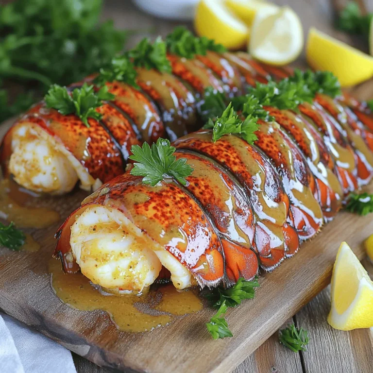 - 2 lobster tails - 4 tablespoons unsalted butter, melted - 4 cloves garlic, minced - 1 tablespoon fresh lemon juice - 1 teaspoon smoked paprika - Salt and pepper to taste - Fresh parsley, chopped for garnish For this garlic butter lobster tails recipe, each ingredient plays a key role. Let's break it down. First, we have the lobster tails. Choose fresh, high-quality lobster for the best taste. The meat is sweet and tender, making it the star of the dish. Next, we need unsalted butter. It adds richness and flavor. I recommend using unsalted butter to control the saltiness in your dish. Garlic is essential for flavor. It brings a strong, aromatic taste that pairs well with lobster. Always use fresh garlic for the best results. Don't forget fresh lemon juice. It adds brightness and cuts through the richness of the butter. Just one tablespoon does the trick. Smoked paprika gives a nice depth to the flavor. It adds a subtle smokiness without being overpowering. A little goes a long way. Salt and pepper are simple but important. They enhance the overall taste of the dish. Adjust to your preference. Finally, fresh parsley is for garnish. It brings a pop of color and freshness. Plus, it makes your dish look beautiful. With these ingredients, you are ready to make a delicious garlic butter lobster tails dish. Each one adds to the overall experience and flavor. 1. Preheating the broiler: Start by turning on your broiler to high. This helps cook the lobster quickly and gives it a nice char. 2. Preparing lobster tails: Grab kitchen scissors. Cut the top of the lobster tails down the center. Stop just before the tail to keep the shell intact. Gently pull the shell apart to show the meat. 3. Making garlic butter mixture: In a bowl, mix the melted butter, minced garlic, lemon juice, smoked paprika, salt, and pepper. Stir well to blend the flavors. 1. Placement and broiling of lobster tails: Place the lobster tails on a baking sheet lined with parchment paper. Set them with the flesh side up. 2. Basting and monitoring doneness: Brush the garlic butter mixture over the lobster meat. Save some for later. Broil the tails for 8-10 minutes. Keep an eye on them. The meat should turn opaque and brown. Halfway through, baste with the reserved butter. 1. Resting the lobster tails: Once cooked, take the lobster tails out of the oven. Let them rest for a few minutes. This helps the juices settle. 2. Garnishing and presentation: Sprinkle chopped fresh parsley over the lobster tails. For a nice touch, serve them on a wooden cutting board with lemon wedges. Drizzle some of the leftover garlic butter for shine. To choose the best lobster tails, look for ones that feel firm. Fresh tails have a slight ocean scent. Avoid any tails with a strong, fishy smell. Check the shells; they should feel hard and not cracked. Size matters too! Larger tails offer more meat. Aim for tails that weigh about 6 to 8 ounces each. This size gives you the perfect balance of taste and texture. Monitoring cooking times is key to great lobster tails. Preheat your broiler on high for best results. Place the lobster tails about 4 to 6 inches away from the heat source. Cook for about 8 to 10 minutes. The meat should turn opaque and slightly browned when done. Baste the tails halfway through for that extra flavor kick. Use a meat thermometer if you have one; the internal temperature should reach 140°F. Want to add more flavor? Try adding a pinch of cayenne pepper for heat. A sprinkle of fresh thyme or dill can also brighten the dish. Lemon zest can give a fresh twist too. If you love a smoky taste, consider using chipotle powder instead of smoked paprika. Experiment with different herbs and spices to make the dish your own! {{image_2}} You can cook lobster tails in different ways. Grilling and broiling are the most popular. - Grilling: This method gives a smoky flavor. It works great for warm days. Just preheat your grill and cook the tails on medium heat. Turn them every few minutes for even cooking. - Broiling: This is my favorite for a quick meal. You get a nice char on top. Broiling cooks the lobster quickly under high heat. It’s easy and perfect for a cozy dinner at home. Both methods produce tender meat, but the flavors differ. Try both to find your favorite. Garlic butter is a classic choice, but you can mix it up: - Herb-Infused Butter: Add fresh herbs like thyme or dill to the butter for extra flavor. - Spicy Garlic Butter: Mix in red pepper flakes for a kick. - Citrus Twist: Add orange zest for a bright taste. Experiment with these ideas to find a garlic butter blend you love. Each variation adds a unique touch to the dish. To make your meal complete, think about side dishes. Here are some great options: - Roasted Vegetables: Carrots, asparagus, or Brussels sprouts complement the rich lobster. - Garlic Bread: This classic pairs well with the garlic butter. - Creamy Risotto: A rich risotto provides a nice contrast to the lobster. These sides enhance your meal, making it a feast for the senses. Enjoy your lobster tails with your favorite sides for a truly memorable dinner. After enjoying your garlic butter lobster tails, store any leftovers right away. Use a tight container to keep them fresh. Glass or plastic containers work well. Make sure to seal them to stop air from getting in. Place the container in the fridge. Leftovers can stay good for up to three days. To reheat lobster tails, use a gentle heat. Preheat your oven to 350°F (175°C). Place the lobster tails in an oven-safe dish. Add a splash of water or leftover garlic butter. Cover the dish with foil. Heat for about 10 minutes or until warm. This method keeps the tails moist and tasty. You can freeze both cooked and uncooked lobster tails. For cooked tails, let them cool completely. Wrap them tightly in plastic wrap and then in foil. Store in the freezer for up to three months. For uncooked tails, place them in a freezer bag. Remove as much air as possible. They can stay fresh for six months in the freezer. Lobster tails take about 8 to 10 minutes to broil. The key is to watch them closely. When the meat turns opaque and gets a light brown color, they are done. If you undercook them, they will be rubbery. Overcooking them makes them dry. Using a meat thermometer can help. Aim for an internal temperature of 140°F. Yes, you can substitute some ingredients. If you want to skip the butter, use olive oil or coconut oil. They will still add flavor but in a different way. For the garlic, you can use garlic powder if you like. It won’t be as fresh, but it will still work. Fresh herbs can also replace parsley for a different taste. Serving lobster tails can be fun. You can place them on a wooden board for a rustic touch. Add lemon wedges for extra color and a fresh taste. Drizzle some of the remaining garlic butter on top for shine. You can also serve them with a side of garlic bread or a light salad. This adds balance to the meal and makes it more enjoyable. Broiling lobster tails is a great way to enjoy this tasty dish. We covered key steps, like preparing the tails and making garlic butter. Tips on selecting fresh lobster and cooking methods help ensure perfect results. Remember to personalize flavors and choose sides that match well. Lastly, storing leftovers properly can save your meal for later. You now have all the tools to make delicious broiled lobster tails! Enjoy your cooking and savor every bite.