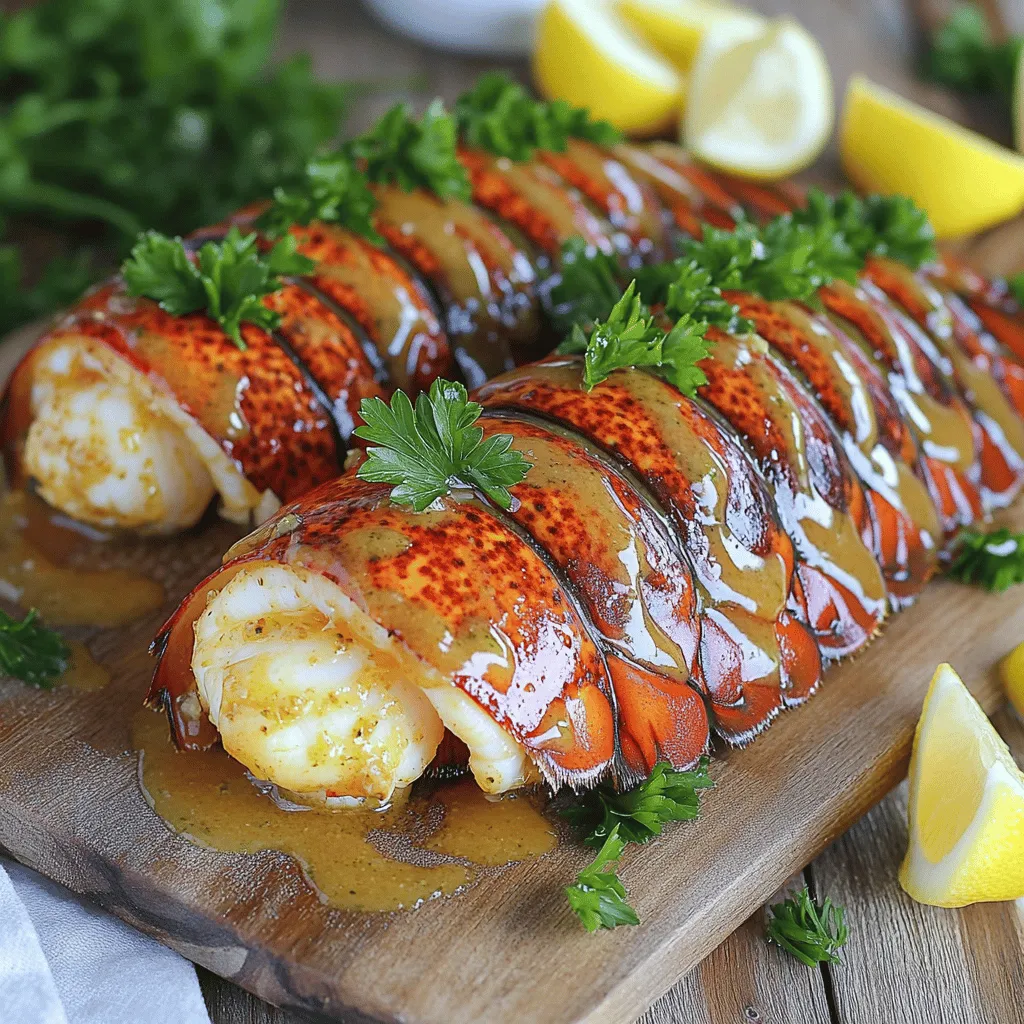 - 2 lobster tails - 4 tablespoons unsalted butter, melted - 4 cloves garlic, minced - 1 tablespoon fresh lemon juice - 1 teaspoon smoked paprika - Salt and pepper to taste - Fresh parsley, chopped for garnish For this garlic butter lobster tails recipe, each ingredient plays a key role. Let's break it down. First, we have the lobster tails. Choose fresh, high-quality lobster for the best taste. The meat is sweet and tender, making it the star of the dish. Next, we need unsalted butter. It adds richness and flavor. I recommend using unsalted butter to control the saltiness in your dish. Garlic is essential for flavor. It brings a strong, aromatic taste that pairs well with lobster. Always use fresh garlic for the best results. Don't forget fresh lemon juice. It adds brightness and cuts through the richness of the butter. Just one tablespoon does the trick. Smoked paprika gives a nice depth to the flavor. It adds a subtle smokiness without being overpowering. A little goes a long way. Salt and pepper are simple but important. They enhance the overall taste of the dish. Adjust to your preference. Finally, fresh parsley is for garnish. It brings a pop of color and freshness. Plus, it makes your dish look beautiful. With these ingredients, you are ready to make a delicious garlic butter lobster tails dish. Each one adds to the overall experience and flavor. 1. Preheating the broiler: Start by turning on your broiler to high. This helps cook the lobster quickly and gives it a nice char. 2. Preparing lobster tails: Grab kitchen scissors. Cut the top of the lobster tails down the center. Stop just before the tail to keep the shell intact. Gently pull the shell apart to show the meat. 3. Making garlic butter mixture: In a bowl, mix the melted butter, minced garlic, lemon juice, smoked paprika, salt, and pepper. Stir well to blend the flavors. 1. Placement and broiling of lobster tails: Place the lobster tails on a baking sheet lined with parchment paper. Set them with the flesh side up. 2. Basting and monitoring doneness: Brush the garlic butter mixture over the lobster meat. Save some for later. Broil the tails for 8-10 minutes. Keep an eye on them. The meat should turn opaque and brown. Halfway through, baste with the reserved butter. 1. Resting the lobster tails: Once cooked, take the lobster tails out of the oven. Let them rest for a few minutes. This helps the juices settle. 2. Garnishing and presentation: Sprinkle chopped fresh parsley over the lobster tails. For a nice touch, serve them on a wooden cutting board with lemon wedges. Drizzle some of the leftover garlic butter for shine. To choose the best lobster tails, look for ones that feel firm. Fresh tails have a slight ocean scent. Avoid any tails with a strong, fishy smell. Check the shells; they should feel hard and not cracked. Size matters too! Larger tails offer more meat. Aim for tails that weigh about 6 to 8 ounces each. This size gives you the perfect balance of taste and texture. Monitoring cooking times is key to great lobster tails. Preheat your broiler on high for best results. Place the lobster tails about 4 to 6 inches away from the heat source. Cook for about 8 to 10 minutes. The meat should turn opaque and slightly browned when done. Baste the tails halfway through for that extra flavor kick. Use a meat thermometer if you have one; the internal temperature should reach 140°F. Want to add more flavor? Try adding a pinch of cayenne pepper for heat. A sprinkle of fresh thyme or dill can also brighten the dish. Lemon zest can give a fresh twist too. If you love a smoky taste, consider using chipotle powder instead of smoked paprika. Experiment with different herbs and spices to make the dish your own! {{image_2}} You can cook lobster tails in different ways. Grilling and broiling are the most popular. - Grilling: This method gives a smoky flavor. It works great for warm days. Just preheat your grill and cook the tails on medium heat. Turn them every few minutes for even cooking. - Broiling: This is my favorite for a quick meal. You get a nice char on top. Broiling cooks the lobster quickly under high heat. It’s easy and perfect for a cozy dinner at home. Both methods produce tender meat, but the flavors differ. Try both to find your favorite. Garlic butter is a classic choice, but you can mix it up: - Herb-Infused Butter: Add fresh herbs like thyme or dill to the butter for extra flavor. - Spicy Garlic Butter: Mix in red pepper flakes for a kick. - Citrus Twist: Add orange zest for a bright taste. Experiment with these ideas to find a garlic butter blend you love. Each variation adds a unique touch to the dish. To make your meal complete, think about side dishes. Here are some great options: - Roasted Vegetables: Carrots, asparagus, or Brussels sprouts complement the rich lobster. - Garlic Bread: This classic pairs well with the garlic butter. - Creamy Risotto: A rich risotto provides a nice contrast to the lobster. These sides enhance your meal, making it a feast for the senses. Enjoy your lobster tails with your favorite sides for a truly memorable dinner. After enjoying your garlic butter lobster tails, store any leftovers right away. Use a tight container to keep them fresh. Glass or plastic containers work well. Make sure to seal them to stop air from getting in. Place the container in the fridge. Leftovers can stay good for up to three days. To reheat lobster tails, use a gentle heat. Preheat your oven to 350°F (175°C). Place the lobster tails in an oven-safe dish. Add a splash of water or leftover garlic butter. Cover the dish with foil. Heat for about 10 minutes or until warm. This method keeps the tails moist and tasty. You can freeze both cooked and uncooked lobster tails. For cooked tails, let them cool completely. Wrap them tightly in plastic wrap and then in foil. Store in the freezer for up to three months. For uncooked tails, place them in a freezer bag. Remove as much air as possible. They can stay fresh for six months in the freezer. Lobster tails take about 8 to 10 minutes to broil. The key is to watch them closely. When the meat turns opaque and gets a light brown color, they are done. If you undercook them, they will be rubbery. Overcooking them makes them dry. Using a meat thermometer can help. Aim for an internal temperature of 140°F. Yes, you can substitute some ingredients. If you want to skip the butter, use olive oil or coconut oil. They will still add flavor but in a different way. For the garlic, you can use garlic powder if you like. It won’t be as fresh, but it will still work. Fresh herbs can also replace parsley for a different taste. Serving lobster tails can be fun. You can place them on a wooden board for a rustic touch. Add lemon wedges for extra color and a fresh taste. Drizzle some of the remaining garlic butter on top for shine. You can also serve them with a side of garlic bread or a light salad. This adds balance to the meal and makes it more enjoyable. Broiling lobster tails is a great way to enjoy this tasty dish. We covered key steps, like preparing the tails and making garlic butter. Tips on selecting fresh lobster and cooking methods help ensure perfect results. Remember to personalize flavors and choose sides that match well. Lastly, storing leftovers properly can save your meal for later. You now have all the tools to make delicious broiled lobster tails! Enjoy your cooking and savor every bite.