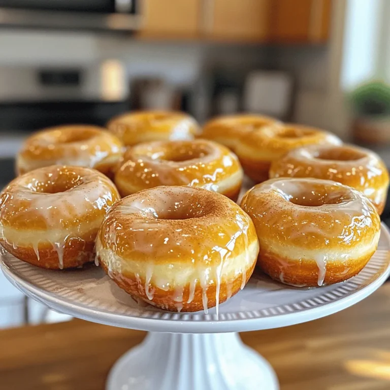 To make these donuts, you need a few key items. Here is what you will need: - 2 cups all-purpose flour - 1 cup granulated sugar - 2 teaspoons baking powder - 1/2 teaspoon baking soda - 1/2 teaspoon salt - 1 teaspoon ground cinnamon - 1/2 teaspoon nutmeg - 2 large eggs - 3/4 cup buttermilk - 1/4 cup unsalted butter, melted - 1 teaspoon vanilla extract - 1 cup powdered sugar (for glaze) - 3 tablespoons maple syrup - 1/2 teaspoon ground cinnamon (for glaze) These ingredients work together to create soft, flavorful donuts. Each item adds something special to the mix. Besides the ingredients above, gather a few kitchen tools: - Donut pan - Mixing bowls - Whisk - Piping bag or zip-top bag - Wire rack These tools help you prepare and bake the donuts easily. Having them ready makes the process smoother. You might not have every ingredient on hand. Here are some easy swaps: - All-purpose flour: Use whole wheat flour for a nutty taste. - Granulated sugar: Brown sugar adds a deeper flavor. - Buttermilk: Mix milk with a splash of vinegar or lemon juice. - Unsalted butter: Coconut oil or vegetable oil works well. These substitutes keep your donuts tasty, even if you are out of some items. Feel free to mix and match! Start by preheating your oven to 350°F (175°C). Grease your donut pan with non-stick spray. In a large bowl, mix the dry ingredients: 2 cups of all-purpose flour, 1 cup of granulated sugar, 2 teaspoons of baking powder, 1/2 teaspoon of baking soda, 1/2 teaspoon of salt, 1 teaspoon of ground cinnamon, and 1/2 teaspoon of nutmeg. Whisk them until well combined. In another bowl, beat 2 large eggs with 3/4 cup of buttermilk, 1/4 cup of melted, unsalted butter, and 1 teaspoon of vanilla extract. Mix until smooth. Pour the wet ingredients into the dry mix. Stir gently until just combined. Be careful not to overmix; lumps are okay. Now, use a piping bag or a zip-top bag with a cut corner. Fill each donut cavity about 3/4 full with batter. Place the pan in the oven and bake for 10-12 minutes. To check if they are done, insert a toothpick into the center. It should come out clean. After baking, let the donuts cool in the pan for about 5 minutes. Then, transfer them to a wire rack to cool completely. While the donuts cool, you can make the glaze. In a bowl, whisk together 1 cup of powdered sugar, 3 tablespoons of maple syrup, and 1/2 teaspoon of ground cinnamon. Mix until the glaze is smooth. If it is too thick, add more maple syrup. If too thin, add more powdered sugar. Once the donuts are cool, dip the tops into the glaze. Allow any excess glaze to drip off. For a fun touch, sprinkle a pinch of ground cinnamon on top of the glaze before it sets. Enjoy your sweet creation! To get the best donut texture, start with fresh ingredients. Use room temperature eggs and buttermilk. This helps the batter mix well. Mix the dry and wet ingredients until just combined. Overmixing makes your donuts tough. Fill the donut pan only three-quarters full. This allows room for rising. For the perfect glaze, whisk together powdered sugar, maple syrup, and cinnamon. Start with the listed amounts. If the glaze is too thick, add more maple syrup. If it’s too thin, add more powdered sugar. The glaze should coat the donuts but not drip off too much. Dip the tops quickly for a nice finish. Serve your donuts on a tiered cake stand for a fun look. Dust with extra cinnamon for charm. You can also add chopped nuts or sprinkles for texture. Pair the donuts with coffee or tea to enhance the experience. Enjoy sharing these delightful treats with friends and family! {{image_2}} You can switch up the flavor in your donuts easily. For a fruity twist, add mashed bananas or applesauce to your batter. These fruits add natural sweetness and moisture. Another option is to mix in some cocoa powder for a chocolatey delight. Just replace a bit of flour with cocoa powder. You can also try flavors like lemon zest or almond extract. Each change makes a unique donut. While maple cinnamon glaze is amazing, you have other choices. A simple vanilla glaze is easy to make. Just mix powdered sugar with milk and vanilla. For a chocolate glaze, melt dark chocolate and mix with a little butter. You can also add citrus zest to your glaze for a fresh taste. Try mixing maple syrup with honey for a different sweet flavor. Baking donuts is quick and easy. They are lighter and less oily. You get a soft texture and a nice rise. Frying gives you a rich, crispy exterior. Fried donuts are denser and have a classic taste. Both methods are tasty, so choose based on your mood. If you want a healthier option, baking is the way to go. If you crave a treat, frying is a fun choice! To keep your maple cinnamon glazed donuts fresh, store them in an airtight container. You can place parchment paper between layers to avoid sticking. This helps maintain their soft texture. Store them at room temperature for up to two days. If you want them to last longer, refrigeration is an option. Just remember, cold storage may change their texture slightly. If you want to freeze your donuts, first let them cool completely. Wrap each donut tightly in plastic wrap. Then, place them in a freezer bag or container. Make sure to remove as much air as possible. This method keeps the donuts fresh for up to three months. When you're ready to enjoy them, simply thaw them overnight in the fridge. To reheat your donuts, preheat your oven to 350°F (175°C). Place the donuts on a baking sheet for about 5-7 minutes. This warms them up and restores some of their original texture. If you prefer, you can use a microwave. Heat each donut for about 10-15 seconds. Just be careful not to overheat them, or they can become tough. Enjoy your delicious treats! To make these donuts vegan, you can swap the eggs for flaxseed meal. Mix one tablespoon of flaxseed meal with three tablespoons of water. Let it sit for a few minutes to thicken. Use a plant-based milk instead of buttermilk, like almond or soy milk. For the butter, choose a dairy-free version. This way, you keep the great flavor without any animal products. Yes, you can use different types of flour! If you want to go gluten-free, try almond flour or a gluten-free blend. These flours may change the texture slightly, but the taste will still be yummy. You can also use whole wheat flour for a healthier option. Just know that whole wheat flour will make the donuts denser. You can find Maple Cinnamon Glazed Donuts at many bakeries and coffee shops. Check local places first. If you want a quick fix, some grocery stores sell pre-made versions. But if you want the best taste, I suggest making them at home! It’s simple and fun, plus you can enjoy them fresh from the oven. Making Maple Cinnamon Glazed Donuts is simple and fun. We covered key ingredients, step-by-step baking, and creative decorating tips. Remember, you can swap ingredients and try new flavors. Storing and reheating leftovers is easy, so enjoy them later! With this guide, you have all you need to make delicious donuts at home. Get ready to impress your friends and family with these tasty treats! Happy baking!