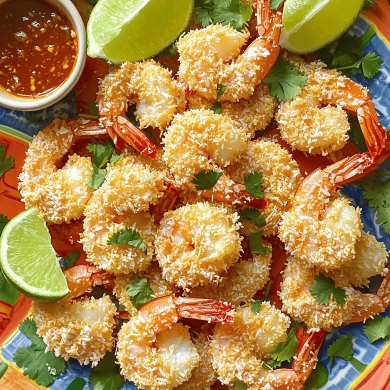 - 1 pound large shrimp, peeled and deveined - 1 cup shredded coconut (preferably unsweetened) - 1/2 cup panko breadcrumbs - 1/2 cup all-purpose flour - 2 large eggs - 1 teaspoon garlic powder - 1 teaspoon paprika - Salt and pepper to taste - 1/4 teaspoon cayenne pepper (optional for extra heat) - Cooking spray or oil for misting Gathering the right ingredients is key. Start with fresh, large shrimp that are peeled and deveined. This saves you time and makes cooking easier. Unsweetened shredded coconut gives the shrimp a great texture and flavor. Use panko breadcrumbs for a crunchier coating. Regular breadcrumbs won’t give you the same crispy bite. All-purpose flour works well to help the egg stick. Garlic powder and paprika add flavor. Adjust salt, pepper, and cayenne to suit your taste. Finally, you need cooking spray or oil for misting. This helps the shrimp become nice and crispy in the air fryer. - Preheat the air fryer to 400°F (200°C). This helps cook the shrimp evenly. - In a shallow bowl, combine the flour, garlic powder, paprika, salt, pepper, and cayenne pepper. Mix well until combined. This flour mixture adds flavor and helps the coating stick. - Take each shrimp and coat it in the flour mixture. Shake off any extra flour. - Next, dip the shrimp into the beaten eggs. Make sure each shrimp is fully coated. This step is key for a good crunch. - Finally, press the shrimp into the coconut and panko mixture. Cover each shrimp completely for a nice, crispy layer. - Arrange the coated shrimp in a single layer in the air fryer basket. Make sure they do not touch for even cooking. - Mist them lightly with cooking spray. This adds extra crispiness to each shrimp. - Air fry the shrimp at 400°F (200°C) for 8-10 minutes. Flip them halfway through cooking. They should look golden brown and crispy when done. - Use unsweetened coconut for authentic flavor. This gives your shrimp a true tropical taste. - Mist shrimp lightly with oil for extra crispiness. A quick spray helps create that golden crunch. - Pair with sweet chili sauce or a homemade dip. The sweetness complements the shrimp well. - Garnish with lime slices and fresh herbs. This adds color and a burst of fresh flavor. - Overcrowding the air fryer basket. This leads to uneven cooking and less crispiness. - Skipping the egg wash step. This helps the coatings stick, making your shrimp deliciously crunchy. {{image_2}} You can make this dish spicier by adding more cayenne pepper. Start with a pinch and taste. If you want more heat, slowly add more until you find the right level for you. This gives the shrimp a nice kick without overpowering the coconut flavor. If you prefer baking, you can easily adapt this recipe. Preheat your oven to 425°F (220°C). Place the coated shrimp on a baking sheet lined with parchment paper. Bake for about 12-15 minutes. Flip the shrimp halfway through to ensure they cook evenly. You want them golden and crispy. Don't be afraid to experiment with flavors! Adding lime zest can brighten up the dish. A little fresh ginger in the coating adds a nice twist, too. You can also try spices like curry powder for a unique taste. Mix and match to find your favorite flavor combo! Store your crispy coconut shrimp in airtight containers. This keeps them fresh. Place them in the fridge for up to three days. Make sure they are cooled first. This helps avoid steaming and sogginess. The best way to reheat coconut shrimp is in the air fryer. Set it to 350°F (180°C). Heat for about 5 minutes or until warm. This keeps them crispy. Avoid the microwave as it can make them soft and soggy. If you must use a microwave, heat in short bursts. Check often to prevent overcooking. You can freeze both uncooked and cooked coconut shrimp. For uncooked shrimp, place them on a baking sheet. Freeze until solid, then store in a freezer bag. This keeps them from clumping together. For cooked shrimp, let them cool first. Wrap them tightly in plastic wrap or foil. Place in a freezer-safe bag. They can last up to three months in the freezer. To keep your coconut shrimp crispy, follow these tips: - Use fresh shrimp: Fresh shrimp holds moisture better. - Coat well: Make sure to coat each shrimp evenly. This helps create a barrier. - Air fry in a single layer: Overcrowding leads to steaming. Keep space between shrimp. - Mist with oil: Lightly spray shrimp with cooking spray before air frying. This adds extra crisp. - Serve right away: Enjoy shrimp fresh for maximum crunch. If you need to store them, keep in a single layer. Yes, you can use frozen shrimp! Here are some best practices: - Thaw first: Defrost shrimp in the fridge or under cold running water. - Pat dry: Remove excess moisture with a paper towel before coating. This helps the breading stick. - Adjust cooking time: Frozen shrimp may need a minute or two longer in the air fryer. Coconut shrimp pairs well with many sides. Here are some great ideas: - Sweet chili sauce: A tasty dip that complements the shrimp. - Rice: Serve over coconut or jasmine rice for a filling meal. - Salad: A fresh green salad adds a nice crunch. - Coleslaw: The creaminess of coleslaw balances the crispy shrimp. - Vegetable skewers: Grilled veggies make a colorful and healthy side. This article covered how to make coconut shrimp in the air fryer. We shared essential ingredients, tools, and step-by-step guidance. You learned tips for crispiness and ways to serve. Don't forget the variations to make the dish your own. Proper storage and reheating help keep leftovers fresh. With these insights, you can enjoy a delicious meal anytime. Dive into this tasty recipe and impress your friends and family!