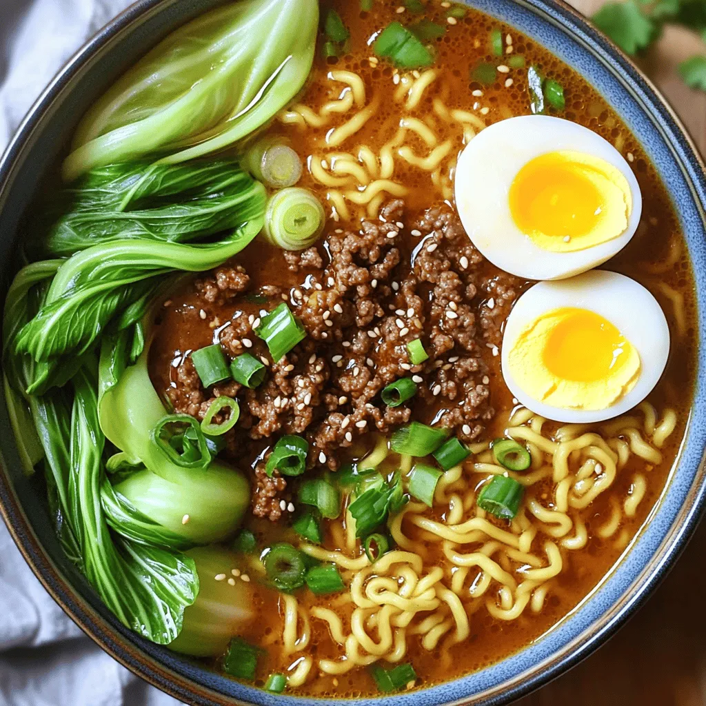 To make a tasty Spicy Beef Ramen Bowl, you need the following main ingredients: - 200g ramen noodles - 250g ground beef - 1 tablespoon vegetable oil - 1 small onion, diced - 2 cloves garlic, minced - 1 inch ginger, grated - 2 cups beef broth - 2 tablespoons soy sauce - 1 tablespoon chili paste (adjust for heat preference) - 1 teaspoon sesame oil - 1 cup bok choy, chopped - 1 cup shiitake mushrooms, sliced These ingredients create a rich broth and flavorful beef mix. You can add toppings to make your bowl special. Here are some tasty options: - 2 soft-boiled eggs (optional) - Sliced green onions - Sesame seeds These toppings add extra texture and flavor to your ramen. To finish your bowl, consider these garnishes: - Fresh cilantro - Lime wedges - Chili flakes These garnishes enhance the dish and give it a fresh taste. Enjoy experimenting with different combinations! Cook the ramen noodles as the package says. Usually, this takes about 3-4 minutes. Stir the noodles gently while cooking to prevent them from sticking. Once ready, drain them in a colander and set them aside. Make sure to keep them warm. This will help them soak up the spicy broth later. In a large pot, heat 1 tablespoon of vegetable oil over medium heat. Add the diced onion and sauté it until it looks clear, about 3-4 minutes. Next, stir in 2 cloves of minced garlic and 1 inch of grated ginger. Cook these for about a minute until you smell the great aroma. Increase the heat to medium-high and add 250g of ground beef. Break it up with a spoon and cook until it turns brown, about 5-7 minutes. Pour in 2 cups of beef broth, 2 tablespoons of soy sauce, 1 tablespoon of chili paste, and 1 teaspoon of sesame oil. Mix everything well and let it simmer gently. Add 1 cup of chopped bok choy and 1 cup of sliced shiitake mushrooms. Cook for 3-4 minutes until the veggies are tender but still bright. Grab your bowls and divide the cooked ramen noodles between them. Ladle the spicy beef broth over the noodles, making sure to include the tasty beef and veggies. Top each bowl with sliced green onions and a halved soft-boiled egg if you like. Don’t forget to sprinkle some sesame seeds on top for added crunch. Enjoy your delicious spicy beef ramen bowls! To make soft-boiled eggs, start by bringing a pot of water to a boil. Gently add the eggs and cook for exactly six to seven minutes. This time gives you a nice, runny yolk. After cooking, transfer the eggs to an ice bath for a few minutes. This will stop the cooking and make peeling easier. When you’re ready to serve, tap the egg gently and peel away the shell. If you want more heat, add more chili paste to the broth. Start with one tablespoon and taste. You can always add more, but you cannot take it out! For less heat, use less chili paste. You can also add a little sugar to balance the heat. Remember to taste as you go! When cooking ramen noodles, follow the package instructions. They usually take around three to four minutes. Avoid overcooking them, as they can become mushy. Drain the noodles and rinse them briefly under cold water to stop the cooking. This keeps them firm and ready for your spicy broth. Don’t forget to toss them in a little sesame oil to keep them from sticking. {{image_2}} You can easily make this dish meatless. Swap the ground beef for tofu or tempeh. Both options soak up flavors well. Use the same spices and broth. Mushrooms add that umami taste. Don't forget to add more veggies, like bell peppers or carrots. They bring color and crunch. If you want to try other meats, go for ground chicken or pork. Both will work great in this recipe. Shredded beef or even sliced steak make a hearty choice. Adjust the cooking time based on the meat you pick. This way, you can enjoy different flavors every time. Get creative with your ramen! Try adding miso paste for depth. A splash of lime juice can brighten the broth. You can also toss in some fresh herbs, like cilantro or basil. For a bit of crunch, add roasted peanuts or cashews. Each option brings a new twist to this dish. Enjoy experimenting! To store leftover ramen, let it cool to room temperature. Place the noodles and broth in separate airtight containers. This keeps the noodles from getting soggy. Store the containers in the fridge for up to three days. You can also keep toppings like green onions and soft-boiled eggs in separate containers. To reheat your ramen, first take it out of the fridge. If you stored the noodles and broth separately, heat the broth in a pot over medium heat. Once hot, add the noodles and let them warm up for a minute. Stir gently to combine. For toppings, simply heat them in the microwave for 30 seconds or until warm. You can freeze the spicy beef ramen broth for later use. Pour the cooled broth into a freezer-safe container. Make sure to leave some space at the top, as liquids expand when frozen. Seal the container tightly and label it with the date. The broth can last in the freezer for up to three months. When you’re ready to use it, thaw it in the fridge overnight. Heat it on the stove before serving. Yes, you can use instant ramen noodles. They cook fast and save time. Just follow the package instructions for cooking. Instant noodles work well with the spicy beef broth. They soak up the flavors nicely. Remember, they may be softer than regular ramen noodles. Adjust cooking time to keep them firm. Ground beef is perfect for this recipe. It cooks quickly and adds great flavor. You can also use thinly sliced beef. Cuts like sirloin or flank steak work well. Just remember to cook it fast to keep it tender. The key is to use fresh beef for the best taste. To make it less spicy, reduce the chili paste. Start with half a tablespoon and taste the broth. You can also add more beef broth to dilute the heat. Adding more vegetables like bok choy can help, too. Keep the flavors balanced while making it kid-friendly. Spicy beef ramen bowls combine rich flavors with simple steps. You learned how to make a tasty broth and prepare delicious toppings. Tips for eggs and spices help you customize your dish. Vegetarians can enjoy their own version too. Storing leftovers properly keeps your meals fresh. Remember, this recipe is flexible; you can play with ingredients. Enjoy crafting your ramen bowl, making it just right for you!