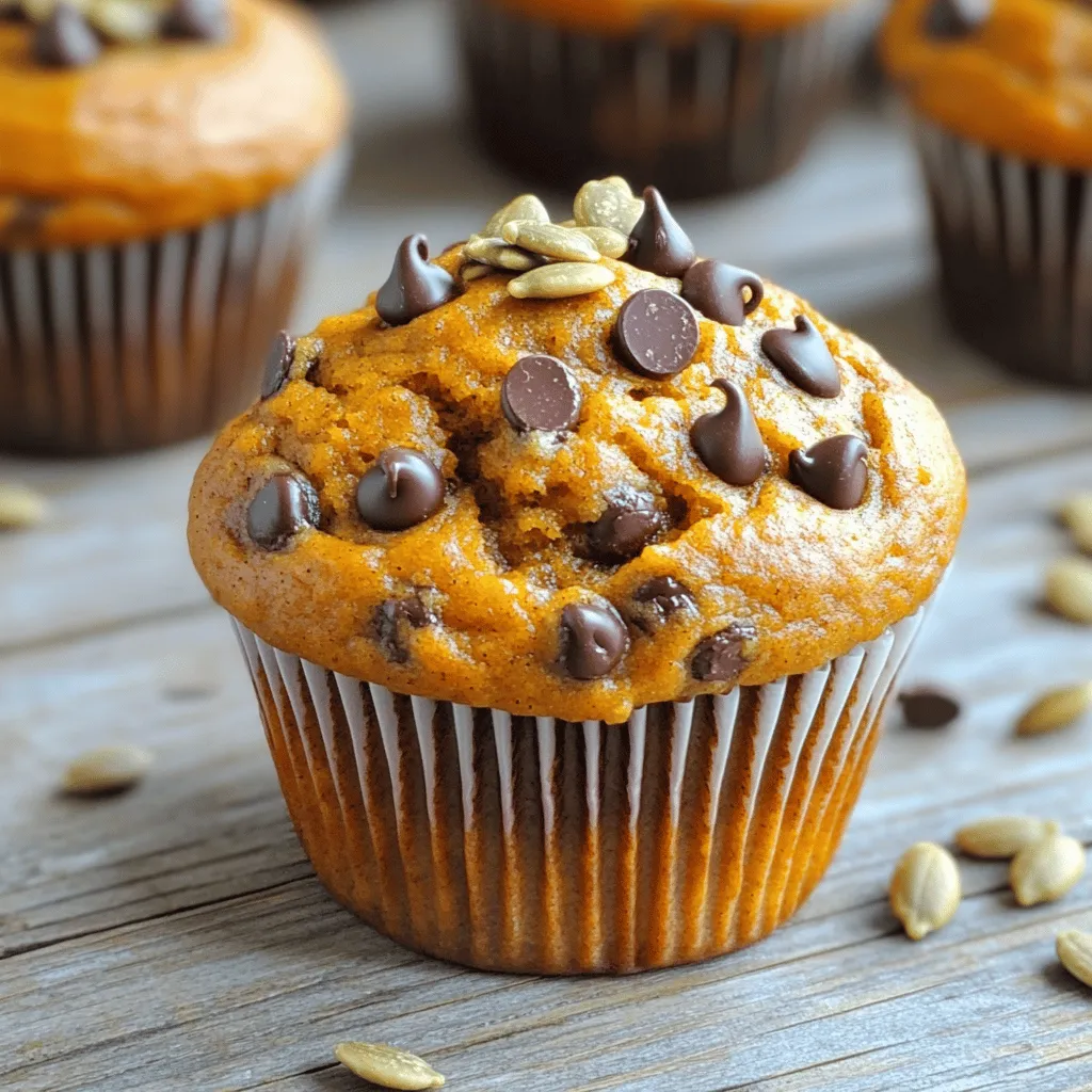 To make delicious chocolate chip pumpkin muffins, gather these simple ingredients: - 1 cup canned pumpkin puree - 1/2 cup brown sugar - 1/2 cup granulated sugar - 1/3 cup vegetable oil - 2 large eggs - 1 teaspoon vanilla extract - 1 1/2 cups all-purpose flour - 1 teaspoon baking powder - 1 teaspoon baking soda - 1 teaspoon ground cinnamon - 1/2 teaspoon ground nutmeg - 1/4 teaspoon ground ginger - 1/2 teaspoon salt - 1 cup chocolate chips (semisweet or dark) - Optional: Pumpkin seeds for topping These ingredients come together to create a warm, inviting treat. The pumpkin puree adds moisture and flavor. The sugars provide a sweet balance, while the spices bring that classic fall taste. The chocolate chips melt into gooey pockets of delight. Before you start baking, make sure you have the right tools: - Mixing bowls - Muffin tin and liners - Measuring cups and spoons - Whisk and spatula Having these items ready helps the process go smoothly. You’ll mix, measure, and scoop with ease. Enjoy the fun of creating these muffins! - Preheat oven to 350°F (175°C). - Prepare muffin tin by lining it with paper liners or greasing it. - In a large bowl, combine the wet ingredients: pumpkin puree, brown sugar, and granulated sugar. - Add vegetable oil, eggs, and vanilla extract. Mix until smooth. - In another bowl, whisk the dry ingredients: flour, baking powder, baking soda, cinnamon, nutmeg, ginger, and salt. - Gradually fold the dry mix into the wet ingredients. - Be gentle; a few lumps are okay. - Next, fold in the chocolate chips until they spread evenly. - Scoop the batter into the muffin tin, filling each cup two-thirds full. - For a crunch, sprinkle pumpkin seeds on top if you like. - Bake in the preheated oven for 18-22 minutes. - Check doneness by inserting a toothpick in the center. It should come out clean. - After baking, cool the muffins in the tin for 5 minutes. - Then, transfer them to a wire rack to cool completely. How to avoid overmixing To keep your muffins light, mix just until combined. Stir the dry ingredients into the wet mix gently. A few lumps are okay. Overmixing can lead to dense muffins. Signs of perfectly baked muffins Look for a golden brown top. Insert a toothpick in the center. It should come out clean. If it has wet batter, bake a few more minutes. Let them cool slightly before removing from the tin. Alternatives for sugar and oil You can use honey or maple syrup instead of sugar. For oil, try applesauce or melted coconut oil. Both options will keep your muffins moist and sweet. Options for gluten-free muffins If you want gluten-free muffins, swap all-purpose flour with a gluten-free blend. Make sure it has xanthan gum for the right texture. Adding spices or citrus zest Consider adding a pinch of cloves or allspice for depth. You can also add lemon or orange zest for a fresh twist. These flavors brighten the pumpkin. Using different types of chocolate Try dark chocolate chips for a richer taste. Or, use white chocolate for a sweeter profile. Each type brings a unique flavor to your muffins. {{image_2}} You can take your Chocolate Chip Pumpkin Muffins to the next level with fun flavors. - Chocolate Chip Pumpkin Spice Muffins: Add 1/2 teaspoon of allspice or extra cinnamon to the batter. This gives the muffins a warm, cozy taste. - Maple Glazed Pumpkin Muffins: After baking, drizzle a simple maple glaze over each muffin. Mix powdered sugar with a little maple syrup until smooth. It adds a sweet touch. You can adapt these muffins for different diets. - Vegan Pumpkin Muffins: Replace eggs with 1/2 cup of unsweetened applesauce. Use a plant-based oil and ensure your chocolate chips are dairy-free. - Low-sugar or sugar-free adaptations: Swap the brown and granulated sugar for a sugar substitute like erythritol. This lets you enjoy muffins with fewer calories. Adding extras can make your muffins even better. - Nuts, seeds, or dried fruit: Fold in 1/2 cup of chopped walnuts or pecans for crunch. You can also add dried cranberries or raisins for a fruity twist. - Cream cheese filling option: For a surprise, place a teaspoon of cream cheese in the center of each muffin before baking. It adds a rich, creamy taste that pairs well with pumpkin. To keep your chocolate chip pumpkin muffins fresh, store them in an airtight container. This will keep them moist and tasty. You can keep them at room temperature for about three days. If you want to enjoy them longer, consider freezing them. For long-term storage, freezing muffins works great. Place them in a freezer-safe bag and remove as much air as possible. Muffins will stay fresh for up to three months in the freezer. To thaw, simply leave them at room temperature for a few hours or microwave them for about 20 seconds. When reheating, the oven is my favorite method. Preheat your oven to 350°F (175°C) and heat muffins for about 10 minutes. This keeps them soft and warm. If you use the microwave, heat them for just 10-15 seconds. Be careful not to overheat, as this can make them rubbery. Chocolate Chip Pumpkin Muffins last about 3 to 5 days at room temperature. Store them in an airtight container to keep them fresh. If you want them to last longer, you can freeze them. They will stay good in the freezer for up to 3 months. Yes, you can use fresh pumpkin. To do this, you need to roast or steam the pumpkin first. Then, blend it until smooth. This gives your muffins a fresh taste. Just make sure to measure the same amount as in the recipe. To help your muffins rise, make sure your baking powder and baking soda are fresh. Check the expiration date before using them. Also, don’t overmix the batter. Mix just until the dry ingredients are combined. This keeps the muffins light and fluffy. Yes, you can make the batter in advance. Just store it in the fridge for up to 24 hours. When ready, scoop it into the muffin tin and bake. You can also bake the muffins ahead of time and store them. Just keep them in an airtight container. Semisweet chocolate chips are a great choice for these muffins. They melt nicely and add a sweet touch. Dark chocolate chips also work well if you prefer a richer flavor. You can mix both types for a fun twist. In this post, we explored how to make delicious Chocolate Chip Pumpkin Muffins. We discussed the key ingredients, preparation steps, and handy baking tips. I shared some fun variations and storage tips to keep your muffins fresh. These muffins are not only tasty but also versatile. You can make them vegan or add your favorite extras. Enjoy baking these treats and share them with family and friends! You won’t be disappointed with the results.
