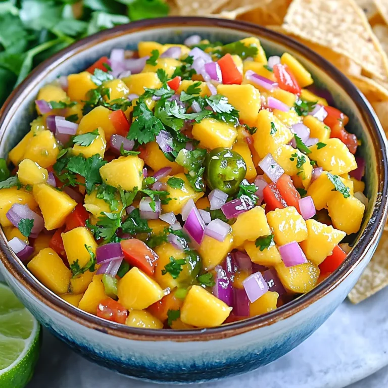 To make Spicy Mango Salsa, you need fresh and vibrant ingredients. Here’s what you’ll use: - 2 ripe mangos, diced - 1 small red onion, finely chopped - 1 red bell pepper, diced - 1 jalapeño, deseeded and minced - 1/4 cup fresh cilantro, chopped - Juice of 2 limes - 1 tablespoon honey (or agave syrup for a vegan option) - Salt and pepper to taste Each ingredient plays a big role in the flavor. The mangos bring sweetness, while the jalapeño gives heat. The lime juice adds brightness, making it refreshing. Use ripe mangos for sweetness and a soft bite. Aim for small, evenly sized pieces. The red onion and bell pepper should be diced small for even mixing. The jalapeño needs to be minced to spread the heat throughout the salsa. Measure the lime juice to add just the right tang. One tablespoon of honey balances the heat and lime. Salt and pepper are to taste, so adjust these to fit your preference. Feel free to add your twist! Here are some ideas: - Add diced avocado for creaminess. - Toss in chopped tomatoes for extra color. - Use different peppers for unique flavors. - Substitute honey with maple syrup for a vegan touch. These options let you personalize your salsa. Experiment with flavors and find what you love! First, gather your fresh ingredients. You need two ripe mangos, one small red onion, and one red bell pepper. Grab one jalapeño, fresh cilantro, and two limes. A tablespoon of honey adds a touch of sweetness. Don’t forget salt and pepper for seasoning. Start by dicing the mangos into small cubes. Make sure they are ripe for the best flavor. Next, finely chop the small red onion. Dice the red bell pepper into small pieces, too. For the jalapeño, remove the seeds and mince it finely. This step helps control the heat in your salsa. Chop the fresh cilantro and set it aside. In a large mixing bowl, combine the diced mangos, red onion, red bell pepper, and minced jalapeño. The colors will brighten your dish. Add the chopped cilantro and juice from your limes. Drizzle the honey over the mixture next. Now, stir gently to combine everything. You want to mix without squishing the mangos. Taste your salsa and add salt and pepper as needed. Adjust the flavors until it suits your liking. Once mixed, let your salsa sit for at least 15-20 minutes. This time allows the flavors to blend well. You can also refrigerate it for a few hours if you want to make it ahead. The longer it sits, the more vibrant the taste becomes. Enjoy your fresh, spicy mango salsa! To get the spice just right, taste as you go. Start with a little jalapeño. You can always add more if you like heat. If the salsa gets too hot, balance it with more mango. A touch of honey can also help tone it down. Pick ripe mangos for the best flavor. Look for fruit that gives slightly when pressed. A sweet smell near the stem is a good sign. Try different types like Haden or Tommy Atkins for unique tastes. Serve your salsa in a bright bowl to catch the eye. A sprinkle of cilantro on top adds a nice touch. Pair it with colorful tortilla chips for a fun snack. You can also use it on grilled chicken or fish for a tasty twist. {{image_2}} You can mix different fruits into your salsa. Try adding diced pineapple or papaya. These fruits add more sweetness and a fun twist. Consider using kiwi for a tangy flair. Just chop them up and toss them in. This keeps your salsa fresh and lively. Each fruit brings its own taste. Experiment to find your favorite blend. If you love spice, amp up the heat! Try adding more jalapeño or even a serrano pepper. You can also use a dash of cayenne pepper. Start small and taste as you go. You want the spice to enhance the salsa, not overpower it. Adding heat makes your salsa exciting and bold. Not everyone loves honey. If you want a different sweetener, use agave syrup or maple syrup. Each option has a distinct flavor but works well. If you prefer no sweeteners, skip it altogether. The mango's natural sweetness is often enough. Adjust according to your taste buds and enjoy! To keep your spicy mango salsa fresh, store it in an airtight container. Glass jars work well. Make sure to press out any air before sealing. This helps keep flavors strong and bright. If you have leftover salsa, chill it in the fridge right away. It will taste great for a few days. You won’t need to reheat this salsa. It’s best served cold or at room temperature. If you want it warmer, let it sit out for about 10 minutes before serving. This allows the flavors to come alive without cooking them. The salsa lasts up to five days in the fridge. After that, it may lose its fresh taste. You can freeze it, but texture may change. To freeze, place it in a freezer-safe container. Use it within three months for the best flavor. When ready, thaw it in the fridge overnight before serving. Yes, you can make this salsa ahead of time. It tastes even better after sitting. Let it rest for at least 15-20 minutes to mix the flavors. You can also refrigerate it for a few hours. Just remember to give it a gentle stir before serving. The longer it sits, the more the flavors blend. Spicy Mango Salsa is very versatile. Here are some great ideas: - Tortilla chips for dipping - Grilled chicken for a fresh topping - Fish tacos for added flavor - Tacos or burritos for a fun twist - A side for grilled meats You can also use it as a topping for salads or rice dishes. Its sweet and spicy notes pair well with many foods. To make a milder version, you can skip the jalapeño. If you want a little heat, use just half. Another option is to add diced bell pepper or cucumber. These add crunch without spice. You can also add more mango to balance the heat. Adjust the other flavors as you like. Enjoy your mild salsa! This blog post covered many key aspects of making delicious salsa. We discussed fresh ingredients, how to prepare them, and ways to mix the salsa. I also shared tips for managing spice levels and creative variations to try. Finally, we talked about storage tips and answered common questions. Homemade salsa adds flavor to meals and fits many taste preferences. Enjoy making your own unique recipes!