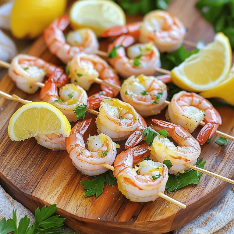 For lemon garlic shrimp skewers, you need the following main items: - 1 pound large shrimp, peeled and deveined - Wooden or metal skewers The marinade gives the shrimp its bright flavor. You will need: - 3 tablespoons olive oil - 3 tablespoons fresh lemon juice - Zest of 1 lemon - 4 cloves garlic, minced - 1 teaspoon smoked paprika - 1 teaspoon dried oregano - Salt and pepper to taste Garnishes add a fresh touch. Consider these options: - Fresh parsley, chopped - Additional lemon wedges If you use wooden skewers, soak them in water for 30 minutes. This step helps stop them from burning on the grill. If you use metal skewers, you can skip this step. Make sure your skewers are clean and dry before you start. In a medium bowl, whisk together these ingredients: - 3 tablespoons olive oil - 3 tablespoons fresh lemon juice - Zest of 1 lemon - 4 cloves garlic, minced - 1 teaspoon smoked paprika - 1 teaspoon dried oregano - Salt and pepper to taste Mix them well until everything blends nicely. The lemon juice and garlic give a bright and fresh flavor to the shrimp. Add 1 pound of large shrimp, peeled and deveined, into the bowl with the marinade. Toss the shrimp gently until they are fully coated. Allow the shrimp to marinate for 15-20 minutes at room temperature. Do not let them sit for more than 30 minutes, as the acid from the lemon juice can change the shrimp’s texture. Preheat your grill or grill pan to medium-high heat. Ensure the grates are clean and lightly oiled if you use a grill. Thread the marinated shrimp onto the skewers, aiming for 4-5 shrimp per skewer. Space them evenly for cooking. Place the skewers on the grill and cook for 2-3 minutes per side. Look for the shrimp to turn pink and opaque. Avoid overcooking, or they will turn tough. Once done, remove the skewers from the grill and let them rest for a minute. Garnish with chopped fresh parsley and lemon wedges if you like. Enjoy your tasty treat! To make a great marinade, use fresh ingredients. I blend olive oil, lemon juice, and zest. Then, I add minced garlic, smoked paprika, and oregano. This mix gives the shrimp a bright flavor. Make sure to season with salt and pepper. Let the shrimp soak in this mix for 15 to 20 minutes. If you marinate too long, the shrimp can get mushy. When skewering shrimp, use either wooden or metal skewers. If using wooden skewers, soak them in water for 30 minutes. This step stops them from burning on the grill. Thread 4 to 5 shrimp on each skewer. Make sure to leave space between each shrimp. This helps them cook evenly and get that nice char. For cooking, heat your grill to medium-high. Cook the skewers for about 2 to 3 minutes on each side. You want the shrimp to turn pink and opaque. Be careful not to overcook them; this makes them tough. Once done, let the skewers rest for a minute. This allows the juices to settle in and makes them more tasty. {{image_2}} To add heat, mix in some red pepper flakes. Just one teaspoon can change the dish. You can also use hot sauce in the marinade. This gives your shrimp a nice kick. Adjust the spice level to fit your taste. If you love spicy food, this is the way to go! Add colorful vegetables to your skewers. Bell peppers, zucchini, and cherry tomatoes work well. Cut them into bite-sized pieces. Toss them in the same marinade as the shrimp. This makes for a fun, healthy meal. The veggies soak up the lemon and garlic flavor. Grilling them with the shrimp adds a nice char. For a sweet twist, include pineapple or mango. Cut the fruit into chunks and add them to the skewers. The sweetness balances the garlic and lemon. The fruit caramelizes on the grill and enhances the flavors. This mix gives you a tropical vibe. Enjoy it at your next cookout for something fresh and unique! After you enjoy your lemon garlic shrimp skewers, store any leftovers in the fridge. Place them in an airtight container. They will stay fresh for up to two days. Make sure they cool down before sealing. This helps keep the flavors intact. To reheat your skewers, use a skillet over medium heat. Add a little olive oil to the pan. Cook the skewers for about 2-3 minutes on each side. This will warm them up without drying them out. You can also use a microwave, but this may make the shrimp chewy. Heat them in short bursts, around 30 seconds, checking often. If you want to save some skewers for later, freezing is an option. Wrap each skewer in plastic wrap. Then, place them in a freezer bag. They will keep well for up to three months. When you’re ready to eat, thaw in the fridge overnight before reheating. This method helps maintain the shrimp's texture and flavor. I recommend using large shrimp for skewers. They hold up well on the grill. Look for shrimp that are peeled and deveined. This saves time and makes cooking easier. Fresh or frozen shrimp works great. Just make sure to thaw them before cooking. Yes, you can bake these skewers! Preheat your oven to 400°F (200°C). Place the skewers on a baking sheet. Bake for about 8-10 minutes. Flip them halfway through for even cooking. The shrimp should be pink and opaque when done. I suggest marinating the shrimp for 15 to 20 minutes. This allows the flavors to soak in. Avoid marinating for more than 30 minutes. The shrimp can become mushy if left too long in the marinade. Shrimp skewers pair well with many sides. Here are a few ideas: - Fresh green salad - Steamed rice - Grilled vegetables - Quinoa salad - Garlic bread These sides complement the lemon and garlic flavors nicely. Enjoy your meal! In this article, we explored the key ingredients and instructions for making shrimp skewers. We covered the main ingredients, prep steps, and grilling tips to help you succeed. Don't forget the variations like spicy options and fruit additions. Storing and reheating tips can keep your dish fresh. Remember, cooking is all about experimenting. Have fun and enjoy your shrimp skewers!