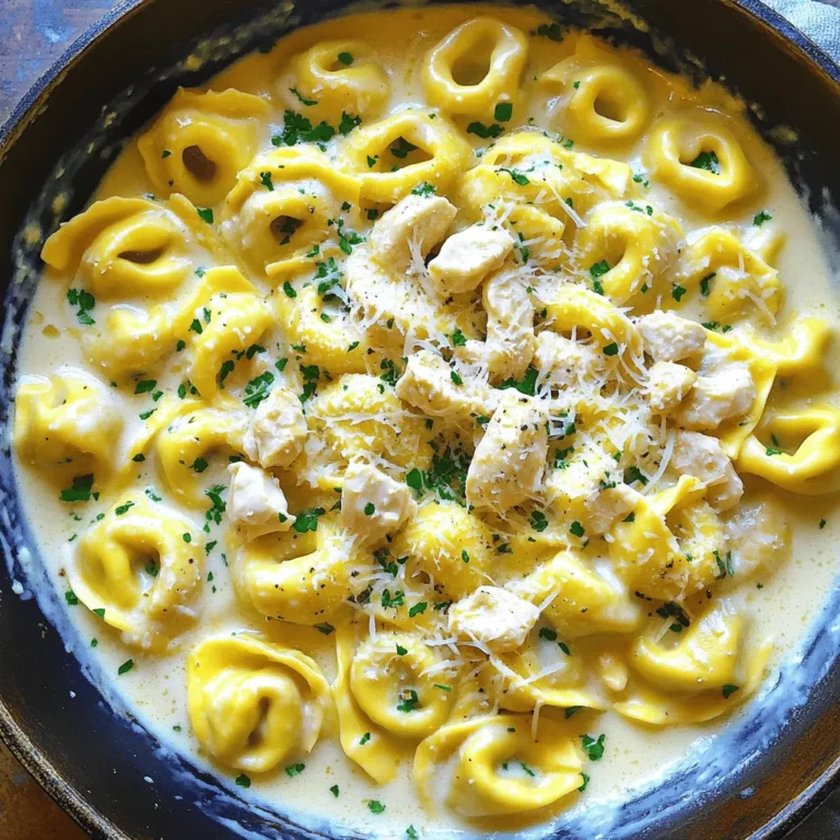 - 2 cups cheese tortellini (fresh or frozen) - 1 tablespoon olive oil - 1 pound boneless, skinless chicken breast, diced - 3 cloves garlic, minced - 1 cup heavy cream - 1 cup grated Parmesan cheese - 1 teaspoon Italian seasoning - Salt and pepper to taste - Fresh parsley To make creamy chicken Alfredo tortellini, gather all your ingredients first. This step keeps cooking smooth and fun. You can use fresh or frozen cheese tortellini. Both work great! I like to use diced chicken breast for protein. It cooks quickly and tastes great with the sauce. Garlic adds a nice punch to the dish. For the sauce, heavy cream gives it that rich texture. Grated Parmesan cheese thickens the sauce and adds flavor. Italian seasoning brings the dish together, while salt and pepper enhance all the tastes. If you want to add a fresh touch, consider garnishing with parsley. It looks pretty and adds a bit of color. Enjoy the process of cooking and feel free to mix in your favorite flavors! 1. Start by cooking the cheese tortellini. 2. Follow the package instructions carefully. 3. Once cooked, drain the tortellini and set it aside. 1. In a large skillet, heat one tablespoon of olive oil over medium heat. 2. Add the diced chicken breast to the skillet. 3. Season with salt and pepper to taste. 4. Cook the chicken for 7 to 10 minutes. 5. Make sure the chicken is no longer pink. 1. Add three cloves of minced garlic to the skillet. 2. Sauté the garlic for about one minute until fragrant. 3. Pour in one cup of heavy cream. 4. Stir well to combine the cream with the chicken and garlic. 5. Gradually add one cup of grated Parmesan cheese. 6. Keep stirring until the cheese melts and the sauce is smooth. 7. Stir in one teaspoon of Italian seasoning. 8. Adjust the taste with more salt and pepper if needed. 1. Add the cooked tortellini to the sauce in the skillet. 2. Toss gently to coat the tortellini in the sauce. 3. Let the mixture simmer for 2 to 3 minutes. 4. This allows the flavors to meld together beautifully. - Ensuring tender chicken: To keep your chicken juicy, do not overcook it. Cook it just until it turns white and is no longer pink inside. This takes about 7 to 10 minutes on medium heat. - Perfecting the sauce consistency: A creamy sauce is key. Stir in the heavy cream and cheese slowly. This helps the cheese melt evenly, making the sauce rich and smooth. - Overcooking tortellini: Be careful with your cooking time. Overcooked tortellini can become mushy. Follow the package instructions closely for the best texture. - Skipping seasoning adjustments: Always taste your sauce. After adding the Italian seasoning, adjust salt and pepper. Each ingredient has its own flavor, so balance is important. - Pairing with side dishes: This dish goes well with a fresh salad or garlic bread. These sides complement the creamy pasta and add variety. - Ideal plating tips: Use a wide bowl to serve. This allows you to show off the creamy sauce and garnishes. A sprinkle of fresh parsley on top adds color and freshness. {{image_2}} You can make this dish even better by using whole wheat tortellini. Whole wheat has more fiber and nutrients. It adds a nice nutty taste too. For a lighter sauce, try low-fat cream. This keeps the creamy texture while cutting calories. If you want a meatless meal, skip the chicken. Use fresh vegetables instead. Bell peppers, spinach, or mushrooms work great. You can also use plant-based cream to keep it creamy. This way, you get a rich taste without any meat. To boost flavors, add sun-dried tomatoes. They bring a sweet and tangy twist. Different cheeses can add depth too. Try mixing mozzarella or goat cheese with Parmesan. This will create an exciting taste that everyone will love. To store leftovers, place them in an airtight container. Make sure to cool the dish first. Keep it in the fridge for up to 3 days. If you want to enjoy it later, avoid leaving it out for too long. To prepare for freezing, let the dish cool completely. Then, scoop it into a freezer-safe container. Seal it tightly to prevent freezer burn. You can freeze it for up to 2 months. When reheating, let it thaw in the fridge overnight. Heat it in a skillet over medium heat, stirring gently. Add a splash of cream if the sauce is too thick. Enjoy your creamy chicken Alfredo tortellini just like fresh! To make creamy chicken Alfredo tortellini, you start by cooking the tortellini. You can use either fresh or frozen tortellini. While that cooks, heat olive oil in a skillet. Add diced chicken and cook it until it turns brown and no longer pink. Then, add minced garlic and sauté it for about one minute. Next, pour in heavy cream and stir it well. Gradually mix in grated Parmesan cheese until the sauce is smooth. Finally, toss in the cooked tortellini and let it simmer for a few minutes. Yes, you can use frozen tortellini! Just cook it according to the package instructions. Usually, it takes a few extra minutes. Once cooked, drain it and set it aside. Frozen tortellini tastes great and saves time. It’s a perfect shortcut for busy nights. If you want a lighter option, you can use half-and-half or whole milk. If you prefer a dairy-free choice, try coconut milk or a plant-based cream. These alternatives still create a nice sauce but may change the flavor a bit. Experiment to find what you like best! To check if the chicken is cooked through, use a meat thermometer. The chicken should reach an internal temperature of 165°F. If you don’t have a thermometer, cut into a piece. The meat should be white and juices should run clear. If it's still pink, cook it a bit longer. This blog showed you how to make creamy chicken Alfredo tortellini with ease. You learned about key ingredients like cheese tortellini and garlic. I also shared steps for cooking chicken and making a rich sauce. Remember to avoid common mistakes and try variations to suit your taste. Cooking should be fun and creative. Use these tips to make meals you love. Enjoy the process and share your delicious results!